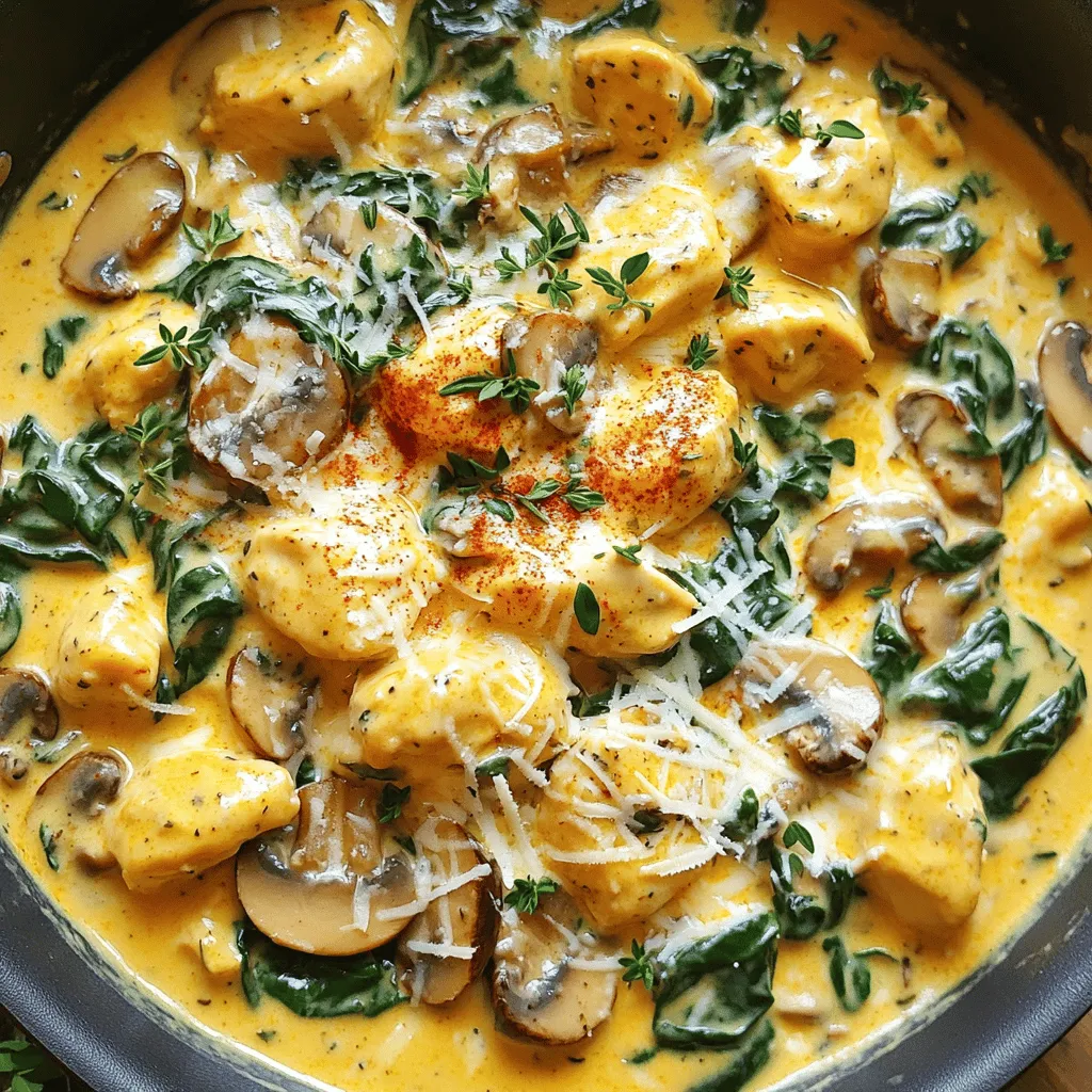 - 4 boneless, skinless chicken breasts - 1 tablespoon extra-virgin olive oil - 1 medium onion, finely chopped - 3 cloves garlic, minced - 1 cup fresh mushrooms, sliced - 1 cup fresh spinach leaves - 1 cup heavy cream - ½ cup low-sodium chicken broth - 1 teaspoon dried thyme - 1 teaspoon smoked paprika - Salt and black pepper to taste - 1 cup freshly grated Parmesan cheese - Fresh parsley for garnish - Additional vegetables (peppers, zucchini) - Different cheese varieties (cheddar, mozzarella) These ingredients come together to create a rich and creamy sauce. The chicken adds protein, while mushrooms and spinach provide texture and nutrients. You can easily adjust the recipe by adding veggies you love. Using different cheese can change the flavor too. I often experiment with cheddar for a sharp taste or mozzarella for creaminess. Remember, the Full Recipe provides all the steps to make this dish truly delightful. First, heat the olive oil in a large skillet over medium heat. Add the diced chicken and sauté for 7-8 minutes. Stir the chicken often until it's no longer pink. This step is key for juicy chicken. Once cooked, remove the chicken from the skillet and set it aside on a plate. In the same skillet, add the chopped onion. Sauté it for about 2-3 minutes until it turns soft and translucent. Next, stir in the minced garlic and cook for 1 more minute. This brings out a lovely aroma. After that, add the sliced mushrooms. Cook them for about 4-5 minutes, stirring occasionally. Wait until they become tender. Then, toss in the fresh spinach. Cook until it wilts, which takes about 2 minutes. Now it's time to bring it all together. Pour in the heavy cream and chicken broth. Mix them thoroughly with the veggies. Sprinkle in the dried thyme and smoked paprika. Season with salt and pepper to taste, and stir well. Return the cooked chicken to the skillet. Mix it with the creamy sauce to coat it evenly. Gradually add the grated Parmesan cheese. Stir continuously until the cheese melts. This takes about 2-3 minutes. Your creamy chicken delight is nearly ready! For the complete recipe, check the [Full Recipe] link. To keep the chicken tender, do not overcook it. Cook until it’s no longer pink. You can check by cutting a piece in half. Remove the chicken from the skillet to avoid drying it out. This keeps it juicy and full of flavor. For the sauce, you want a creamy texture. Start with heavy cream and chicken broth. Stir well to blend the flavors. If the sauce is too thick, add a bit more broth. If it's too thin, let it cook longer to thicken. Want to kick up the flavor? Try adding fresh herbs like basil or thyme. These herbs add a bright taste. You can also use spices such as red pepper flakes for heat. When choosing between fresh and dried ingredients, fresh works best for herbs. Dried herbs are good too, but use less. Generally, use one-third the amount of dried herbs compared to fresh. Creamy Chicken Delight pairs well with rice or pasta. These sides soak up the rich sauce nicely. You can also serve it with a fresh salad for a light touch. When serving, use a large bowl to show off the dish. Sprinkle fresh parsley on top for color. This adds a nice touch and makes it look gourmet. For a fun twist, serve with garlic bread on the side. For the complete recipe, check out the Full Recipe. {{image_4}} You can easily tailor this dish to fit your needs. To make it gluten-free, use gluten-free chicken broth. This simple swap keeps the flavors intact. For low-carb options, skip the heavy cream. Instead, mix in a creamy cauliflower puree for a lighter sauce. If you need a dairy-free version, try coconut milk. It adds a rich texture and a hint of sweetness. Silken tofu is another great choice for creaminess without the dairy. Both options work well and keep the dish satisfying. Want a little heat? Add some jalapeños or a dash of chili flakes. These ingredients bring a spicy kick that complements the creamy sauce. Adjust the amount to suit your taste. You can switch the chicken for turkey or shrimp for a different protein. Turkey works well with the same cooking method. Shrimp cooks quickly and adds a nice twist. Both options keep the dish exciting and flavorful. For an Italian flair, mix in sun-dried tomatoes and basil. This gives the dish a fresh, vibrant taste. You can also sprinkle in some Italian seasoning for extra depth. To adapt to Mediterranean flavors, consider olives and feta cheese. These ingredients add a briny contrast to the creamy sauce. You can customize this dish to fit any cuisine you love. Enjoy experimenting! For the full recipe, check out the detailed instructions and ingredients list. To store leftovers, let the dish cool down first. Once cool, place it in an airtight container. This helps keep the Creamy Chicken Delight fresh. You can store it in the fridge for up to three days. Use glass or plastic containers that seal well. Avoid metal containers, as they may react with the food. Label the container with the date, so you know how long it has been stored. When reheating, aim to keep the dish creamy and delicious. The best method is using the stovetop. Put the leftovers in a skillet over low heat. Stir often to warm evenly without burning. If you choose the microwave, use a microwave-safe bowl. Heat for short intervals, about one minute at a time. Stir in between to prevent hot spots and keep the texture nice. You can try several sides with Creamy Chicken Delight. Here are a few ideas: - Rice: White or brown rice works well to soak up the sauce. - Pasta: Serve it over fettuccine or penne for a hearty meal. - Mashed Potatoes: Creamy potatoes add a nice touch. - Steamed Vegetables: Broccoli or green beans add color and nutrients. - Salad: A light salad with greens balances the rich flavors. These sides make a great match for the creamy sauce and chicken. To prep Creamy Chicken Delight in advance, follow these steps: 1. Chicken: Dice and season the chicken. Store in the fridge for up to one day. 2. Veggies: Chop onions, garlic, and mushrooms. Keep them in an airtight container. 3. Sauce: Mix cream, broth, and spices. Store it separately in the fridge. When you're ready to cook, just combine everything in the skillet. It saves time and makes dinner easier. Yes, you can freeze Creamy Chicken Delight. Here’s how: - Cool Down: Let the dish cool completely before freezing. - Portion Out: Place in airtight containers for easy serving. - Label: Write the date on the container for reference. To reheat, thaw overnight in the fridge. Then heat on the stove until warm. This way, you still enjoy that creamy goodness! Adjusting the serving size is simple. Here's what to do: - For More Servings: Multiply each ingredient by the number of servings needed. - For Fewer Servings: Divide each ingredient by the same number. Use measuring tools for accuracy. This keeps your dish balanced and tasty. You can easily adapt the recipe to fit any size gathering. In this post, we explored how to create a tasty Creamy Chicken Delight. We covered necessary ingredients, detailed cooking steps, and shared helpful tips. Variations let you adjust flavors and accommodate diets. Storage advice ensures your leftovers stay fresh. Try making this dish your way. It’s easy to modify, and the results are delicious. Enjoy bringing this simple yet rich meal to your table!