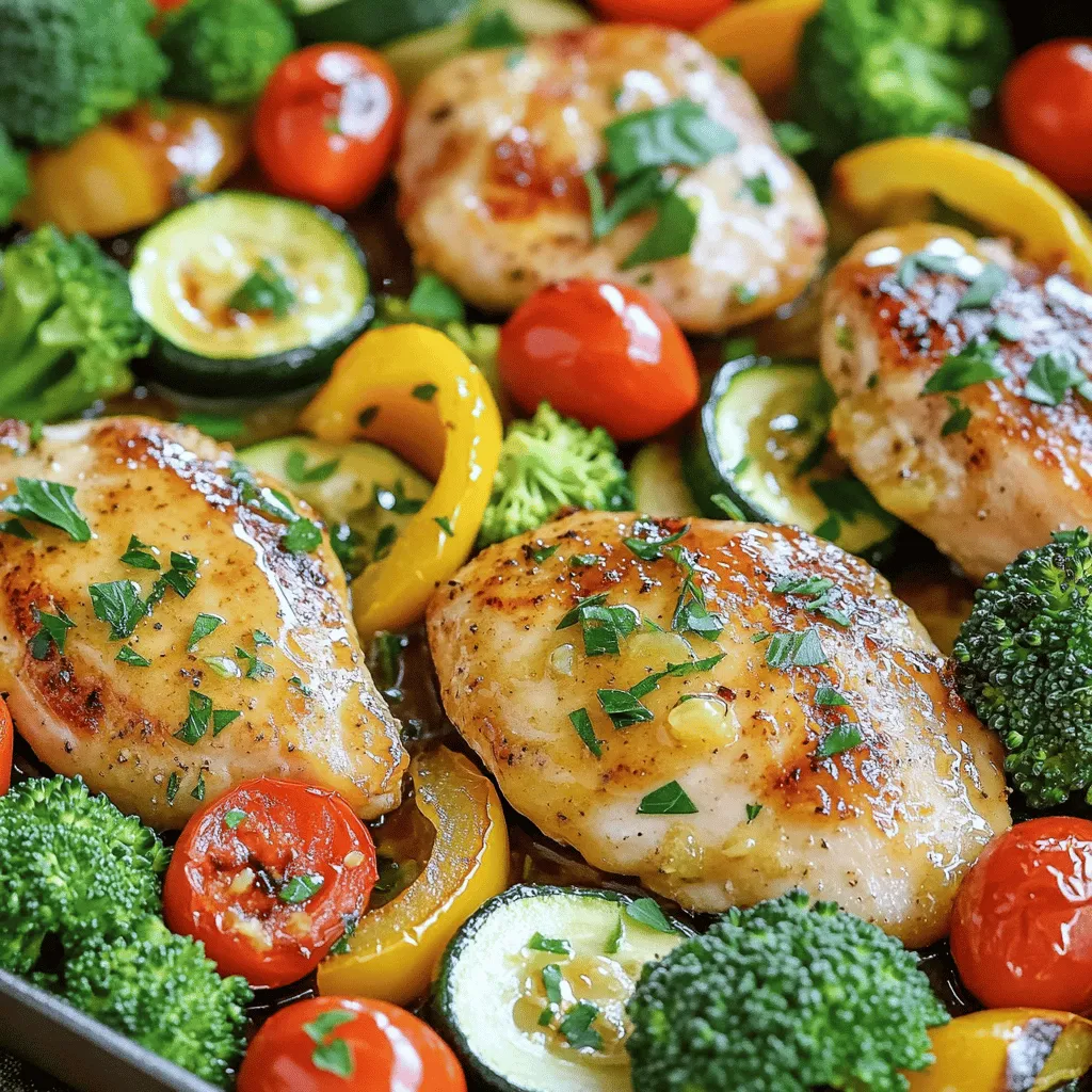 - Boneless skinless chicken breasts - Fresh vegetables: bell pepper, zucchini, cherry tomatoes, broccoli - Olive oil, garlic, lemon juice and zest - Oregano, smoked paprika, salt, and pepper - Fresh parsley for color and flavor To create One-Pan Lemon Garlic Chicken and Veggies, you need simple yet fresh ingredients. The main stars are the boneless skinless chicken breasts, which you can find at any grocery store. They cook evenly and stay juicy. For the veggies, I love using a colorful mix. Bell peppers, zucchini, cherry tomatoes, and broccoli add both nutrition and vibrancy to the dish. You can also switch these out based on what you like or have on hand. Seasonal veggies work great too! Now, let’s talk about the marinade. This is where the magic happens! You’ll combine olive oil with minced garlic, lemon juice, and zest. This mix gives a bright, zesty flavor that pairs perfectly with chicken. Add in dried oregano and smoked paprika for a warm, earthy note. Don’t forget salt and pepper to enhance all these flavors. For a finishing touch, sprinkle fresh parsley over the dish before serving. It adds a lovely pop of color and fresh taste. This simple step makes your dish look like it came from a restaurant. Follow the [Full Recipe] for detailed steps to bring this dish to life! - Preheat oven to 400°F (200°C). - In a small bowl, mix olive oil, minced garlic, lemon juice, lemon zest, oregano, smoked paprika, salt, and pepper. Whisk until blended. - Place chicken breasts in a large bowl. - Pour half the marinade over the chicken. - Toss the chicken to coat it evenly. - Marinate for at least 15 minutes. For better flavor, marinate up to an hour. - On a large baking sheet, lay out the sliced bell pepper, zucchini, cherry tomatoes, and broccoli. - Drizzle the remaining marinade over the vegetables. - Toss gently to coat all the veggies with the marinade. - Push the vegetables to the sides, leaving space in the center for the chicken. - Place the chicken breasts in the center of the baking sheet. - Insert the baking sheet into the oven. - Bake for 25-30 minutes. Check that chicken reaches an internal temperature of 165°F (75°C). The veggies should be tender. - Remove the baking sheet from the oven. - Let the dish rest for about 5 minutes. This allows the juices to redistribute in the chicken. - Before serving, sprinkle freshly chopped parsley on top for color. Serve warm for a tasty meal. For the complete recipe, check out the Full Recipe. For the best flavor, marinate your chicken for at least 15 minutes. If you have more time, let it sit for up to an hour. This helps the chicken soak up the garlic and lemon flavors. To coat the chicken evenly, pour half of your marinade over the chicken in a bowl. Use your hands or tongs to toss it well. Make sure every piece gets coated nicely. You can switch up the veggies based on what's in season. Try asparagus in spring or squash in fall. If you use frozen vegetables, make sure they are thawed first. This prevents extra water from making your dish soggy. Just toss them with your marinade like fresh ones. Serve your dish straight from the baking sheet for a casual vibe. It also makes clean-up easy! For a fancier look, transfer everything to a large platter. Arrange the chicken and veggies so they look colorful and inviting. Add a lemon wedge on the side for an extra pop of color and flavor. This small touch can make your meal look even more appealing. {{image_4}} You can elevate your dish with a sprinkle of cheese. Feta or goat cheese adds a creamy touch. For zesty alternatives to classic lemon, try lime or orange juice. These fruits give a fresh twist to the dish. You can swap chicken for shrimp or tofu. If using shrimp, cook for less time—about 15-20 minutes. For tofu, press it to remove water and cut it into cubes. Bake the tofu for around 25-30 minutes to get it crispy. Adding spices from different cuisines can change the flavor. Try cumin or curry powder for an Indian flair. For a Mediterranean touch, add oregano or thyme. Pair these variations with rice or quinoa for a complete meal. To keep your One-Pan Lemon Garlic Chicken and Veggies fresh, use airtight containers. Glass or BPA-free plastic containers work best. Store the dish in the fridge for up to three days. After that, the flavors may fade and the texture can change. To reheat your dish, use the oven or microwave. For the oven, preheat to 350°F (175°C) and bake for about 10-15 minutes. This helps keep the chicken moist. If using a microwave, cover the dish with a damp paper towel. Heat in 30-second intervals until warm. This method helps keep the veggies crisp. You can freeze your One-Pan Lemon Garlic Chicken and Veggies for later use. Place cooled portions into freezer-safe bags or containers. Be sure to remove as much air as possible. Your dish will stay fresh for about three months. To thaw, place it in the fridge overnight. Reheat as described above for the best flavor and texture. You can prepare this dish ahead of time. First, marinate the chicken as described in the recipe. After marinating, store the chicken and veggies in separate containers. Keep them in the fridge for up to two days. When ready to cook, preheat the oven and arrange everything on a baking sheet. Bake as per the recipe instructions. This method saves time and keeps the flavors fresh. Yes, you can use chicken thighs. They have more fat, so they stay moist. Adjust the baking time. Chicken thighs usually need an extra 5-10 minutes to cook. Make sure they reach the safe internal temperature of 165°F (75°C). The flavors from the marinade will still shine through. This dish pairs well with many sides. Here are some ideas: - Rice or quinoa for a hearty base - A fresh green salad for crunch - Garlic bread for a comforting touch - Roasted potatoes for added texture These sides complement the lemon garlic flavor perfectly. You can store leftovers in an airtight container. They last in the fridge for 3-4 days. To keep them fresh, ensure they cool completely before sealing. Reheat in the oven or microwave, but be careful not to overcook. This way, you keep the dish tasty and enjoyable. This blog post covered making One-Pan Lemon Garlic Chicken and Veggies. We explored the tasty ingredients, from chicken to colorful veggies. You learned how to marinate and bake them to perfection. I shared tips for presentation and storage, plus some fun variations for added flavor. Cooking can be simple and fun. Don't be afraid to try new spins on this dish! Your kitchen adventures will lead to many delicious meals.