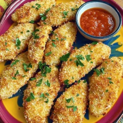 To make the Oven-Baked Crispy Parmesan Chicken Tenders, gather the following ingredients: - 1 pound chicken tenderloins - 1 cup panko breadcrumbs - ½ cup freshly grated Parmesan cheese - 1 teaspoon garlic powder - 1 teaspoon onion powder - ½ teaspoon smoked paprika - ½ teaspoon dried oregano - Salt and freshly ground black pepper to taste - 2 large eggs - 1 tablespoon Dijon mustard - Cooking spray or a drizzle of olive oil for greasing These chicken tenders are not only tasty but also provide good nutrition. Each serving offers a balance of protein and healthy fats. Here’s a quick breakdown per serving: - Calories: 350 - Protein: 30g - Carbohydrates: 20g - Fat: 15g - Fiber: 1g This makes them a filling choice for lunch or dinner. If you don’t have cooking spray, you can use olive oil. Here are a few options: - Use a small drizzle of olive oil to coat the baking sheet. - Brush the baking sheet with melted butter for extra flavor. - Use coconut oil for a different taste. These alternatives work well to keep the chicken tenders from sticking. First, set your oven to 400°F (200°C). This high heat helps the chicken turn crispy. While the oven heats, grab a baking sheet. Line it with parchment paper to keep the chicken from sticking. Lightly spray the sheet with cooking spray or drizzle a bit of olive oil over it. This step is key for a nice crust. In a medium bowl, combine the dry ingredients. Add 1 cup of panko breadcrumbs, ½ cup of grated Parmesan cheese, and the spices: 1 teaspoon each of garlic powder and onion powder, ½ teaspoon each of smoked paprika and dried oregano, plus salt and pepper to taste. Mix these well so the flavors blend. In a smaller bowl, whisk together 2 large eggs and 1 tablespoon of Dijon mustard. This mixture will help the breadcrumbs stick to the chicken. Take each chicken tenderloin and dip it into the egg mix. Let any extra egg drip back into the bowl. Then, coat the tender in the breadcrumb mix. Press the crumbs onto the chicken gently. This helps them stick better. Once coated, place the tenders on your prepared baking sheet. After coating all the tenders, lightly spray or drizzle a bit of olive oil on top. This helps them turn golden brown while baking. Bake the chicken tenders for 15-20 minutes. Flip them halfway through for even crispiness. After baking, let them rest for a few minutes. This helps keep the chicken juicy before you serve. For more details, check the Full Recipe. To get your chicken tenders super crispy, use panko breadcrumbs. They are light and airier than regular breadcrumbs. This gives a perfect crunch. Make sure to coat the tenders well. Press the breadcrumbs firmly onto the chicken. This helps them stick. A light spray of cooking oil before baking adds to the crunch. Flip the tenders halfway through baking. This ensures even crispiness all around. You can change the flavor by adjusting the spices. If you like heat, add cayenne pepper or chili powder. For a fresh taste, try adding lemon zest. Mix in some fresh herbs like thyme or basil for extra flavor. Tasting your breadcrumb mix is key. Make sure it has the right blend for your palate. Don’t forget to season your chicken with salt and pepper too. This builds a solid flavor base. Serve your chicken tenders on a colorful platter. Add a bowl of marinara or ranch for dipping. Fresh parsley can brighten the dish. For a fun twist, try them in a sandwich with lettuce and tomato. You can also pair them with a side salad or steamed veggies. They make a great meal for kids and adults alike. For more cooking ideas, check the Full Recipe. {{image_4}} You can switch out chicken tenderloins for chicken breasts or thighs. Chicken breasts are leaner, while thighs are juicier. If you use breasts, cut them into strips. This helps them cook evenly. For thighs, trim off excess fat before cutting. Both options will still work great with the crispy coating. Adjust baking time if the pieces are thicker. While Parmesan shines in this recipe, feel free to mix it up. You can try mozzarella for a gooey texture. Cheddar adds a sharp flavor that many love. Feta cheese gives a salty kick. Just remember, if you use softer cheeses, they might not crisp as well. Choose hard cheeses for the best crunch. For a gluten-free version, swap panko breadcrumbs with gluten-free options. Many brands offer gluten-free panko that tastes great. You can also use crushed cornflakes or almond flour as a coating. Both provide crunch and flavor. Just check the labels to ensure they are truly gluten-free. Enjoy your crispy chicken tenders without worry! For the full recipe, check out the original guide. Store any leftover chicken tenders in an airtight container. This keeps them fresh and tasty. Let them cool down first before sealing. You can store them in the fridge for about three days. If you want to keep them longer, consider freezing. To reheat and keep your chicken tenders crispy, use an oven or air fryer. Preheat your oven to 375°F (190°C) for about 10 minutes. Place the chicken tenders on a baking sheet. Heat for about 10-15 minutes. This will help them regain their crunch. If using an air fryer, set it to 375°F and cook for about 5-7 minutes. You can freeze these chicken tenders if you want to save some for later. Cool them completely before freezing. Place them in a single layer on a baking sheet and freeze for about 1 hour. Once they are solid, transfer them to a freezer bag. They can last for up to three months in the freezer. When ready to eat, bake them straight from frozen. Just add a few extra minutes to the cooking time. For the full recipe, check out the earlier section. Oven-baked chicken tenders stay tasty for about 3 to 4 days. Store them in an airtight container in the fridge. This keeps them fresh. If you notice any changes in smell or color, it's best to toss them. Yes, you can pre-make these chicken tenders! Coat the chicken and place them on a baking sheet. Cover the sheet with plastic wrap and store it in the fridge. You can bake them later. Just remember to add a few extra minutes to the baking time if they are cold. Crispy parmesan chicken tenders pair well with many sides. Here are some ideas: - Fresh salad with a light vinaigrette - Crispy fries or sweet potato fries - Creamy mashed potatoes - Roasted vegetables like broccoli or carrots - Dipping sauces such as marinara or ranch These options make your meal more fun and delicious. You can mix and match to suit your taste. Enjoy the versatility of this dish! If you're curious about the full recipe, check it out for more details. In this post, I shared how to make oven-baked chicken tenders. We covered the key ingredients, step-by-step instructions, and tips to ensure crispiness. You learned about variations, storage options, and answered common questions. Remember, these chicken tenders are easy to customize and perfect for any meal. Keep experimenting with flavors and enjoy your tasty dishes!