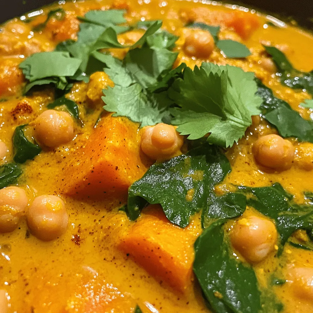 - 1 large sweet potato, peeled and diced into 1-inch cubes - 1 cup canned chickpeas, thoroughly drained and rinsed - 1 cup red lentils, rinsed under cold water until the water runs clear - 1 medium onion, finely chopped - 2 garlic cloves, minced - 1 teaspoon fresh ginger, finely grated - 1 teaspoon ground cumin - 1 teaspoon ground coriander - 1/2 teaspoon turmeric powder - 4 cups low-sodium vegetable broth - 1 can (14 oz) full-fat coconut milk - 2 cups fresh spinach, roughly chopped - Salt and freshly cracked pepper to taste - 2 tablespoons extra-virgin olive oil - Fresh cilantro leaves for garnish Using fresh ingredients makes a big difference in flavor. Fresh sweet potatoes are sweet and creamy. They add a lovely texture. Canned chickpeas provide a hearty base. They are easy to use and full of protein. Fresh spinach brings a bright color and nutrients. Each ingredient enhances the soup's taste. Quality ingredients lead to great results. You’ll notice the freshness in every bite. If you have allergies, don't worry! You can make simple changes. Instead of coconut milk, use almond or oat milk for creaminess. If you are allergic to legumes, try diced zucchini or cauliflower. For gluten-free options, ensure your broth is certified gluten-free. These swaps keep the soup tasty while meeting your needs. Enjoy the same warm comfort without worry. You can still savor this delicious soup! To make this savory soup, gather all your ingredients first. This will help you cook smoothly. Chop your sweet potato, onion, and garlic. Rinse the chickpeas and lentils well. Set everything on your counter for easy access. 1. Heat the olive oil in a large pot over medium heat. 2. Add the chopped onion and sauté it for about 5 minutes. Cook until it’s soft and clear. 3. Next, add the minced garlic and grated ginger. Sauté for 2 more minutes. This makes it fragrant. 4. Now, add the diced sweet potato. Stir it in and cook for 5 minutes. The sweet potato should start to soften. 5. Sprinkle in the ground cumin, coriander, and turmeric. Stir well to coat the sweet potatoes. 6. Pour in the drained chickpeas and rinsed red lentils. Follow this with the vegetable broth. 7. Turn up the heat to bring the mixture to a boil. Once it boils, lower the heat and cover the pot. 8. Let it simmer for 20-25 minutes. The lentils and sweet potato should be tender. 9. Carefully add the coconut milk. Stir until it mixes well. Let it simmer for 5 more minutes. 10. Finally, stir in the chopped spinach. Cook for 2 minutes until it wilts. To get the best texture, make sure to cook the lentils just until tender. Overcooking can make them mushy. If the soup looks too thick, add a bit more broth or water. For a creamier soup, blend a portion before serving. This will give it a smooth feel without losing the chunky bits. Enjoy this delightful dish with your favorite bread or on its own! For the full recipe, check out the delightful Sweet Potato, Chickpea, and Red Lentil Bliss. To boost flavor and aroma, use fresh herbs and spices. Fresh ginger adds warmth, while cumin gives depth. Try adding a splash of lemon juice before serving. This brightens the soup and adds a zing. Don't forget to sauté the onion and garlic until golden. This step unlocks their best flavors and creates a savory base. When cooking lentils, rinse them well before use. This removes any dust and helps them cook evenly. For this soup, use red lentils, as they cook quickly and break down nicely. Keep an eye on the pot. Lentils can overcook fast, turning mushy. Aim for a tender texture that holds its shape. Store leftovers in an airtight container. This keeps the soup fresh and prevents spills. It lasts up to four days in the fridge. If you want to save it longer, freeze it. Divide into portions for easy meals later. Thaw in the fridge overnight before reheating. This soup tastes even better the next day! Enjoy the rich flavors with your favorite bread. Check out the Full Recipe for more details on this delicious dish! {{image_4}} This soup is already vegetarian and vegan. You can keep it plant-based by using vegetable broth and coconut milk. If you want a creamier texture, use more coconut milk. You can also add a splash of lemon juice for extra brightness. This soup is very flexible, so feel free to get creative with your additions. If you love heat, add diced jalapeños or a pinch of cayenne pepper. For a milder option, skip the heat and focus on the spices like cumin and coriander. You can also experiment with smoked paprika for a warm flavor boost. Always taste as you go to find your favorite heat level. Do you want to switch things up? You could use quinoa instead of red lentils for a different texture and extra protein. Swap sweet potato for butternut squash for a similar sweetness. If you prefer, use kale instead of spinach for added nutrients. Each swap will change the soup's flavor, so enjoy exploring new tastes! For the full recipe, check out the Sweet Potato, Chickpea, and Red Lentil Bliss. To store your soup, let it cool first. Pour the soup into an airtight container. Seal it well to keep out air. Place the container in the fridge. Enjoy your soup within four days for the best taste. If you want to freeze the soup, use freezer-safe containers. Leave some space at the top since the soup will expand. The soup can last for up to three months in the freezer. To reheat, thaw it overnight in the fridge. Heat it gently on the stove or in the microwave. Stir well to make sure it's warm throughout. The shelf life of your soup is about four days in the fridge. Always check for signs of spoilage. If it smells sour or looks strange, it’s best to throw it away. For the best flavor, eat your soup within the first two days. This way, you can enjoy it at its peak taste. For the full recipe, check out Sweet Potato, Chickpea, and Red Lentil Bliss. You can serve this soup with a few tasty sides. Here are some ideas: - Crusty bread for dipping - A fresh side salad with lemon dressing - Grilled cheese sandwiches for a cozy combo - Rice or quinoa for extra texture These sides will enhance your soup experience. They add flavor and make the meal more complete. To boost the heartiness of your soup, try these simple tips: - Add more chickpeas or lentils for extra protein. - Stir in cooked rice or quinoa for more substance. - Include diced vegetables like carrots or zucchini. - Top with avocado slices for creaminess. These changes make the soup more satisfying while keeping it healthy. Each ingredient in this soup packs a nutritional punch: - Sweet Potatoes: Rich in vitamins A and C, plus fiber. - Chickpeas: Good source of protein and fiber, which aids digestion. - Red Lentils: High in protein, iron, and folate. - Spinach: Loaded with vitamins K and A, plus antioxidants. - Coconut Milk: Provides healthy fats that support heart health. Together, these ingredients create a delicious and nutritious meal. For the full recipe, check out the Sweet Potato, Chickpea, and Red Lentil Bliss. This sweet potato, chickpea, and red lentil soup offers great flavor and nutrition. Using fresh ingredients makes a big difference in taste. Don't forget the tips for cooking lentils and enhancing flavors! Explore variations to suit your diet and spice preferences. Storing leftovers correctly helps keep this soup tasty and fresh. With these tips, you can cook and enjoy this delicious soup anytime. Try it out, and you'll see how easy and fun it is to make healthy meals at home.