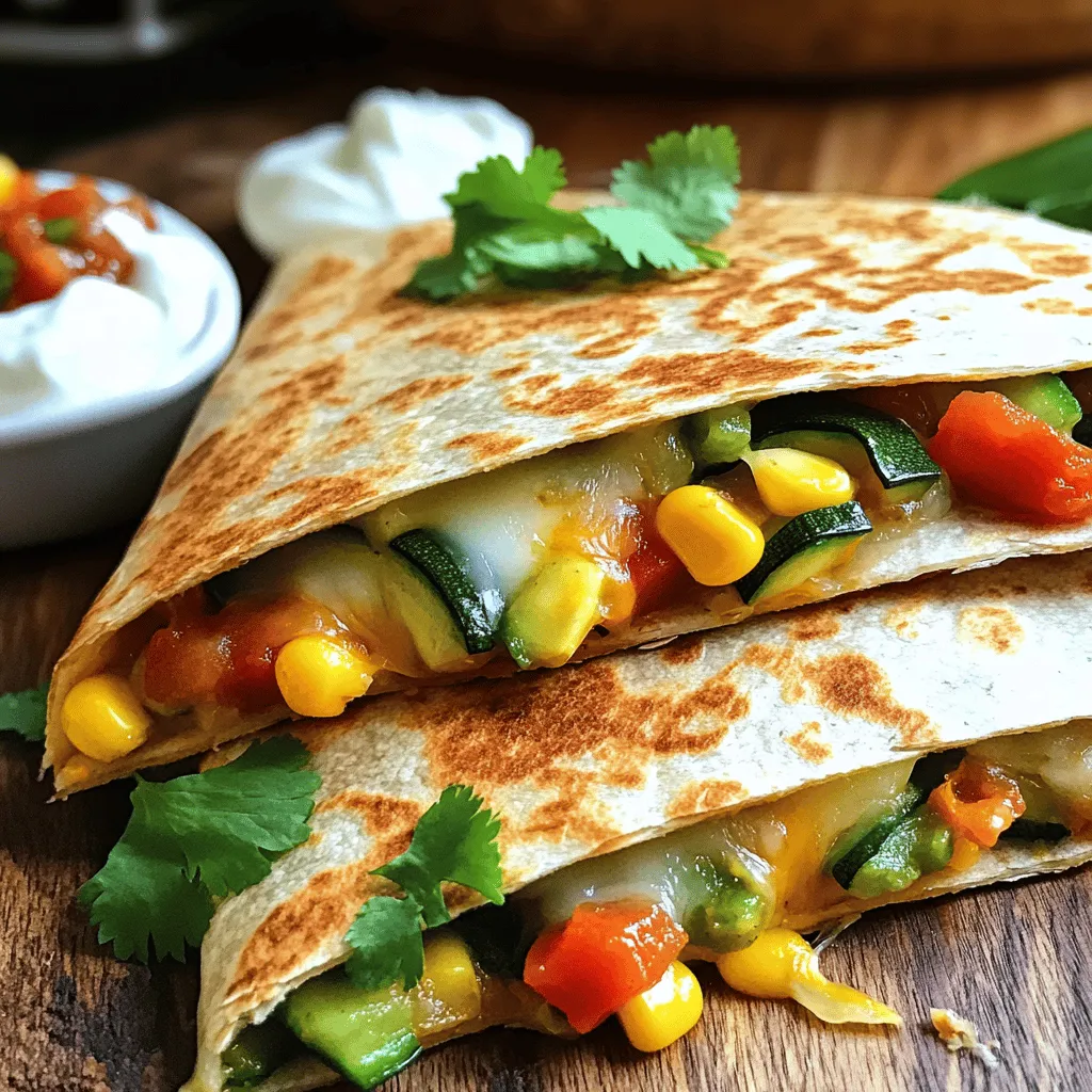 To make your easy veggie quesadillas, you need a few simple items: - 4 whole wheat tortillas - 1 cup shredded cheese (cheddar or Monterey Jack works best) - 1/2 cup bell peppers, thinly sliced (mix colors for fun) - 1/2 cup zucchini, sliced into half-moons - 1/2 cup corn (fresh, canned, or frozen) - 1/4 cup red onion, finely chopped - 1 teaspoon olive oil Flavor is key in this dish. Here are the seasonings you'll want: - 1 teaspoon ground cumin - 1 teaspoon chili powder - Salt and pepper to taste - Fresh cilantro, chopped (for garnish) - Salsa and sour cream (for dipping) With these ingredients, you can create a tasty meal. The whole wheat tortillas add fiber. The cheese melts nicely, making each bite creamy. Fresh veggies bring crunch and color. You can find the full recipe in the next section for more detailed steps. Now, let's get cooking! 1. First, heat one teaspoon of olive oil in a large skillet over medium heat. 2. Once the oil is hot, add 1/4 cup of finely chopped red onion and 1/2 cup of thinly sliced bell peppers. 3. Sauté these vegetables for about 3 to 4 minutes. Stir them often until they soften and smell great. 4. Next, add 1/2 cup of sliced zucchini and 1/2 cup of corn to the skillet. 5. Season the mix with one teaspoon of ground cumin, one teaspoon of chili powder, and salt and pepper to taste. 6. Keep cooking for another 3 to 4 minutes until all the veggies are tender. Then, remove the skillet from the heat and set the veggie mixture aside. 1. Place one whole wheat tortilla in the skillet over medium heat. 2. Sprinkle half of a cup of shredded cheese on one half of the tortilla. 3. Spoon some of the cooked veggie mix on top of the cheese. 4. Finish the filling with the remaining cheese, ensuring it melts well. 5. Carefully fold the tortilla in half to cover the filling. 6. Cook for 2 to 3 minutes on one side until it turns golden and crispy. 7. Flip the quesadilla gently and cook for another 2 to 3 minutes on the other side. 1. Once both sides are crispy, transfer the quesadilla to a cutting board. 2. Let it cool for a minute, then slice it into wedges using a sharp knife. 3. Repeat this process with the remaining tortillas and filling. 4. Serve the quesadillas warm. Garnish with fresh cilantro. 5. Offer salsa and sour cream on the side for dipping. For the full recipe, check the details above. Enjoy creating these easy veggie quesadillas! To get crispy quesadillas, heat your skillet well before adding anything. A hot skillet gives a nice crunch. Use medium heat to avoid burning. Cook each side until golden brown. This makes sure they stay crispy. Soggy tortillas ruin the fun. To prevent this, avoid overfilling your quesadillas. Keep the veggie filling to a minimum. You can also let the filling cool slightly before adding it to the tortilla. A warm filling is great, but too much moisture can make the tortilla soggy. You can switch up the ingredients to match your taste. Love mushrooms? Add them! Prefer spinach? Toss it in! Here are some ideas: - Use different cheeses like pepper jack for a kick. - Replace bell peppers with jalapeños for extra heat. - Try adding black beans for protein. If you enjoy spice, adjust the heat. Add more chili powder or some cayenne pepper. You can also serve with hot salsa. This lets you control how spicy each bite is. For a full recipe, explore the delightful veggie quesadillas to create your own tasty meal! {{image_4}} When it comes to cheese, you have many choices. You can blend different cheeses for extra flavor. I love using a mix of cheddar and Monterey Jack. This combo melts perfectly and adds a rich taste. If you prefer non-dairy cheese, there are great options available. Look for brands that melt well. These can add creamy texture and flavor to your quesadillas. You can make your quesadillas even better by adding more fillings. Beans are a fantastic choice. They add protein and make the dish more filling. If you want meat, cooked chicken works great too. Don’t forget about other veggies! Spinach, mushrooms, or even sweet potatoes can add fun flavors. Feel free to mix and match your favorite ingredients. This way, every quesadilla can be unique. For the full recipe, check out the Delightful Veggie Quesadillas. To keep your leftover quesadillas fresh, store them well. - Refrigeration methods: Wrap each quesadilla in plastic wrap or foil. Place them in an airtight container. These can last in the fridge for about 3 days. - Freezing instructions: For longer storage, freeze them. Wrap each quesadilla in plastic wrap, then place them in a freezer bag. Remove as much air as you can. They can stay frozen for up to 3 months. You want to enjoy crispy quesadillas again. Here are my best tips. - Best practices for maintaining crispiness: Before reheating, let the quesadillas sit at room temperature for a few minutes. This helps keep them from being soggy. - Microwave vs. skillet reheating: The microwave is quick but can make them soft. For crispiness, use a skillet. Heat the skillet over medium heat and add the quesadilla. Cook for about 2-3 minutes on each side. This method gives you that great crunch. Try these methods to enjoy your veggie quesadillas anytime! For the full recipe, check out the Delightful Veggie Quesadillas section. To make veggie quesadillas vegan, you can easily substitute cheese with plant-based options. Look for vegan cheese brands that melt well. Often, cashew cheese or nutritional yeast can work nicely too. For fillings, add more plant-based ingredients. Consider black beans, spinach, or mushrooms. These not only add flavor but also boost nutrition. You can mix and match your favorite veggies for a tasty twist. Yes, you can prepare these quesadillas ahead of time. Simply cook the filling and let it cool. Then, assemble the quesadillas with the filling and cheese. Wrap them tightly in plastic wrap or foil. Store them in the fridge for up to three days. When you’re ready to eat, just cook them in a skillet until crispy. Veggie quesadillas pair well with various sides. You can serve them with fresh salsa for a kick. Guacamole is another great option for creaminess. Add a simple salad or some rice on the side for a complete meal. These sides help balance the flavors and make your meal more filling. Enjoy with a refreshing drink to round out your feast! For the complete recipe, check out the [Full Recipe]. Veggie quesadillas are easy to make and fun to customize. We discussed key ingredients like whole wheat tortillas, cheese, and vegetables. I shared how to prepare and assemble these tasty meals. You can add spices and choose your favorite garnishes. Remember to keep them crispy and explore different fillings. With proper storage, you can enjoy leftovers too. These quesadillas are perfect for all diets and busy lives. Try making them your own and enjoy every bite!