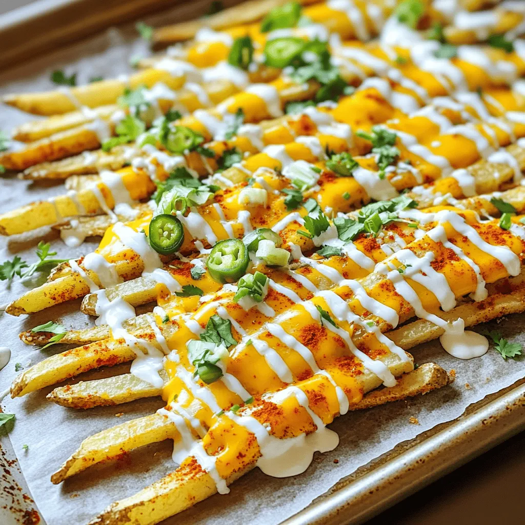 - 4 large russet potatoes - 2 tablespoons olive oil - 1 teaspoon paprika - 1 teaspoon smoked paprika - 1 teaspoon garlic powder - 1 teaspoon onion powder - ½ teaspoon cayenne pepper (adjust based on your heat preference) - Salt and pepper to taste - 1 cup shredded cheddar cheese - ½ cup sour cream - ¼ cup chopped green onions - 2 tablespoons fresh cilantro, chopped - 1 small jalapeño, sliced (optional, for a spicy kick) Russet potatoes make the best fries. They are starchy and crisp up nicely. Olive oil adds richness and helps seasonings stick. Paprika and smoked paprika give a warm, smoky flavor. Garlic and onion powders add depth to the spices. Cayenne pepper gives it a nice kick, so adjust based on your taste. If you need to avoid dairy, swap cheddar cheese with a vegan cheese. For a lighter option, use Greek yogurt instead of sour cream. Chopped green onions and cilantro add freshness and color. If you want more heat, add sliced jalapeño for a spicy touch. This ingredient list is key to making your Voodoo Fries bold and flavorful. Check out the Full Recipe for more on how to put it all together! 1. First, preheat your oven to 425°F (220°C). This helps the fries cook evenly. 2. Prepare your baking sheet by lining it with parchment paper. This keeps the fries from sticking. 3. Next, wash the russet potatoes well. Scrub them to remove any dirt. 4. Peel the potatoes if you prefer. Then slice them into thin fries. Aim for about 1/4 inch thick. This size ensures they cook nicely. 1. In a large mixing bowl, add the cut potato fries. 2. Drizzle 2 tablespoons of olive oil over the fries. 3. Now, add the spices: 1 teaspoon of paprika, smoked paprika, garlic powder, and onion powder. 4. Add ½ teaspoon of cayenne pepper. Adjust this based on how spicy you want your fries. 5. Don’t forget a generous pinch of salt and pepper. 6. Toss everything together. Make sure each fry gets a good coat of seasoning. This step is key for great flavor! 1. Spread the seasoned fries in a single layer on your baking sheet. 2. Bake them in the oven for 30 to 35 minutes. Halfway through, turn the fries over for even cooking. 3. When they are golden brown and crispy, take them out. 4. Sprinkle 1 cup of shredded cheddar cheese over the hot fries. 5. Put them back in the oven for 5 more minutes. Wait until the cheese melts and bubbles. 6. Once done, remove them and drizzle with ½ cup of sour cream. 7. Top your fries with ¼ cup of chopped green onions and 2 tablespoons of fresh cilantro. 8. For a spicy kick, add sliced jalapeños if you like. 9. Serve your Voodoo Fries right away for the best taste! For the complete recipe, check out the Full Recipe section above. To make great Voodoo Fries, you can choose between the oven or an air fryer. The oven gives you crispy fries with a nice, even cook. If you use an air fryer, your fries will be lighter and even crispier. Just cut your cooking time down a bit, and keep an eye on them. When it comes to cutting the potatoes, uniformity is key. Aim for slices that are about 1/4 inch thick. This helps them cook evenly. A sharp knife works best, and a mandoline slicer can make it even easier. If the fries are too thick, they may be soft inside. If they are too thin, they may burn. Now, let’s talk about toppings. Besides cheese and sour cream, you can get creative! Consider using guacamole, pico de gallo, or even pulled pork. Each adds a new twist. For dips, try pairing your Voodoo Fries with ranch dressing, spicy ketchup, or a zesty aioli. These flavors match beautifully. If you want to include drinks, a cold beer or a tangy soda works well. Enjoy your bold and flavorful fries! {{image_4}} You can change up Voodoo Fries in many fun ways. Try different spices to mix things up. For a spicy twist, add more cayenne or some chili powder. You can also try a blend of ranch seasoning or taco seasoning for a new taste. If you want a vegan or dairy-free option, skip the cheese and sour cream. Use dairy-free cheese or a creamy avocado sauce instead. Nutritional yeast can add a cheesy flavor without the dairy. Voodoo Fries are great as a main dish or an appetizer. You can load them with different toppings. Add pulled pork, grilled chicken, or beef for a hearty meal. You can also top them with guacamole or salsa for a fresh touch. Serve them in a big bowl for sharing or in smaller portions for a party. Pair them with dips like ranch, ketchup, or spicy mayo. Voodoo Fries are sure to please everyone at your table! To keep Voodoo Fries fresh, follow these steps: - Refrigerate: Place fries in an airtight container. - Freeze: Spread fries on a baking sheet. Freeze for 1-2 hours, then transfer to a bag. For reheating, use an oven. Preheat to 400°F (200°C). Bake for about 10-15 minutes. This helps them stay crispy. Avoid microwaving as it makes them soggy. In the fridge, Voodoo Fries last about 3-5 days. Check for signs of spoilage, like off smells or discoloration. If they smell funny, throw them away. Always trust your senses when it comes to food safety. What are Voodoo Fries? Voodoo Fries are crispy, flavorful fries topped with cheese, sour cream, and spices. They mix classic comfort food with bold flavors. The unique blend of seasonings adds a kick that makes these fries stand out. How do I make them spicier? To make Voodoo Fries spicier, increase the cayenne pepper in the recipe. You can also add sliced jalapeños on top. For even more heat, try adding hot sauce or spicy cheese. Adjust to your taste for the perfect fire! Can I make Voodoo Fries ahead of time? Yes, you can prep Voodoo Fries ahead. Cut the potatoes and season them. Store in the fridge until you’re ready to bake. Bake them fresh for the best flavor and crunch. Where can I find Voodoo Fries in restaurants? Many casual dining spots and food trucks serve Voodoo Fries. They are popular in places that focus on comfort food. Check local menus or ask your favorite places if they offer them. Are there gluten-free options for Voodoo Fries? Yes, Voodoo Fries are naturally gluten-free! Just ensure that any toppings or sauces you add are also gluten-free. Avoid any pre-seasoned fries that might contain gluten. Enjoy this tasty treat worry-free! [Full Recipe] To make Voodoo Fries, you'll need some key ingredients. Here’s what you need: - 4 large russet potatoes - 2 tablespoons olive oil - 1 teaspoon paprika - 1 teaspoon smoked paprika - 1 teaspoon garlic powder - 1 teaspoon onion powder - ½ teaspoon cayenne pepper (adjust based on your heat preference) - Salt and pepper to taste - 1 cup shredded cheddar cheese - ½ cup sour cream - ¼ cup chopped green onions - 2 tablespoons fresh cilantro, chopped - 1 small jalapeño, sliced (optional, for a spicy kick) For the complete steps, check out the [Full Recipe](#). This link guides you through each part of the process. Cooking Voodoo Fries brings joy to my day. The blend of spices and cheese makes them very tasty. Each bite is a happy explosion of flavor! You now have all the tools to make delicious Voodoo Fries. We covered the key ingredients, detailed steps, and tips to perfect your dish. Remember to experiment with flavors and toppings to make it your own. Store any leftovers properly to keep them fresh. Enjoy your tasty creation, and feel free to share your results with friends. Happy cooking!