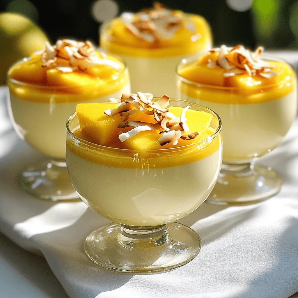 To make the best coconut panna cotta, you need simple and fresh ingredients. Here is the list of ingredients: - 1 cup coconut milk - 1 cup heavy cream - 1/2 cup granulated sugar - 2 teaspoons powdered gelatin - 3 tablespoons cold water - 1 teaspoon pure vanilla extract - Pinch of salt - Fresh mango slices or toasted coconut flakes for garnish Each ingredient plays a role in creating a creamy and rich dessert. Coconut milk gives it a tropical flavor. Heavy cream adds smoothness. Sugar sweetens the mix, while gelatin helps it set firm. Cold water blooms the gelatin, making it ready to mix. Vanilla extract adds warmth and depth. A pinch of salt balances the sweetness. Finally, fresh mango or toasted coconut makes a lovely garnish. This panna cotta is not just easy to make; it’s also a treat for the senses. The flavors blend well, and the texture is light yet satisfying. You can find the full recipe in my Coconut Paradise Panna Cotta section. Enjoy every bite! - Start by blooming the gelatin: In a small bowl, sprinkle the powdered gelatin over the cold water. - Allow it to sit undisturbed for 5-10 minutes. This step helps the gelatin absorb water and swell. - Combine 1 cup of coconut milk, 1 cup of heavy cream, and 1/2 cup of granulated sugar in a medium saucepan. - Set the saucepan over medium heat. Stir gently and non-stop until the sugar dissolves. Warm the mixture carefully, but do not let it boil. - Once the mixture is warm, remove the saucepan from the heat. Gradually add the bloomed gelatin. - Stir constantly until the gelatin is fully dissolved. Next, add 1 teaspoon of pure vanilla extract and a pinch of salt. Mix well for a smooth blend. - Carefully pour the creamy mixture into serving glasses or molds. Fill them evenly. - Refrigerate to set for at least 4 hours. The panna cotta should be firm to the touch. For a delightful twist, check out the Full Recipe for more tips! To get a smooth panna cotta, start by blooming the gelatin. This means you sprinkle the powdered gelatin over cold water and let it sit for five to ten minutes. This step helps the gelatin absorb water and swell. If you skip this, the gelatin may not dissolve well later. When you heat your coconut milk and cream, be careful with the temperature. Heat them over medium heat. Stir gently and keep an eye on it. You want it warm, not boiling. Boiling can change the texture and flavor. You can serve coconut panna cotta in molds or glasses. Molds make for a nice show when you invert them onto a plate. If you use glasses, there’s no need to unmold. Just present them as they are. For garnishes, use fresh mango slices or toasted coconut flakes. They add color and flavor. A sprinkle of coconut flakes can also give a nice crunch. Want to add some extra flavor? You can mix in spices like cardamom or cinnamon. A squeeze of lime juice can also brighten the dish. For sauces, consider a simple fruit puree or a drizzle of chocolate sauce. These will pair well with the creamy coconut panna cotta and add a delicious twist. {{image_4}} You can easily change the taste of coconut panna cotta. Try adding fruit purees like mango, berry, or passion fruit. These will make the dessert bright and fun. Simply swirl the fruit puree into the panna cotta before it sets. You can also use other types of milk. Almond milk or oat milk can work well if you want a dairy-free option. This way, everyone can enjoy this delightful treat! If you want to reduce sugar, try using honey or maple syrup instead. These sweeteners add flavor and keep it tasty. For those on a vegan diet, you can swap gelatin for agar-agar. Just follow the package instructions for the right amounts. With these adjustments, you can enjoy panna cotta without worry about dietary needs. Serving coconut panna cotta with tropical fruits is a great idea. Fresh mango, pineapple, or kiwi add a burst of color and flavor. You can also make a dessert platter. Place the panna cotta alongside cookies, brownies, or chocolate-covered strawberries. This makes for a lovely display that everyone will love. For more detailed instructions, check out the Full Recipe. To keep panna cotta fresh, store it in the fridge. Cover each glass or mold with plastic wrap. This helps prevent odors and keeps it from drying out. If you have leftovers, they will last well in the fridge for a few days. If you want to freeze panna cotta, pour it into freezer-safe containers. Leave space at the top for expansion. When you're ready to eat it, thaw in the fridge overnight. Reheat gently in a saucepan if needed, but do not boil. Panna cotta will last up to five days in the refrigerator. After that, the texture may change. Always check for signs of spoilage. Look for an off smell or unusual texture. If it feels slimy or has a strange color, it is best to discard it. Storing panna cotta properly ensures you can enjoy this creamy treat longer. Remember, fresh is always best! You can find the [Full Recipe] to make this delightful dessert. What is panna cotta and how is it different from other desserts? Panna cotta is a creamy Italian dessert. It has a smooth texture and a rich flavor. Unlike cakes or cookies, panna cotta is made with cream and gelatin. This gives it a silky, wobbly feel. It is often served chilled and can be flavored in many ways. Can I use agar-agar instead of gelatin? Yes, you can use agar-agar as a vegan option. Agar-agar is derived from seaweed, making it a great substitute. Just remember, it sets faster than gelatin. You will need to adjust the amount used for the right texture. How can I tell when the panna cotta is set? To know if your panna cotta is set, gently touch the top. It should feel firm and springy. If it jiggles slightly, that means it is ready. You can also run a knife around the edge to check if it comes away clean. What are some alternative garnishes for panna cotta? You can use many garnishes for panna cotta. Fresh berries, mint leaves, or even a drizzle of honey work well. For a tropical touch, try pineapple or passion fruit. Toasted nuts or coconut flakes also add a nice crunch. How can I make panna cotta in advance? You can make panna cotta a day ahead. Just store it in the fridge after it sets. This allows the flavors to meld nicely. It is a great idea for dinner parties or special occasions. Is it possible to flavor a panna cotta with coffee or chocolate? Absolutely! You can add coffee or chocolate for a unique twist. For coffee, brew a strong cup and replace some cream with it. For chocolate, melt dark chocolate and mix it in with the cream. Are there any gluten-free options for serving this dessert? Yes, panna cotta is naturally gluten-free. Just ensure that any toppings or sauces are also gluten-free. Fresh fruit and whipped cream are always safe choices for serving. For the complete recipe, check out the Full Recipe. In this blog post, we explored how to make a delicious Coconut Panna Cotta. You learned about the key ingredients, step-by-step instructions, and tips for perfect texture. We also discussed fun variations and serving ideas. Panna cotta is simple to make and can suit many tastes. Whether you stick to the classic or try new flavors, this dessert will impress everyone. Now, it’s your turn to make this treat and enjoy the sweet results!