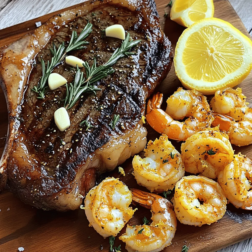 - 1 tomahawk steak (2-3 inches thick) - 1 pound large shrimp, peeled and deveined - 2 tablespoons extra virgin olive oil - 2 teaspoons coarse sea salt - 1 teaspoon freshly cracked black pepper - 4 cloves garlic, finely minced - 2 tablespoons fresh rosemary, finely chopped - 1 tablespoon fresh thyme, finely chopped The tomahawk steak is the star of this dish. Its thick cut and bone make it dramatic and full of flavor. When you grill it, the fat melts and adds richness. Pair it with shrimp for a tasty surf and turf combo. For seasoning, keep it simple. Olive oil adds moisture and helps the spices stick. Sea salt and black pepper bring out the natural taste of the meat. Don't forget fresh herbs! Garlic adds depth, while rosemary and thyme give a fresh, earthy flavor. These ingredients come together to create a mouthwatering meal. You get a bold steak with juicy shrimp, all seasoned perfectly. This dish not only tastes great but also looks impressive on the table. For the full recipe, check out the full recipe section. Start by taking the tomahawk steak out of the fridge. Let it rest at room temperature for 30 minutes. This helps the steak cook evenly. While waiting, preheat your grill to high heat. Next, rub the steak with olive oil. This adds flavor and helps the seasoning stick. Generously season both sides with sea salt and black pepper. Then, add minced garlic, chopped rosemary, and thyme. Spread these herbs evenly to enhance the taste. Once the grill is hot, place the steak on the grill grates. Sear it for 4-5 minutes on one side. Look for a nice char. Flip the steak and repeat on the other side. For medium-rare, aim for an internal temperature of about 130°F. Adjust your cooking time if you prefer it more or less cooked. While the steak is grilling, prepare the shrimp. Place the peeled and deveined shrimp in a bowl. Sprinkle Cajun seasoning over them. Toss the shrimp to coat them well in spices. In a large skillet, melt unsalted butter over medium heat. Add the seasoned shrimp to the skillet. Cook for about 2-3 minutes on each side. They should turn pink and opaque when done. Check out the Full Recipe for more details! Resting your steak is key. After grilling, let it sit for 10 minutes. This helps the juices stay inside. For a great bite, check the internal temperature. Aim for 130°F for medium-rare. Use a meat thermometer to be sure. Garlic and herbs bring your steak to life. I love using rosemary and thyme. Mix minced garlic with these herbs. Rub this blend on your steak before grilling. The aroma will make your mouth water. This simple step adds depth and taste. Don’t let your shrimp overcook. They cook fast, around 2-3 minutes each side. When they turn pink, they are done. Overcooking makes them tough and chewy. Toss them in Cajun seasoning for a flavor kick. Keep an eye on them while cooking. {{image_4}} You can swap shrimp for other seafood. Lobster tails are a great choice. They add luxury to your meal. Scallops are another option. They sear well and have a sweet taste. Crab is tasty too; just use fresh or lump crab meat. Each seafood option pairs well with the tomahawk steak. Feel free to mix and match based on your taste. You can change the flavor with different seasonings. Cajun seasoning gives a spicy kick to your meal. It adds warmth and depth. On the other hand, a traditional steak rub focuses on salt and pepper. This blend lets the steak's natural flavor shine. Try both to see which you like best. Each blend adds a unique twist to the dish. Grilling is popular for tomahawk steak. It gives a nice char and smoky flavor. You can also pan-sear it for a golden crust. Use a heavy skillet for best results. Oven-roasting is another method. It allows for even cooking and is easy to manage. Each method changes the texture and taste, so experiment to find your favorite. For the full recipe, see the details above. To keep your leftover tomahawk steak fresh, wrap it well. Use plastic wrap or aluminum foil. Place it in an airtight container for best results. Store it in your fridge. Enjoy it within three to four days for the best taste and quality. When reheating steak, avoid using high heat. This can make it tough. The best way is to use a low oven. Preheat your oven to 250°F (120°C). Place the steak on a baking sheet and cover it with foil. Heat for about 20 to 25 minutes. This keeps it juicy and tasty. You can also use a skillet. Heat it on low and add a bit of broth or water. This helps keep the meat moist. If you want to save your steak longer, freezing is a great choice. Wrap the steak tightly in plastic wrap first. Then, put it in a freezer bag. Try to squeeze out as much air as you can. Label the bag with the date. You can freeze it for up to three months. When ready to eat, thaw it in the fridge overnight. This helps maintain its flavor and texture. For the full recipe of Surf & Turf Tomahawk Steak, check out the detailed instructions above. Surf & Turf is a dish that mixes land and sea. It typically combines steak and seafood, like shrimp or lobster. This pairing brings together rich flavors and textures. You get the juicy taste of steak with the fresh burst of seafood. This dish is perfect for special occasions or when you want to impress guests. To check if your steak is medium-rare, use a meat thermometer. Insert it into the thickest part of the steak. You want it to read about 130°F (54°C). If you don’t have a thermometer, use the finger test. Press the steak with your finger. If it feels soft yet firm, it’s likely medium-rare. Remember, the steak will continue to cook slightly after you take it off the grill. Yes, you can prepare some parts ahead of time. You can season the steak and shrimp the night before. This helps the flavors soak in better. You can also pre-cook the shrimp and store it in the fridge. Just warm it up when you're ready to serve. However, grilling the steak is best done fresh for great flavor. Great sides make your meal even better. Here are some tasty options: - Garlic mashed potatoes - Grilled asparagus - Creamed spinach - Corn on the cob - Caesar salad These sides balance the rich flavors of the steak and shrimp. They add color and variety to your plate. You can mix and match based on your taste. For the full recipe, check the link above. We covered a lot about creating the perfect Surf & Turf dish. You learned about choosing high-quality tomahawk steak and shrimp, along with essential seasonings and fresh herbs. I shared step-by-step instructions for grilling and sautéing, plus tips to enhance flavors. You can even explore variations with different seafood or seasoning blends. Remember to store leftovers properly and use these reheating methods to keep every bite tasty. Enjoy the cooking process and impress your family with this delicious meal. Happy grilling!