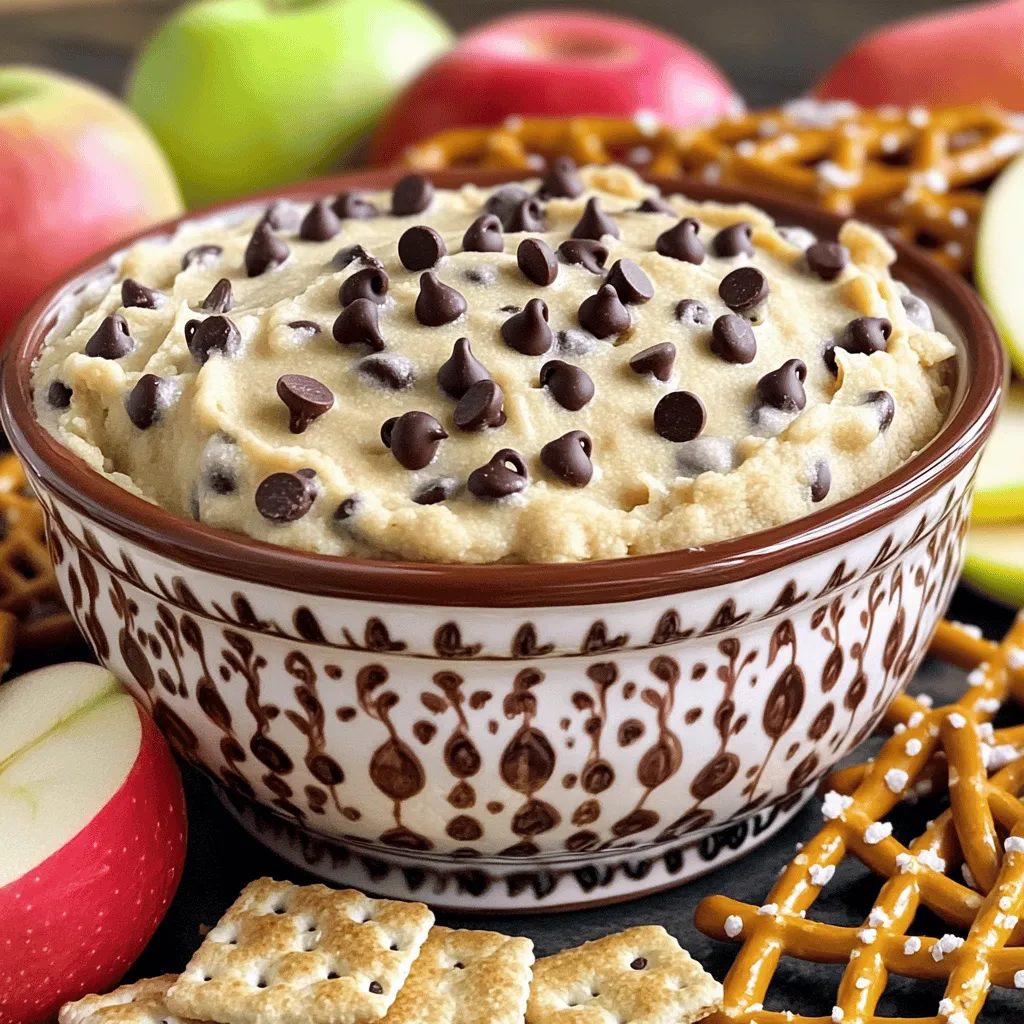 To make this tasty Chocolate Chip Cookie Dough Dip, gather the following ingredients: - 1 cup all-purpose flour - ½ cup packed brown sugar - ½ cup granulated sugar - 1 cup cream cheese, softened - ½ cup unsalted butter, softened - 1 teaspoon pure vanilla extract - ½ cup mini chocolate chips - ¼ teaspoon fine sea salt - Assorted dippers These simple ingredients create a rich and creamy dip that tastes just like cookie dough. The cream cheese and butter give the dip its velvety texture. The sugars add sweetness, while the flour provides that classic cookie dough flavor. Don’t forget the mini chocolate chips for that delightful burst of chocolate in every bite! You can use various dippers, like graham crackers or apple slices, to scoop up this delicious treat. For the full recipe, check out the detailed instructions I shared earlier. Enjoy creating this fun dessert! To make the chocolate chip cookie dough dip, follow these easy steps. - Combine cream cheese and butter: Take a medium mixing bowl. Add the softened cream cheese and unsalted butter. Use an electric mixer on medium speed. Mix until creamy and smooth, about 2-3 minutes. - Incorporate sugars until fluffy: Gradually add the packed brown sugar and granulated sugar. Keep mixing until the mixture is fluffy and well blended, which should take about 2-3 more minutes. - Sift flour and mix until smooth: Sift 1 cup of all-purpose flour over the creamy mixture. This removes lumps. Mix on low speed until just combined, ensuring a smooth texture. - Add vanilla extract and salt: Pour in 1 teaspoon of pure vanilla extract and add ¼ teaspoon of fine sea salt. Mix again until everything is evenly combined. - Fold in chocolate chips: Gently fold in ½ cup of mini chocolate chips. Use a spatula or wooden spoon to ensure the chips are evenly spread throughout the dip. - Transfer to serving bowl: Spoon the dip into a decorative serving bowl. Use the back of a spoon for a smooth surface on top. - Refrigerate before serving: Cover the bowl with plastic wrap. Place it in the refrigerator for at least 30 minutes. This step helps the flavors blend and makes the dip firmer. To see the complete recipe, check out the Full Recipe. Enjoy your delicious chocolate chip cookie dough dip with assorted dippers like graham crackers, apple slices, or pretzels! - Ensure ingredients are at room temperature: This helps create a smooth dip. Cold ingredients can make mixing hard. Let the cream cheese and butter sit out for about 30 minutes before you start. - Mix on low to avoid overmixing: Overmixing can make the dip tough. Use a low speed on your mixer, especially when adding flour. Just mix until everything is combined. - Refrigeration tips for enhanced flavor: Chill the dip for at least 30 minutes. This lets the flavors blend well. It also improves the dip's texture, making it creamier. - Presentation tips for serving: Use a colorful bowl to show off your dip. Arrange your dippers around the bowl for a fun look. For a finishing touch, sprinkle mini chocolate chips or cocoa powder on top before serving. These small tips can make a big difference. Enjoy making your dip! For the complete details, check out the Full Recipe. {{image_4}} You can have fun with this dip by changing its flavor. Here are a few tasty ideas: - Peanut butter chocolate chip dip: Mix in half a cup of peanut butter. This makes the dip creamy and adds a nutty taste. The chocolate pairs well with the peanut butter, creating a classic combo. - Gluten-free options using almond flour: Swap the all-purpose flour for almond flour. This makes the dip gluten-free and gives it a nice nutty flavor. The texture may change slightly, but it will still be delicious. - Adding sprinkles or nuts for crunch: You can add a handful of colorful sprinkles or nuts. This adds a fun texture and a pop of color. Try using chopped walnuts or pecans for a nice bite. These variations can add a twist to your chocolate chip cookie dough dip. Feel free to mix and match to create your own unique flavor! For the complete recipe, check out the Full Recipe. To keep your chocolate chip cookie dough dip fresh, follow these simple steps: - Refrigerating Leftovers: Place the dip in an airtight container. Make sure the lid seals tightly. This keeps air out and helps maintain its creamy texture. Refrigerate for up to 5 days. - Freezing Options: You can freeze the dip too! Use a freezer-safe container. Leave some space at the top, as the dip may expand when frozen. It’s best to use it within 2 months. To thaw, move it to the fridge overnight. When ready to serve, stir gently to restore its smooth texture. - Shelf Life for Optimal Freshness: For the best taste and texture, enjoy your dip within the first 3 days. After that, it may still be safe to eat, but the flavors may fade. Always check for any off smells or changes in texture before enjoying leftovers. Now, you can savor every bite of this tasty treat without worry! Yes, you can make this dip vegan. Use plant-based cream cheese and vegan butter. Also, replace regular sugar with coconut sugar or another vegan sweetener. This swap keeps the dip tasty while following a vegan diet. You have many options for dippers! Try apple slices, pretzels, or fruit skewers. You can even use cookies or mini pastries. Each dipper adds a fun twist to your snack! This dip stays fresh in the fridge for about 3 to 5 days. Make sure to cover it well to keep it tasty. If you notice any change in smell or texture, it's best to toss it. Raw flour can carry bacteria, so it’s important to heat it before use. You can bake it in the oven at 350°F for about 5 minutes. This step makes it safer to eat in your dip. Enjoy your delicious creation while keeping health in mind! Check out the [Decadent Chocolate Chip Cookie Dough Dip ](#) for all the details you need. This dip is a fun and easy treat that everyone loves. You can whip it up in no time and have a sweet snack ready for friends or family. You mix cream cheese and butter for a creamy base. Then, you add sugars to make it sweet and fluffy. Sifting the flour helps avoid lumps. It’s important to mix slowly so the dip stays smooth. Don’t forget the mini chocolate chips! They add a tasty crunch. Refrigerate the dip for half an hour to let the flavors blend. It makes the dip even better. Serve it with dippers like graham crackers, apple slices, or pretzels. You can even get creative with fruit skewers. The colorful dippers make it look great on any table. Enjoy this delightful treat at your next gathering! This blog post took you through a simple and tasty dip recipe. You learned the ingredients and followed step-by-step instructions for mixing. I shared tips for the best results and offered fun flavor variations. Storing leftovers was easy, too. Now you can enjoy this delicious treat anytime. Make it for guests or a snack. Dive into new flavors and have fun with your dippers!