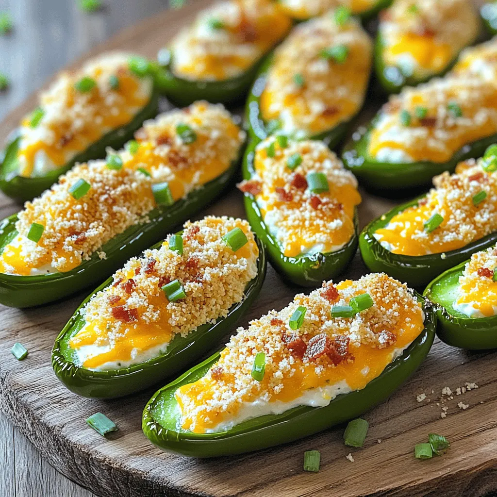 To make the best jalapeño poppers, you need simple and fresh ingredients. Here’s what you will need: - Fresh jalapeños - 8 oz cream cheese, softened - 1 cup shredded sharp cheddar cheese - 1/2 cup cooked bacon, crumbled (optional) - 1/4 cup green onions, finely chopped - 1 teaspoon garlic powder - 1 teaspoon smoked paprika - Salt and pepper to taste - 1 cup Panko breadcrumbs - 1/4 cup grated Parmesan cheese - Cooking spray or olive oil for drizzling Using fresh jalapeños is key. They bring that perfect crunch and heat. Cream cheese gives the poppers a creamy base. You can mix in cheddar for a sharp flavor. If you like bacon, it adds a nice smoky touch. Green onions add freshness and color. Seasonings like garlic powder and smoked paprika enhance the taste. Salt and pepper balance everything out. The Panko breadcrumbs create a crispy top layer. Parmesan cheese adds a rich flavor that takes these poppers up a notch. For the full recipe, see the steps that follow. Prepping the jalapeños Start by heating your oven to 375°F (190°C). Grab the fresh jalapeños and cut them in half lengthwise. Use a spoon to remove the seeds and membranes. This step helps lower the heat. If you want to keep your hands safe, wear gloves. Mixing the filling In a large bowl, combine the softened cream cheese, shredded cheddar cheese, and cooked bacon if you're using it. Add the chopped green onions, garlic powder, smoked paprika, salt, and pepper. Mix well until the filling is smooth and creamy. Filling the jalapeños Take each jalapeño half and fill it with the cheese mixture. Use a spoon to pack the filling in tightly. Make sure each jalapeño gets a good amount of stuffing. Coating and baking process In another bowl, mix panko breadcrumbs and grated Parmesan cheese. Take each filled jalapeño and coat it in the breadcrumb mix. Make sure they are fully covered. Place them on a baking sheet lined with parchment paper. Lightly spray the tops with cooking spray or drizzle with olive oil. Bake them in the oven for 20 to 25 minutes. You want the jalapeños to be tender and the tops to be golden brown. For more details, check the Full Recipe. Enjoy your tasty jalapeño poppers! Choosing the right jalapeños Pick fresh, firm jalapeños. Look for bright green skin and no soft spots. Smaller peppers are usually spicier. If you want milder poppers, choose larger jalapeños. Always check for freshness. Adjusting spice levels To control heat, remove the seeds and white membranes inside the peppers. This part holds most of the heat. If you like it spicy, keep some seeds. You can also mix in mild cheese or sour cream to balance the heat. Ensuring even cooking and crispiness Set your oven to 375°F (190°C) before baking. This helps the poppers cook evenly. Use a wire rack on the baking sheet for airflow. This way, the poppers get crispy all around. Spray the tops lightly with cooking spray for an extra crunch. For more details, check out the Full Recipe. {{image_4}} Using different types of cheese can change your jalapeño poppers' flavor. Cream cheese pairs well with sharp cheddar, giving a rich taste. You can also try mozzarella for a gooey texture. For a bolder kick, use pepper jack cheese. If you're looking for dairy-free options, try vegan cream cheese. It works well in recipes and keeps the poppers creamy. Nutritional yeast adds a cheesy flavor without dairy. Want more heat? Add spicy ingredients like chorizo or a few dashes of hot sauce. Mixing in these flavors will amp up your poppers and impress your guests. You can create vegetarian versions of jalapeño poppers too. Use black beans, corn, and spices for a hearty filling. This option is great for parties where not everyone eats meat. For smoky flavors, try adding cooked chorizo or smoked sausage. These meats bring a rich, deep taste that complements the jalapeños. Feeling adventurous? Use fruit preserves for a sweet twist. Peach or apricot preserves add a nice contrast to the heat. This combination gives a fun surprise in every bite. Find the full recipe and explore these ideas to make your jalapeño poppers truly unique. To keep your jalapeño poppers fresh, follow these tips: - Best methods for storing unused jalapeño poppers: After cooking, let the poppers cool. Place them in an airtight container. You can keep them in the fridge for up to three days. If you want to save them longer, consider freezing. - Freezing for later use: To freeze, first place the jalapeño poppers on a baking sheet. Freeze them for about one hour until firm. Then, transfer them to a freezer bag. This method prevents them from sticking together. They can last up to three months in the freezer. - Reheating tips for optimal texture: When you’re ready to eat, preheat your oven to 375°F (190°C). Place the frozen poppers on a baking sheet. Bake for 20-25 minutes until they are hot and crispy. If reheating from the fridge, reduce the time to about 15 minutes. This keeps them crunchy and delicious. For the full recipe, check out Fiery Cheesy Jalapeño Poppers. You’ll love making them at home! What can I serve with jalapeño poppers? Jalapeño poppers are great with dips. I like ranch or salsa. You can also serve them with guacamole. For a fun twist, try a creamy cheese sauce. Pair them with beer, wine, or soda for a tasty snack. How do I make jalapeño poppers less spicy? To lower the heat, remove the seeds and membranes. This part holds most of the spice. You can also use milder jalapeños. Another option is to mix in more cream cheese. This helps cool the flavor. Can I make these ahead of time? Yes, you can prep jalapeño poppers early. Fill and coat them, then store them in the fridge. They will stay fresh for a day. Bake them just before serving. This keeps them crispy and warm. Where can I find the best jalapeño popper recipe? You can find the best jalapeño popper recipe in my Full Recipe. It has simple steps for perfect poppers. You'll love the flavor and ease of making them at home! Jalapeño poppers are fun and tasty snacks. You learned about ingredients, prep steps, and expert tips. You can mix and match cheeses or try new fillings, like fruit preserves. Storing the poppers properly keeps them fresh. Remember, you can adjust the spice to suit your taste. This recipe is easy, and you can make it your own. Enjoy creating your perfect jalapeño poppers for any occasion!