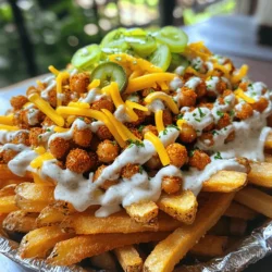 - 4 large russet potatoes - 1 cup chickpeas - 1 cup vegan cheese shreds To make Vegan Animal Fries, start with the right base. Russet potatoes work best because they get crispy. You’ll need four large ones. Chickpeas add protein and texture, so grab a cup of those. For that cheesy goodness, pick up a cup of vegan cheese shreds. This will give your fries that melty, delicious finish. - Nutritional yeast, garlic powder, smoked paprika - Vegan ranch dressing, green onions, pickles Seasoning is key to flavor. Nutritional yeast adds a cheesy taste without dairy. Garlic powder gives it a nice kick. Smoked paprika brings warmth and depth. For toppings, drizzle vegan ranch dressing over the fries for creaminess. Chop some green onions for freshness. Sliced pickles add crunch and a tangy twist. - Baking sheets, mixing bowls, and oven You will need a few basic tools to make these fries. Baking sheets help you cook the fries and chickpeas evenly. Mixing bowls are great for tossing the potatoes and chickpeas with seasoning. And, of course, your oven! It’s essential for baking everything to crispy perfection. For the full recipe, check out the complete guide on how to bring these flavors together! Preheat your oven to 425°F (220°C). Take 4 large russet potatoes and cut them into fries. In a big bowl, toss the fries with 1 tablespoon of olive oil. Make sure every fry gets a nice coat. Next, season the fries with salt and pepper. This simple step enhances their flavor. Spread the seasoned fries in a single layer on a baking sheet. Place the tray in your preheated oven. Bake for 30-35 minutes. Flip the fries halfway through cooking. This helps them become golden and crispy on all sides. While the fries bake, prepare the chickpeas. Take 1 cup of drained and rinsed chickpeas. In a medium bowl, mix them with 1 tablespoon of nutritional yeast, 1 tablespoon of soy sauce, ½ teaspoon of garlic powder, ½ teaspoon of smoked paprika, and a pinch of salt and pepper. Toss until all the chickpeas are coated. After the fries have been baking for about 10 minutes, spread the seasoned chickpeas on a different baking sheet. Roast them in the oven for around 20 minutes. Shake the pan halfway through to ensure even crispiness. Now you have crispy fries and roasted chickpeas. Together, they make a tasty base for your Vegan Animal Fries. For the complete recipe, check out the Full Recipe. To make the best Vegan Animal Fries, start with the right potatoes. I prefer large russet potatoes. They have a high starch content, which helps achieve that ideal crispy texture. Cut them into evenly-sized fries. This ensures they cook at the same rate. - Soak the Potatoes: After cutting, soak the fries in cold water for 30 minutes. This removes excess starch and helps with crispiness. - Dry Them Well: After soaking, pat the fries dry with a towel. Moisture can make them soggy. - Use Enough Oil: Toss the fries in olive oil until they’re well-coated. This helps them crisp up nicely in the oven. - Single Layer Baking: Spread the fries out on the baking sheet in a single layer. This allows hot air to circulate and cook them evenly. A gooey, melty cheese topping makes Vegan Animal Fries extra special. Here are my tips for achieving that dreamy finish: - Choose the Right Cheese: Use vegan cheese shreds designed for melting. Cheddar-style works great for this dish. - Add Heat: After assembling the fries, pop them back in the oven for about five minutes. This will soften and melt the cheese without burning it. - Cover with Foil: If your cheese isn’t melting fast enough, cover the fries with foil. This traps heat and helps the cheese melt quicker. Presentation can elevate your Vegan Animal Fries. Here are a few ideas to make them look as good as they taste: - Rustic Bowl: Serve the fries in a rustic wooden bowl. This gives a homey vibe and invites sharing. - Parchment Paper: Lay the fries on a parchment-lined tray. It adds a casual touch and makes cleanup easy. - Garnishes: Top with chopped green onions and sliced pickles. They add color and a burst of flavor. You can also drizzle extra vegan ranch dressing on top for added creaminess. For a full recipe, check out the [Full Recipe]. Enjoy your delicious Vegan Animal Fries! {{image_4}} You can choose from many types of vegan cheese. Some melt well, while others add a nice crunch. Look for brands like cashew cheese or almond cheese. They can give you a creamy texture. Try cheddar-style or mozzarella-style shreds for a classic taste. You can also explore nut-free options made from soy or coconut. This way, everyone can enjoy your Vegan Animal Fries. Want to add some spice? You can mix in chili powder or cayenne pepper for heat. For a more herby taste, try adding dried oregano or basil. You can also use fresh herbs like cilantro for a unique twist. If you love crunch, add crispy fried onions or jalapeños. Each of these choices can make your fries stand out. If you need gluten-free options, use gluten-free soy sauce. You can also try gluten-free fries made from sweet potatoes or zucchini. For nut-free versions, pick cheeses made from pea protein. Make sure to check ingredient labels for any hidden allergens. These small changes let everyone enjoy your dish without worry. For the full recipe of Vegan Animal Fries, check out the details above! To keep your Vegan Animal Fries fresh, store them in an airtight container. Place a paper towel inside to absorb extra moisture. This helps maintain their crispiness. Keep them in the fridge for up to three days. When reheating, I recommend using an oven or an air fryer. Preheat your oven to 375°F (190°C). Spread the fries on a baking sheet. Bake for about 10-15 minutes until they are warm and crispy again. Avoid using a microwave, as it can make them soggy. Yes, you can freeze Vegan Animal Fries! For the best results, freeze the fries and chickpeas separately. Place them in freezer bags, removing as much air as possible. They can last up to three months. When ready to eat, simply reheat from frozen. Vegan Animal Fries are a tasty twist on classic loaded fries. They start with crispy fries made from russet potatoes. You then top them with roasted chickpeas, vegan cheese, and creamy vegan ranch dressing. The flavor comes from a mix of spices like garlic powder and smoked paprika, giving it a savory kick. Each bite offers a delightful crunch and a burst of flavor. You can find Vegan Animal Fries at many vegan or vegetarian restaurants. Look for places that focus on plant-based cuisine. Some trendy diners and food trucks also offer them. Local vegan cafes often have creative takes on this dish. Check the menu online or call ahead to ask if they serve vegan animal fries. Vegan Animal Fries are a filling dish. One serving can have about 400 to 600 calories, depending on the toppings. They provide a good amount of protein from chickpeas and are lower in fat than traditional fries. You can enjoy a tasty meal while still being mindful of your health. You learned how to make tasty Vegan Animal Fries with simple ingredients. Using russet potatoes, chickpeas, and vegan cheese makes this dish special. Season well for great flavor, and remember the tips for crispy fries. In the end, enjoy customizing your fries to fit your taste. This dish is fun and full of options. Don't hesitate to try new flavors and toppings. Treat yourself to this delicious plant-based meal!