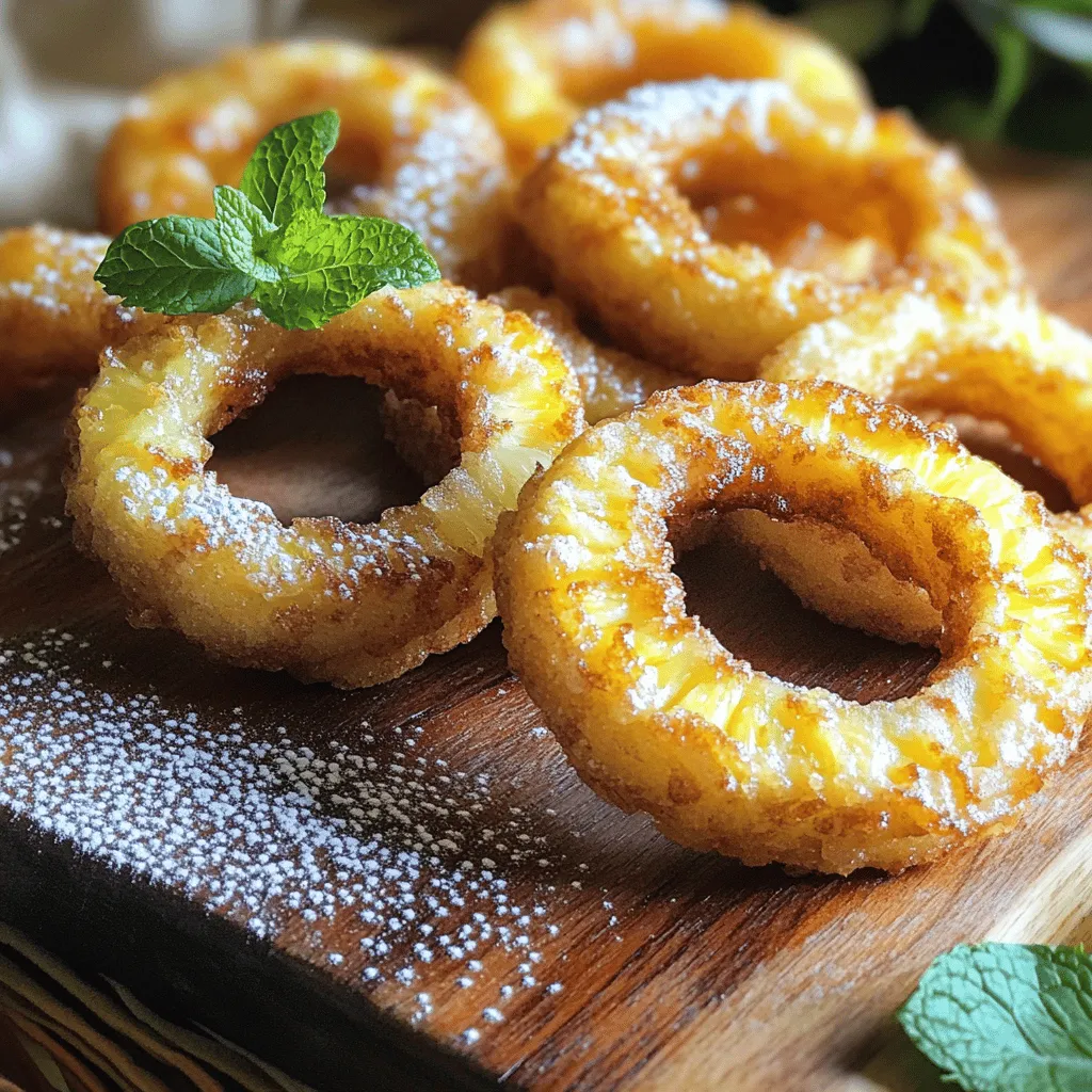 To make fried pineapple rings, you will need: - 1 fresh pineapple, peeled and sliced into 1/2-inch thick rings - 1 cup all-purpose flour - 1 tablespoon cornstarch - 1 teaspoon baking powder - 1/2 teaspoon salt - 1 teaspoon ground cinnamon - 1/2 cup cold sparkling water - 1/4 cup granulated sugar (for scattering) - Vegetable oil (for frying) - Optional: Shredded coconut or chopped nuts for coating You can easily swap some ingredients for alternatives. For the flour, use rice flour for a gluten-free option. Instead of cornstarch, use arrowroot powder. If you don’t have cinnamon, nutmeg works well too. You can use soda water instead of sparkling water for a different texture. For a healthier touch, try using coconut oil for frying. Pineapple is more than just a sweet treat. It has many benefits: - Rich in Vitamins: Pineapples are high in vitamin C, which boosts your immune system. - Digestive Aid: They contain bromelain, an enzyme that helps break down protein and aids digestion. - Anti-Inflammatory: Bromelain also has anti-inflammatory properties, which can help reduce swelling. - Hydration: With a high water content, pineapple helps keep you hydrated. Enjoying fried pineapple rings can be a fun way to add this nutritious fruit to your dessert menu! For the full recipe, check out the details above. Start with a fresh pineapple. Use a sharp knife to cut off the skin. Remove the core and slice it into rings that are about 1/2-inch thick. Dry the rings with paper towels. This helps them fry better. In a large bowl, mix the dry ingredients. Combine flour, cornstarch, baking powder, salt, and cinnamon well. Next, slowly add cold sparkling water. Whisk until the batter is smooth and thick. It should coat a spoon without dripping too much. Heat vegetable oil in a deep frying pan until it reaches 350°F (175°C). Dip each pineapple ring into the batter, letting excess drip off. Carefully place the rings in the hot oil. Fry them for 3-4 minutes on each side. They should turn golden brown and crispy. Use a slotted spatula to transfer them to a plate lined with paper towels. Sprinkle granulated sugar on top while they are still hot. Repeat with the rest of the rings. Enjoy these crispy delights as a sweet dessert! For the full recipe, check the details above. To get a crispy bite, you must dry the pineapple rings first. Use paper towels to soak up moisture. The less water, the better the crunch. When you coat the rings, let excess batter drip off. This prevents a soggy layer. The batter should cling but not be thick. Frying at the right heat is key. Aim for 350°F (175°C). Use a thermometer to check. If the oil is too cold, the rings soak up oil. If it's too hot, they burn. Fry in small batches. This keeps the oil temperature steady. You can mix things up with coatings. Try shredded coconut for a tropical twist. Chopped nuts add crunch and flavor. You can also sprinkle spices like nutmeg or ginger in your batter for more depth. Each choice brings new taste to your fried pineapple rings. Check out the Full Recipe for more details. {{image_4}} You can add tropical flair to fried pineapple rings. Try dipping the rings in a mix of coconut milk and lime juice before battering. This mix gives a sweet and tangy twist. Another fun idea is to sprinkle some toasted coconut on top after frying. It adds a crunchy texture and a burst of flavor! If you're feeling adventurous, turn these sweet treats into savory bites. Dip the rings in a batter made with chili powder and garlic salt. Fry them just like the sweet version. Serve these savory rings as a side dish or snack. They pair well with grilled meats or seafood. Fried pineapple rings shine on their own, but you can make them even better! Serve them warm with a scoop of vanilla ice cream. A drizzle of honey or caramel sauce takes them to the next level. You can also pair them with yogurt or cream cheese for a creamy dip. For a festive touch, add fresh mint leaves on top. These sweet and crispy rings make any meal feel special! For the full recipe, check out Crispy Fried Pineapple Rings! To keep your fried pineapple rings fresh, let them cool completely. Place them in an airtight container. Store the container in the fridge. They will last for about 2-3 days. Avoid stacking the rings, as they may stick together. When you're ready to enjoy the leftovers, reheating is key. Preheat your oven to 350°F (175°C). Spread the rings on a baking sheet. Heat for about 10 minutes or until they are warm and crispy again. Avoid using the microwave, as it can make them soggy. If you want to save some for later, freezing is a great option. First, cool the fried rings completely. Then, lay them in a single layer on a baking sheet. Freeze them for about 1-2 hours until firm. Once frozen, transfer them to a freezer-safe bag. They can be stored for up to 2 months. When ready to eat, reheat from frozen in the oven. Enjoy your tasty treat later! For the full recipe, check out Crispy Fried Pineapple Rings! To cut a pineapple, start by placing it on a stable cutting board. Use a sharp knife to slice off the top and bottom. Stand the pineapple upright and carefully cut away the skin, following its curve. Then, slice the fruit into rings, about 1/2-inch thick. Remove the core from each ring with a small round cutter or a knife. This method gives you nice, even rings for frying. Yes, you can air fry pineapple rings! Preheat your air fryer to 375°F (190°C). Dip the pineapple rings in batter and place them in a single layer in the air fryer basket. Spray them lightly with cooking oil. Cook for about 10-12 minutes, flipping halfway through. This method yields crispy rings without all the oil. To make the batter gluten-free, substitute all-purpose flour with a gluten-free flour blend. You can also use almond flour or coconut flour. Keep in mind that the texture may vary slightly. Check that your baking powder is gluten-free, too. This allows you to enjoy the crispy goodness of fried pineapple rings without gluten! For the full recipe, check out the detailed instructions provided earlier. In this article, we explored how to make delicious fried pineapple rings. We covered essential ingredients, easy step-by-step instructions, and smart tips for perfect results. You learned about variations, storage methods, and answered common questions too. Fried pineapple rings are a tasty treat that you can personalize. Enjoy experimenting with flavors and cooking methods. I hope you feel excited to try these simple recipes and share them with friends!