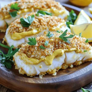 To make flavorful baked cod with mayo, you need a few simple ingredients. Each adds a special touch to the dish. Here’s what you will need: - 4 cod fillets - 1/2 cup mayonnaise - 2 tablespoons Dijon mustard - 1 tablespoon freshly squeezed lemon juice - 1 teaspoon garlic powder - 1 teaspoon smoked paprika - 1/2 teaspoon sea salt - 1/4 teaspoon freshly ground black pepper - 1/4 cup panko breadcrumbs - 2 tablespoons fresh parsley, finely chopped (for garnish) - Lemon wedges (to serve) The cod fillets provide a nice, flaky base. Mayonnaise, mustard, and lemon juice create a creamy topping that makes each bite burst with flavor. Garlic powder and smoked paprika add warmth and depth. Sea salt and black pepper will enhance all these tastes. Finally, panko breadcrumbs give a delightful crunch, while fresh parsley and lemon wedges add a bright finish. You can find the full recipe for this delicious dish in the section above. Start by preheating your oven to 400°F (200°C). This temperature is perfect for baking cod. While the oven heats, line a baking dish with parchment paper. This makes cleanup easy later. Grab a medium-sized bowl. In this bowl, mix together the mayonnaise, Dijon mustard, lemon juice, garlic powder, smoked paprika, sea salt, and black pepper. Stir until the mix is smooth and creamy. This mayo mix gives the fish great flavor. Take your cod fillets and place them in the lined baking dish. Use a spoon to spread the creamy mayo mixture over each fillet. Make sure each piece gets a good amount of this tasty coating. This ensures a burst of flavor in every bite. Put the baking dish in your preheated oven. Bake the cod for about 15 to 20 minutes. The fish is done when it flakes easily with a fork. Also, the topping should turn a nice golden brown. Once baked, take the dish out of the oven. Let it cool for a few minutes. This helps the flavors come together. Before serving, sprinkle fresh parsley over the cod for a pop of color. Serve with lemon wedges for a fresh, zesty twist. You can find the Full Recipe for even more details! To keep cod moist, don't overbake it. Cod should cook until it flakes easily with a fork. This usually takes about 15 to 20 minutes at 400°F. You can also add a splash of broth or white wine to the baking dish. This creates steam and keeps the fish moist. Remember, fresh cod gives the best flavor. Always look for bright eyes and shiny skin when buying. Baking cod at 400°F is ideal for a crisp topping and tender fish. If you bake at a lower temperature, the fish may dry out. Keep an eye on the cod as it cooks. Use a timer, but check it a few minutes early. Once it flakes easily, it's done. This method ensures your cod stays flavorful and juicy. Panko breadcrumbs add a nice crunch to the dish. They are lighter than regular breadcrumbs, making them perfect for baked cod. To enhance the texture, mix the panko with a bit of olive oil before sprinkling it on top. This helps it brown evenly and become crisp. If you want a twist, try adding herbs or spices to the panko. This adds extra flavor to your crunchy topping. For those wanting more detailed instructions and variations, check out the Full Recipe. {{image_4}} You can change the flavor of your baked cod by adding herbs and spices. Try fresh dill for a bright taste. Basil adds a sweet, warm note. You can also use thyme or oregano. Just sprinkle them on top of the mayo mix. If you want some heat, add red pepper flakes. This gives a nice kick without overpowering the fish. Cheese can make your dish extra creamy and tasty. Try using shredded parmesan or mozzarella. Both melt well and add a rich flavor. Just sprinkle the cheese over the mayo mix before baking. For a sharper taste, use cheddar cheese. It adds a fun twist to the classic recipe. You can even mix cheese with panko for a crunchy topping. For a complete meal, pair your baked cod with sides. Steamed broccoli or green beans add color and nutrients. A fresh garden salad with lemon vinaigrette complements the dish nicely. You can also serve it with rice or quinoa for a filling option. Don’t forget the lemon wedges! They brighten up the flavors and make your meal look inviting. Check the Full Recipe for more ideas on how to enjoy this dish! You might have some tasty baked cod left after dinner. To store it, let it cool first. Place the cod in an airtight container. This keeps it fresh for up to three days in the fridge. If you want to enjoy it later, store it right after cooling. This way, it stays safe to eat. When you're ready to eat your leftover cod, preheat your oven to 350°F (175°C). Place the cod on a baking sheet. Heat it for about 10-15 minutes. This helps keep the fish moist. You can also reheat it in a microwave. Just cover it and warm it for 1-2 minutes. But the oven gives it a better texture. If you want to save the cod for later, freezing is a great option. Wrap the cooled cod tightly in plastic wrap. Then, place it in a freezer bag. Make sure to remove as much air as possible. You can freeze it for up to three months. When you're ready to eat, thaw it overnight in the fridge before reheating. This keeps the flavor and texture intact. For the full recipe, check out the details above. You should bake cod for about 15 to 20 minutes at 400°F. The fish is done when it flakes easily with a fork. Keep an eye on it to avoid overcooking. Yes, you can use other fish like tilapia, haddock, or salmon. Just adjust the cooking time based on the thickness of the fillets. Each fish has its own flavor, so feel free to experiment. Mayonnaise adds creaminess and flavor, but you can replace it. Use Greek yogurt or sour cream for a lighter option. Both choices keep the dish moist and tasty. Baked cod goes great with steamed vegetables, rice, or a crisp salad. Roasted potatoes or quinoa also make excellent sides. Choose what you enjoy! You can prepare the mayo mixture and coat the cod ahead of time. Just keep it covered in the fridge. When ready, bake it fresh for the best flavor! For the full recipe, check out the details above. We explored the best way to bake cod with simple ingredients like mayonnaise and lemon juice. I shared step-by-step instructions to ensure a delicious meal. You learned tips for keeping your cod moist and how to add great flavor. Variations help customize your dish, while storage tips keep leftovers fresh. Baking cod is easy and tasty. You can impress your friends and family with this dish!