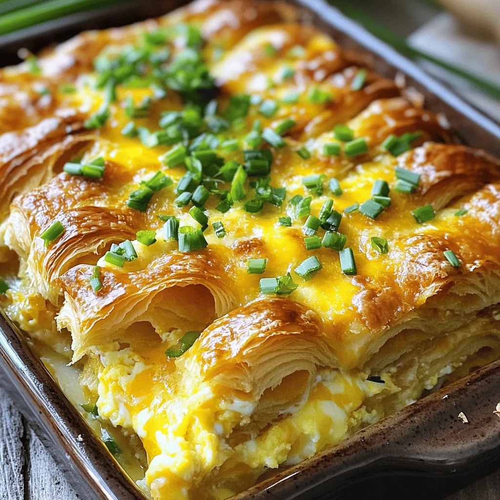 The main stars of this dish are croissants, eggs, milk, and cheese. Croissants add a light, flaky texture. Eggs bind the dish and give it structure. Milk makes the casserole creamy and rich. Cheese adds flavor and a lovely melt. I like using Cheddar or Gruyere for the best taste. You can also include optional ingredients like diced ham or cooked bacon for extra flavor. Green onions add a fresh, bright note. Feel free to mix and match to suit your taste. For accuracy, use these measurements: - 6 large croissants, torn into pieces - 6 large eggs - 2 cups milk (any type you like) - 1 cup shredded cheese - 1 cup diced ham or cooked bacon (optional) - 1/2 cup green onions, chopped - 1 teaspoon garlic powder - 1 teaspoon onion powder - 1/2 teaspoon salt - 1/4 teaspoon black pepper If you have dietary needs, you can swap whole milk for almond or oat milk. You can also replace cheese with a dairy-free option. You need a few simple tools to make this casserole: - A large mixing bowl for the egg mixture - A whisk for blending the eggs and milk - A 9x13-inch baking dish to hold everything - Plastic wrap to cover the dish while it chills in the fridge With these tools, you're all set to create a tasty Overnight Croissant Breakfast Casserole. Don't forget to check the [Full Recipe] for all the steps! 1. Whisking egg mixture: Start with a large bowl. Add 6 eggs and 2 cups of milk. Then, mix in garlic powder, onion powder, salt, and black pepper. Whisk until it's smooth and slightly frothy. This step is key for flavor. 2. Greasing baking dish: Take a 9x13-inch baking dish and lightly grease it with oil or butter. This helps prevent sticking and makes cleanup easier. 1. Layering croissants and meat: Tear 6 croissants into bite-sized pieces. Spread them evenly in the greased dish. If you want to add meat, sprinkle 1 cup of diced ham or bacon over the croissants. This adds a nice savory touch. 2. Pouring the egg mixture: Carefully pour the egg mixture over the croissants and meat. Make sure all the pieces get soaked. This is crucial for even cooking and flavor. 1. Preheating the oven: Before baking, preheat your oven to 350°F (175°C). This ensures the casserole cooks evenly. 2. Baking and cooling times: Once preheated, place the casserole in the oven. Bake for 35-40 minutes. You’ll know it’s done when the egg is set and the top is golden. After baking, let it cool for a few minutes. This makes slicing easier. For the full recipe, check out the detailed instructions above. Refrigeration helps the casserole soak up flavors. Cover it tightly with plastic wrap. This keeps moisture in and prevents drying out. For better taste, let it sit overnight. The longer it rests, the richer the flavors become. You can add herbs like thyme or rosemary. They boost the flavor even more. This casserole pairs well with fresh fruit. A side of mixed berries or sliced bananas works great. You can also serve it with a light salad for a fresh touch. For a fancy look, sprinkle fresh herbs on top before serving. Use parsley or chives for color and taste. You can change the cheese to suit your taste. Try mozzarella, feta, or pepper jack. Each cheese brings a unique flavor. You can also add veggies like spinach or bell peppers for extra nutrition. For gluten-free options, use gluten-free croissants. They work just as well in this dish. {{image_4}} To keep your Overnight Croissant Breakfast Casserole fresh, follow these steps: - Refrigeration: Place any leftovers in an airtight container. Store in the fridge for up to 3 days. This keeps the flavors intact and safe to eat. - Freezing: For longer storage, freeze portions. Wrap each piece tightly in plastic wrap and aluminum foil. They can last in the freezer for up to 2 months. When you're ready to eat, thaw in the fridge overnight. For safe and tasty reheating, do this: - Microwave Method: Place a piece on a microwave-safe plate. Heat for 1-2 minutes, checking to ensure it’s hot all the way through. - Oven Method: Preheat your oven to 350°F (175°C). Place the casserole in a baking dish. Cover with foil to avoid dryness. Heat for about 15-20 minutes or until warmed throughout. To avoid sogginess, do not add extra moisture when reheating. This keeps the texture nice and fluffy. You can prepare this casserole for a busy morning: - Preparing in Advance: Assemble the casserole the night before. Cover it well and refrigerate. This allows the croissants to soak up the egg mixture, making it even tastier. - Portioning: Cut the casserole into squares before storing. This makes serving easy. Just grab a piece for breakfast, and you're good to go! With these storage tips, you can enjoy your Overnight Croissant Breakfast Casserole even after the first delicious bite. Yes, you can use stale croissants for this casserole. They add a nice texture. Stale bread soaks up the egg mixture well, making it soft. If you don’t have croissants, you can use brioche or even French bread. These options will work fine and give a good taste. You can make this recipe gluten-free! Look for gluten-free croissants at your local store. Some brands offer tasty options. You can also use gluten-free bread. Just choose a bread that you enjoy; it will work well in this dish. The casserole can sit in the fridge for 4 to 12 hours. I recommend letting it chill overnight for the best flavor. Sitting longer lets the croissants soak up the egg mixture. This makes the casserole soft and tasty. If you bake it too soon, it may not be as flavorful. To make this Overnight Croissant Breakfast Casserole, follow these steps: 1. Whisk the Egg Mixture: Start by mixing the eggs, milk, garlic powder, onion powder, salt, and black pepper. Whisk until it's frothy. This step is key for a creamy texture. 2. Prepare the Baking Dish: Grease a 9x13-inch dish with oil or butter. This keeps the casserole from sticking. 3. Layer the Croissants: Tear the croissants into bite-sized pieces. Spread them evenly in the greased dish. This creates a soft base. 4. Add Optional Meat: If you like, add diced ham or bacon bits. This boosts flavor and protein. 5. Pour the Egg Mixture: Carefully pour the whisked mixture over the croissants. Ensure every piece is soaked for best results. 6. Top with Cheese and Onions: Sprinkle the shredded cheese and chopped green onions over the top. This adds color and taste. 7. Refrigerate Overnight: Cover the dish with plastic wrap. Chill it in the fridge for at least 4 hours, or overnight. This helps the flavors blend. 8. Preheat the Oven: The next morning, turn the oven to 350°F (175°C). 9. Rest Before Baking: Take the casserole out of the fridge. Let it sit for 10-15 minutes while the oven heats. 10. Bake: Uncover and bake for 35-40 minutes. The top should be golden, and the egg needs to be set. 11. Cool and Serve: Let it cool for a few minutes. Cut into squares and serve hot. - Ingredients: - 6 large croissants, torn - 6 large eggs - 2 cups milk - 1 cup shredded cheese - 1 cup diced ham or bacon (optional) - 1/2 cup green onions, chopped - 1 tsp garlic powder - 1 tsp onion powder - 1/2 tsp salt - 1/4 tsp black pepper - Fresh herbs for garnish - Key Steps: - Whisk eggs and milk. - Grease the dish. - Layer croissants and meat. - Pour egg mix over. - Chill overnight. - Preheat and bake. Each serving has about 320 calories. - Key Nutrients: - Protein: 18g - Fat: 22g - Carbohydrates: 24g - Calcium: 15% of daily value - Vitamin A: 10% of daily value This casserole is not only tasty but also packs a nutritional punch! This blog post provides a clear guide to making a delicious croissant casserole. You learned about key ingredients, measurement details, and tools needed for success. We covered step-by-step instructions and shared useful tips for preparation, serving, and storage. In conclusion, this recipe is flexible and easy to make. Whether you prepare it overnight or add your favorite flavors, your breakfast will impress. Don't forget to store leftovers properly and try different variations. Enjoy your cooking journey!