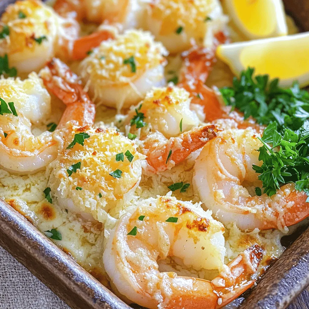- 1 lb large shrimp, peeled and deveined - 4 tablespoons unsalted butter, melted - 5 cloves garlic, finely minced - 1 cup freshly grated Parmesan cheese - 1 teaspoon red pepper flakes (optional, adjust to taste) - 1 teaspoon zest of a fresh lemon - 2 tablespoons fresh parsley, finely chopped - Salt and freshly ground black pepper to taste - Lemon wedges, for serving When I make Garlic Parmesan Roasted Shrimp, I focus on the main ingredients first. Large shrimp are a must! They become juicy and tender when cooked right. I love using fresh garlic for its strong flavor. The melted butter makes everything rich and smooth. Then, I add the star of the dish: Parmesan cheese. It gives the shrimp a cheesy crust that is hard to resist. Next, I think about optional ingredients. Red pepper flakes can add a nice kick. Adjust the amount based on your taste! Lemon zest brightens the dish and pairs well with shrimp. Chopped parsley adds color and freshness. Finally, seasoning is key. A sprinkle of salt and pepper enhances all the flavors. I serve this dish with lemon wedges. A squeeze of lemon juice makes every bite brighter. For the full recipe, check out the instructions above! - Preheat your oven to 400°F (200°C). This helps cook the shrimp perfectly. - In a bowl, mix melted butter, minced garlic, red pepper flakes, lemon zest, salt, and pepper. Make it smooth. - Add the peeled and deveined shrimp to the bowl. Toss well to coat each shrimp. - Transfer the shrimp to a baking dish. Spread them out in one layer. - Sprinkle freshly grated Parmesan cheese over the shrimp. Cover them well for a cheesy taste. - Place the baking dish in the oven. Roast the shrimp for 8-10 minutes until they turn pink. - After baking, remove the dish from the oven. Garnish with fresh parsley for color. - Serve the shrimp with lemon wedges on the side. Guests can add a zesty touch. For the complete recipe, check out the Full Recipe section. - Always place shrimp in a single layer. This helps them cook evenly. - Adjust the red pepper flakes to control the spice. If you like it mild, use less. - Pair the shrimp with a fresh side salad or some crusty bread. - For drinks, consider a crisp white wine like Sauvignon Blanc or a light rosé. - Avoid overcooking the shrimp. They should be pink and opaque when done. - Make sure to coat the shrimp well with the garlic butter. This keeps them flavorful and juicy. For the full recipe, you can refer to the recipe above. {{image_4}} You can easily change the flavor of Garlic Parmesan Roasted Shrimp. Adding herbs like thyme or oregano gives it a fresh twist. These herbs add depth and aroma. You can also try using different types of cheese. For example, mozzarella or pecorino romano can change the taste and texture. Each cheese brings its own unique flavor. Experimenting with these options can make this dish even more exciting. If you need gluten-free options, this recipe is simple. The main ingredients are naturally gluten-free. Just ensure the butter and cheese are gluten-free. This way, everyone can enjoy it. For low-carb options, serve the shrimp on a bed of zucchini noodles or cauliflower rice. This keeps your meal light and healthy. You can enjoy the flavors without worrying about carbs. You can cook Garlic Parmesan Roasted Shrimp in different ways. A stove-top skillet is a quick alternative. Simply heat the garlic and butter, add the shrimp, and cook until pink. This method gives you control and speed. If you love grilling, try it outdoors. Skewer the shrimp and grill them for a smoky flavor. Grilling brings out a different taste and is great for summer. Both methods keep the dish fun and versatile. To keep your Garlic Parmesan Roasted Shrimp fresh, store it in an airtight container. Make sure to refrigerate it within two hours of cooking. It’s best to eat it within two days for the best taste. Place a piece of parchment paper between layers if you stack it. This helps prevent sticking. You can reheat shrimp in the oven or microwave. For the oven, preheat to 350°F (175°C). Place the shrimp on a baking sheet and cover with foil. Heat for about 10 minutes until warm. The microwave method is faster, but it can make shrimp rubbery. Heat on medium power for 1-2 minutes. To keep the texture and flavor, avoid overcooking. A splash of fresh lemon juice before reheating adds bright flavor. Yes, you can freeze Garlic Parmesan Roasted Shrimp. Place it in a freezer-safe bag or container. Remove as much air as possible to prevent freezer burn. You can freeze it for up to three months. To thaw, place it in the fridge overnight. If you need it faster, you can use the microwave’s defrost setting. After thawing, reheat as described above to enjoy the flavors again. How do I tell when the shrimp are done cooking? You can tell shrimp are done when they turn bright pink and opaque. This usually takes about 8 to 10 minutes in the oven. You can also check if they curl into a “C” shape. If they curl into an “O,” they are likely overcooked. Can I use frozen shrimp for this recipe? Yes, you can use frozen shrimp. Just be sure to thaw them first. You can place them in cold water for about 15-20 minutes or leave them in the fridge overnight. This helps them cook evenly and stay juicy. Can I add vegetables to this recipe? Absolutely! You can add vegetables like bell peppers, zucchini, or asparagus. Just cut them into bite-sized pieces and toss them in with the shrimp. This adds color and nutrition to your meal. What can I substitute for Parmesan cheese? You can use other cheeses like Pecorino Romano or Asiago. For a dairy-free option, try nutritional yeast for a cheesy flavor without the dairy. How many servings does this recipe yield? This recipe yields about 4 servings. It’s perfect for a family meal or a small gathering. How to adjust the recipe for fewer or more servings? To adjust servings, simply scale the ingredients up or down. For example, if you need 2 servings, use half of each ingredient. If you want 8 servings, double the amounts. Just keep the cooking time the same, checking until the shrimp are done. This blog gives you all the tools for making Garlic Parmesan Roasted Shrimp. You learned about key ingredients, step-by-step cooking, and useful tips. Remember to keep the shrimp in a single layer for best results. Do not forget to adjust spice levels to your taste. Explore variations like using different herbs or cheeses to change things up. With proper storage, you can savor leftovers later. Enjoy your delicious shrimp dish!