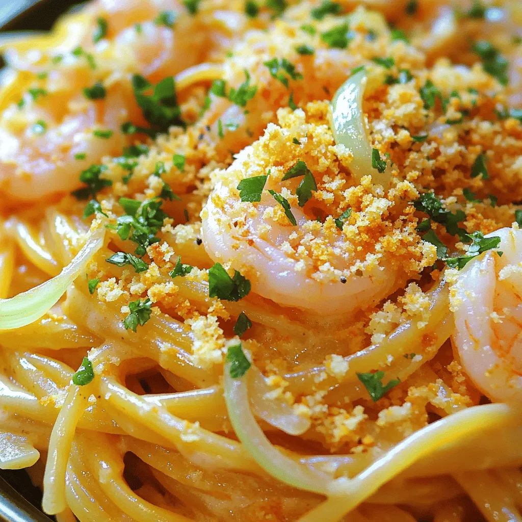 - 8 oz fettuccine or spaghetti - 1 lb medium shrimp, peeled and deveined - 1/2 cup mayonnaise - 1/4 cup sweet chili sauce - 1 teaspoon sriracha - 2 tablespoons fresh lime juice - 2 tablespoons olive oil - 3 cloves garlic, minced - 1/4 cup green onions, finely chopped (for garnish) - 1/2 cup panko breadcrumbs - Salt and pepper to taste - Optional: Fresh cilantro leaves for garnish When I make Bang Bang shrimp pasta, I focus on fresh ingredients. It's key to use medium shrimp that are peeled and deveined. This saves time and ensures a smooth cooking process. The fettuccine or spaghetti should be cooked until it's al dente. This keeps the pasta firm and lets it hold up to the sauce. The heart of the dish lies in the Bang Bang sauce. The mix of mayonnaise, sweet chili sauce, and sriracha creates a creamy, spicy flavor. I love to add fresh lime juice. It brightens the dish and gives it a zesty kick. For texture, panko breadcrumbs are a must. They add a satisfying crunch. Finishing with chopped green onions and optional cilantro makes the dish pop. Each bite blends the flavors and textures beautifully. If you want to try this dish, check out the full recipe for more details! - Fill a large pot with water and add a generous amount of salt. - Bring the water to a boil. - Add 8 oz of fettuccine or spaghetti and cook until al dente. - Drain the pasta and reserve about 1/2 cup of the pasta water. - In a medium bowl, combine 1/2 cup mayonnaise, 1/4 cup sweet chili sauce, 1 teaspoon sriracha, and 2 tablespoons of fresh lime juice. - Whisk until the sauce is smooth. - Taste and add more sriracha if you want more heat. - Heat 2 tablespoons of olive oil in a skillet over medium heat. - Add 3 cloves of minced garlic and sauté until fragrant, about 1 minute. - Add 1 lb of peeled and deveined shrimp. - Season with salt and pepper, then cook until the shrimp turns pink. - Pour the Bang Bang sauce over the cooked shrimp in the skillet. - Toss the shrimp gently to coat them well. - Add the cooked pasta and mix everything together. - If the mixture is too thick, add a bit of the reserved pasta water. - In a separate pan, toast 1/2 cup of panko breadcrumbs over medium heat until golden brown. - Sprinkle the toasted breadcrumbs over the pasta just before serving. - Garnish with finely chopped green onions and optional cilantro leaves for a fresh finish. To see the full details of the recipe, check out the [Full Recipe]. Adjust the spice levels in your Bang Bang sauce by changing the amount of sriracha. Start with one teaspoon. If you crave more heat, add more sriracha little by little. I often squeeze in fresh lime juice for a zesty flavor. This brightens the sauce and makes it pop. For safe shrimp cooking, ensure they are pink and opaque throughout. This shows they are fully cooked. Overcooking shrimp can make them tough and chewy. Aim to cook them for just 3 to 4 minutes total. Presentation matters. Use colorful garnishes like green onions or fresh cilantro for visual appeal. These add vibrancy to your dish. Before serving, drizzle any extra sauce on top. This will make your Bang Bang shrimp pasta look even more inviting and delicious. {{image_4}} You can easily swap out fettuccine for other pastas. Linguine or penne work well and add variety. You can also use whole wheat pasta for a healthier choice. Gluten-free pasta is great too if you have dietary needs. Adding veggies makes your dish colorful and healthy. Broccoli or bell peppers bring a nice crunch and nutrients. You can also toss in some fresh spinach for an extra twist. It wilts nicely and adds flavor. Want to change up the protein? Chicken or tofu can be good substitutes for shrimp. Both options soak up the Bang Bang sauce well. You can also try other seafood like scallops or crab for a new taste. Each choice gives a unique flavor to your dish. For the full recipe, check out the Bang Bang Shrimp Pasta. To keep your Bang Bang shrimp pasta fresh, store leftovers in an airtight container. This helps to lock in the flavor and prevent spoilage. For the best taste, consume your pasta within 2-3 days. After that, the shrimp may lose its texture and taste. When you're ready to enjoy the leftovers, reheat in a skillet over medium heat. This method warms the pasta evenly while keeping it moist. To avoid drying out, add a splash of water or broth. Stir occasionally to ensure that everything heats through nicely. If you want to save some pasta for later, consider freezing it without the sauce. The sauce may separate when thawed, which affects the texture. To enjoy it later, thaw the pasta in the fridge overnight. When ready, reheat in a skillet, adding the Bang Bang sauce for a fresh taste. - Follow the detailed steps outlined in the recipe above. - Bang Bang shrimp originated as a popular appetizer in restaurants. This dish became famous for its creamy, spicy sauce. - Yes, add more sriracha or include diced jalapeños for heat. Adjust to your taste for the perfect kick. - Yes, it's great for meal prep; just store each ingredient separately before mixing. This helps keep the pasta fresh. - Best paired with a light salad or garlic bread for a complete meal. These sides balance the rich flavors nicely. In this blog post, I covered how to make Bang Bang shrimp pasta. We explored key ingredients, detailed cooking steps, and tips for perfecting the dish. Remember, adjust the spice level to suit your taste. Feel free to mix in veggies or try different proteins. Store leftovers properly for the best flavor later. With this recipe, you can impress friends and family at your next meal. Enjoy your culinary adventure with this tasty dish!