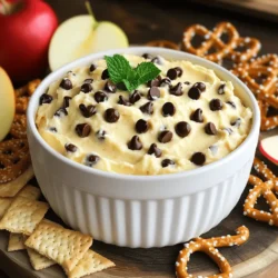 - 1 cup all-purpose flour, heat-treated - ½ cup packed brown sugar - ½ cup granulated sugar - ½ cup unsalted butter, softened - 1 teaspoon pure vanilla extract - 1 cup cream cheese, softened - ½ cup mini chocolate chips - ¼ teaspoon sea salt Choosing the right type of chocolate chips I prefer mini chocolate chips for this dip. They mix well and give you more chocolate in every bite. You can also use dark, milk, or even white chocolate chips based on your taste. Substitutions for dietary preferences If you want a dairy-free option, swap the cream cheese with a vegan cream cheese. For gluten-free, use gluten-free flour. This way, everyone can enjoy the dip. Importance of heat treating flour Heat-treating flour is key. It kills any bacteria in raw flour. Just microwave it for one minute, then let it cool. This step makes the dip safe to eat and keeps it tasting great. For the full recipe, check out the [Full Recipe]. To start, you must heat-treat the flour. This step is key to making the dip safe. Place 1 cup of all-purpose flour in a microwave-safe bowl. Heat it in the microwave for 1 minute. The heat will kill any harmful bacteria. Once done, let the flour cool completely. This is important, as warm flour can change the dip's texture. Now, let’s mix the cookie dough base. In a large mixing bowl, combine the softened butter, brown sugar, and granulated sugar. Use an electric mixer to beat them together. Mix until it becomes light and fluffy, which takes about 2 to 3 minutes. Next, add the softened cream cheese and vanilla extract. Beat on medium speed until everything is smooth and well combined. This step gives the dip its creamy texture. Now it’s time for the final mixing. Gradually add the cooled heat-treated flour while mixing on low speed. This helps avoid lumps. Once fully blended, gently fold in the mini chocolate chips and sea salt. Use a spatula to distribute them evenly. Finally, transfer the dip to a serving bowl. Smooth out the top with a spatula. For extra flair, sprinkle some mini chocolate chips on top. This makes it look even more delicious. For the complete recipe, check the Full Recipe. To keep your dip smooth, use softened cream cheese. Room temperature cream cheese blends better. If it’s too cold, your dip may be lumpy. Mix it well with butter and sugars until fluffy. This step adds air, making your dip light and creamy. You can play with flavors to make this dip even better. Try adding a pinch of cinnamon for warmth. A splash of almond extract can give a nice twist too. For an extra treat, fold in some chopped nuts or toffee bits. These additions can make your dip unique and delicious. Serve your cookie dough dip with fun dippers. I love using graham crackers, pretzels, or fresh apple slices. Arrange them on a platter for a colorful display. You can also sprinkle extra mini chocolate chips on top for a fancy look. Garnishing with mint leaves adds a fresh touch. This dip is a hit at parties or movie nights! {{image_4}} You can make this dip gluten-free easily. Just swap the all-purpose flour for gluten-free flour. Make sure it is heat-treated like the regular flour. The texture remains creamy and tasty. You can enjoy this dip without worry if you are gluten-sensitive. To make a vegan version, replace the butter and cream cheese with plant-based options. Use coconut oil or vegan butter instead of regular butter. For cream cheese, try a vegan cream cheese alternative. This way, you keep the dip rich and creamy while being dairy-free. You can change the flavor of this dip for fun. Want a nutty twist? Add peanut butter chips instead of mini chocolate chips. For a refreshing kick, mix in some mint extract. You can also try using dark chocolate chips for a richer taste. Each flavor brings a new twist to this classic dip. Feel free to experiment and create your perfect version of cookie dough dip! Check out the Full Recipe for more ideas. To keep your chocolate chip cookie dough dip fresh, store it in the fridge. Use an airtight container. This will prevent any smells from other foods from getting into your dip. It also helps keep the dip creamy and tasty. You can freeze the cookie dough dip for later. Put it in a freezer-safe container. Leave some space at the top, as it will expand. When you want to eat it, thaw it in the fridge overnight. Stir it well before serving to get back its creamy texture. In the fridge, your dip will last about 5 days. If you freeze it, it can be good for up to 3 months. Check for signs of spoilage before eating. If it smells bad or has a strange color, it is best to throw it away. Enjoy your chocolate chip cookie dough dip fresh for the best flavor! For the full recipe, visit the link provided. Yes, you can eat cookie dough dip raw. I use heat-treated flour for safety. This step kills harmful bacteria. Enjoy it straight from the bowl without worry. The dip lasts about 3 to 5 days in the fridge. Store it in an airtight container. This keeps it fresh and tasty for your late-night cravings. I love to use graham crackers, pretzels, and apple slices. These dippers add fun flavors and textures. You can also try vanilla wafers or strawberries for variety. Absolutely! You can make this dip a day or two ahead. Just cover it and store it in the fridge. This gives the flavors time to blend. Yes, you can make a healthier dip. Use Greek yogurt instead of cream cheese. You can also swap sugars for honey or maple syrup. This way, you cut down on calories but keep the fun. For the full recipe, check out the Sweet & Salty Chocolate Chip Cookie Dough Dip. This blog post covered how to create a delicious cookie dough dip. We explored the key ingredients, like heat-treated flour and mini chocolate chips. I shared tips for choosing the right chips and how to adapt the recipe for dietary needs. You also learned step-by-step instructions to make it smoothly and variations to match your taste. In the end, this dip makes a great treat for any gathering. Enjoy it with friends and family!