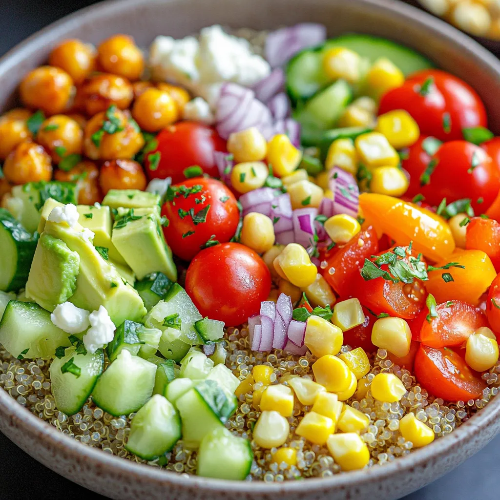- 1 cup quinoa, thoroughly rinsed - 2 cups vegetable broth or water - 1 cup cherry tomatoes, halved - 1 cucumber, diced into bite-sized pieces - 1 cup bell peppers, diced - 1 cup corn kernels - 1 ripe avocado, diced - 1/4 cup red onion, finely chopped - 1/4 cup fresh parsley, chopped - 3 tablespoons extra-virgin olive oil - 2 tablespoons fresh lemon juice - Sea salt and freshly ground black pepper, to taste - Optional toppings I love using quinoa for meal prep. It’s easy to cook and packed with nutrients. You need to rinse the quinoa well before cooking. This removes a bitter coating called saponin. You can use either vegetable broth or water to cook it. The broth adds flavor, while water is a simple choice. Next, I love adding colorful veggies. Cherry tomatoes are sweet and juicy. Diced cucumber brings a nice crunch. Bell peppers add a pop of color and taste. Corn kernels give a sweet touch, and avocado adds creaminess. Don’t forget the red onion for a mild bite. Fresh parsley brightens the dish. For the dressing, mix olive oil and lemon juice. This brings all the flavors together. Season with sea salt and black pepper to taste. For a fun twist, try optional toppings. Crumbled feta cheese adds creaminess. Roasted chickpeas give crunch. A drizzle of tahini can elevate the flavors. This colorful quinoa veggie bowl is a feast for the eyes and the taste buds! You can find the full recipe in the article. Enjoy your meal prep! 1. Combining quinoa and broth Start by rinsing 1 cup of quinoa under cold water. This step removes bitter flavors. Next, place the rinsed quinoa in a medium saucepan. Pour in 2 cups of vegetable broth or water. This will add flavor to the quinoa. 2. Bringing to a boil, then simmering Turn the heat to medium-high. Wait for the mixture to come to a boil. Once it bubbles, reduce the heat to low. Cover the pot and let it simmer for about 15 minutes. The quinoa will absorb the liquid and become fluffy. After cooking, keep the lid on for a few minutes to let it cool slightly. 1. Mixing the fresh vegetables While the quinoa cooks, chop your veggies. In a large bowl, combine 1 cup of halved cherry tomatoes, 1 diced cucumber, 1 cup of diced bell peppers, 1 cup of corn kernels, 1 diced avocado, 1/4 cup of finely chopped red onion, and 1/4 cup of fresh parsley. This mix brings colors and nutrients to your meal. 2. Whisking the dressing ingredients In a small bowl, whisk together 3 tablespoons of extra-virgin olive oil, 2 tablespoons of fresh lemon juice, sea salt, and black pepper. This dressing will add a zesty kick to your veggies. 1. Fluffing quinoa before mixing After the quinoa has cooled, use a fork to fluff it. This separates the grains and makes it light and airy. 2. Distributing in meal prep containers In your meal prep containers, add the fluffed quinoa to the vegetable mix. Stir gently until it is evenly combined. This dish is not only tasty but also looks great. You can enjoy it right away or store it for later. For added flavor, top with crumbled feta or roasted chickpeas. For the full recipe, check out the Colorful Quinoa Veggie Bowls 🥗. Portion control helps keep your meals balanced. Start with small servings. You can always add more later. Measure out your quinoa and veggies for easy servings. Use containers that are the same size for a neat look. Storing food correctly keeps it fresh. Use airtight containers to prevent spoilage. Label your meals with dates to track freshness. Store in the fridge for up to five days. For longer storage, freeze meals and reheat later. Customizable toppings make meals fun. Try crumbled feta cheese for creaminess. Roasted chickpeas add crunch and protein. A drizzle of tahini brings a nutty flavor. Mix and match based on what you like. Adjust seasoning to taste. Start with a pinch of salt and pepper. Add more if needed. Fresh herbs like parsley or basil brighten the dish. Experiment with spices for new flavors. Perfectly cooked quinoa is fluffy and light. Rinse quinoa under cold water before cooking. This removes bitterness. Cook it in vegetable broth for extra flavor. Follow the cooking time for best results. Using fresh ingredients makes a big difference. Choose ripe, colorful veggies for the best taste. Seasonal produce is often cheaper and tastier. Always wash your vegetables well before use. For the full recipe, check out Colorful Quinoa Veggie Bowls 🥗. {{image_4}} You can add protein to your quinoa veggie bowls for more flavor. Grilled chicken works great. Just cook the chicken, slice it, and mix it in. Tofu is another option for a plant-based choice. Marinate and sauté it until golden. Legumes are also a smart choice. Try adding chickpeas or black beans. They boost protein and add a nice texture. Seasonal vegetables make your bowls fresh and tasty. You can swap out bell peppers for zucchini in summer, or use root veggies like carrots in fall. If you need gluten-free options, quinoa is naturally gluten-free. For a vegan twist, skip the feta cheese. Instead, add nuts or seeds for crunch. Dressings can change the whole dish. You can try different vinaigrettes for a new taste. Balsamic, lemon, or tahini dressings are all great choices. Mix in fresh herbs like basil or cilantro to add flavor. They bring a fresh touch to your meal prep. For a kick, consider a spicy sauce or a sprinkle of chili flakes. For the full recipe, check out the Colorful Quinoa Veggie Bowls. To keep your quinoa veggie bowls fresh, follow these simple steps: - Cool Down: Let the bowls cool to room temperature before storing. - Airtight Containers: Use airtight containers to prevent moisture. - Refrigerate: Store in the fridge for up to four days. For meal prep, choose glass containers. They help keep food fresh and are microwave-safe. You can also use BPA-free plastic containers. Just make sure they seal tightly. To reheat your quinoa veggie bowls without losing quality, try these methods: - Microwave: Place the bowl in the microwave. Cover it with a damp paper towel to keep moisture. Heat in 30-second intervals until warm. - Stovetop: Add a splash of water to a pan. Heat over low heat, stirring until warmed through. For the best taste, eat your bowls within four days. Enjoy them fresh for the most vibrant flavors! To cook quinoa well, rinse it first. Rinsing removes a bitter coating called saponin. Use a fine mesh strainer for easy rinsing. After rinsing, combine 1 cup of quinoa with 2 cups of water or vegetable broth. Bring it to a boil on high heat. Then, lower the heat and cover the pot. Let it simmer for about 15 minutes. The quinoa will be fluffy when done. Fluff it with a fork before serving. This method ensures your quinoa is perfect every time. Yes, you can make this recipe ahead of time. Meal prep can be done up to four days in advance. Store the quinoa veggie bowls in airtight containers. Keep them in the fridge for freshness. You can also freeze them for longer storage, up to three months. Just remember to thaw them in the fridge overnight before eating. This makes meal time quick and easy! Quinoa bowls go well with many side dishes. Try a simple green salad for a fresh contrast. Roasted vegetables add flavor and texture. You can also serve whole-grain bread or pita on the side. For protein, consider grilled chicken or tofu. These options will enhance your meal and make it more filling. Mix and match to find your favorite combos! To store avocado, cut it in half and remove the pit. Keep the half with the pit intact; it stays fresher. Wrap the avocado tightly in plastic wrap. You can also place it in an airtight container. Adding lemon or lime juice on the cut side helps slow browning. Store it in the fridge for up to two days. This way, your avocado stays tasty for your meal prep! This post covered how to make a tasty quinoa veggie bowl. We explored the ingredients, cooking steps, and meal prep tips. You learned how to customize your bowl with proteins and toppings. Remember, using fresh ingredients boosts flavor. Proper storage keeps your food fresh longer. Experiment with different veggies and dressings to find your favorites. Enjoy making this healthy meal, and share it with family and friends!
