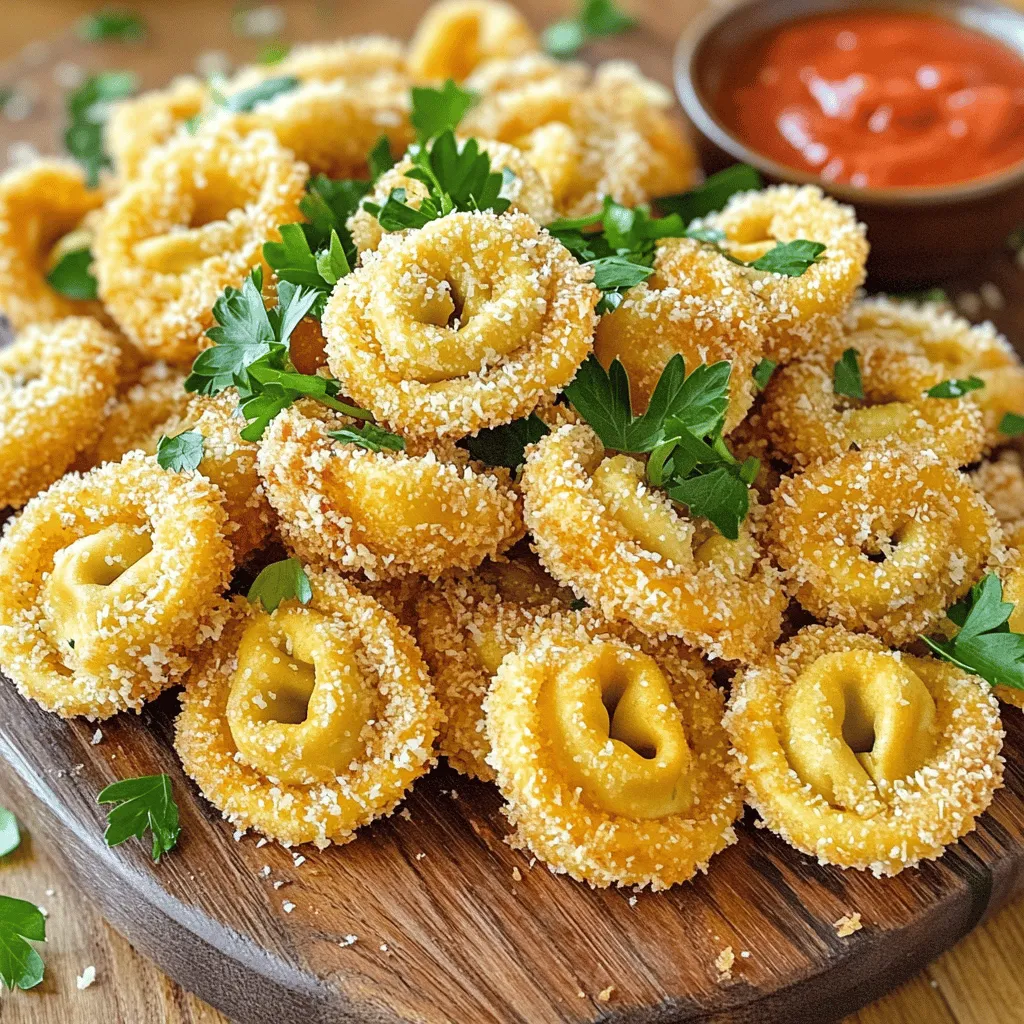 To make Quick Crispy Parmesan Fried Tortellini, gather these simple ingredients: - 2 cups cheese tortellini (refrigerated or frozen) - 1 cup panko breadcrumbs (for that extra crunch) - ½ cup freshly grated Parmesan cheese - 1 teaspoon garlic powder - ½ teaspoon dried Italian herbs (a delightful mix of oregano, basil, and thyme) - Salt and freshly cracked black pepper to taste - 2 large eggs, beaten well - Vegetable oil (for frying) - Fresh parsley, finely chopped (for garnish) Each ingredient plays a key role in creating this delicious dish. The cheese tortellini serves as the base, offering a rich flavor. Panko breadcrumbs add the perfect crunch, while Parmesan cheese enhances the savory taste. Garlic powder and dried Italian herbs bring a burst of aroma and flavor. Don't forget the salt and pepper; they are essential for seasoning. The eggs act as a glue, helping the breadcrumbs stick. Finally, vegetable oil is crucial for frying, giving that golden finish. The fresh parsley adds a pop of color and freshness when you serve. For the complete recipe and instructions, check the Full Recipe. First, cook your tortellini. If using frozen, follow the package guide for cooking. You want them al dente, so be careful not to overcook. Once cooked, drain them well. Let the tortellini cool a bit. This cooling helps them firm up, making them easier to handle when you bread them. Grab a large bowl and mix your breading ingredients. Combine panko breadcrumbs, grated Parmesan, garlic powder, and Italian herbs. Add salt and pepper to taste. In another bowl, beat your eggs. To coat each tortellini, dip it in the egg first. Let any extra egg drip off. Then roll it in the breadcrumb mix. Press gently to get a nice, even coating. Choose a deep skillet and pour in enough vegetable oil to reach about ½ inch deep. Heat the oil over medium-high heat. Wait until the oil shimmers. This means it’s hot enough for frying. Carefully add the breaded tortellini to the hot oil. Fry them in small batches. This keeps the oil hot and helps them cook evenly. Fry each side for about 2-3 minutes. You want them golden brown and crispy. When done, use a slotted spoon to transfer them to a paper towel-lined plate. This helps soak up any extra oil. Serve your crispy tortellini hot. Arrange them neatly on a plate. For a pop of color, sprinkle with fresh parsley. Pair them with a side of marinara sauce for dipping. You can also add more grated Parmesan on top for extra flavor. Don’t hesitate to check the Full Recipe for more details! To get that extra crispy texture, use panko breadcrumbs. They are lighter and crunchier than regular breadcrumbs, giving a great bite. When you fry, do it in batches. This helps the tortellini cook evenly and stay crispy. If you add too many at once, they will steam instead of fry. One big mistake is overcrowding the frying pan. If you pack it too tight, the heat drops, and the tortellini won’t fry well. Another mistake is not letting the tortellini cool before breading. Cooling helps the coating stick better, which means more crunch when they fry. Keep an eye on the oil temperature. If it's too hot, the tortellini will burn. If it's too cool, they will soak up oil and become greasy. The right temperature is key for a perfect fry. Frying for about 2-3 minutes per side gives a golden color and great texture. For the full recipe, check out the details above. Enjoy your cooking! {{image_4}} You can switch the Parmesan for other cheeses. Try mozzarella for a milder taste. If you like bold flavors, use aged cheddar. Goat cheese can add a nice tang. Adding spices can enhance the flavor. Try smoked paprika for a smoky kick. A dash of cayenne can add heat. Mix in some fresh herbs like basil for a fresh twist. If you prefer baking, it’s easy! Preheat your oven to 400°F. Place the breaded tortellini on a baking sheet lined with parchment paper. Bake for about 20 minutes, flipping halfway through. Watch for a golden color. Baking gives you a healthier option. You won't need as much oil. Adjust the time based on your oven. Every oven is a little different. Dipping sauces can change the game. Marinara is the classic choice, but try a spicy arrabbiata for a twist. You can mix pesto into your marinara for a fresh taste. Creamy dips are great too. Ranch dressing pairs well with crispy tortellini. A garlic aioli adds a gourmet touch. Try a yogurt-based dip for a lighter option. For the full recipe, check out the delicious details! To keep your crispy Parmesan fried tortellini fresh, use airtight containers. Glass or plastic containers work well. Make sure to let the tortellini cool completely before sealing. This helps prevent moisture buildup. Properly stored, they last about three days in the fridge. To reheat and maintain that crispy texture, use the oven. Preheat it to 350°F (175°C). Place the tortellini on a baking sheet. Bake for about 10 minutes. This method crisps them up nicely. If you want to freeze them, place the cooled tortellini in freezer bags. Remove as much air as possible before sealing. They can stay frozen for up to three months. When you're ready, thaw in the fridge overnight before reheating. Enjoy the crunch again! For the full recipe, check the section above. Yes, you can use frozen tortellini. Just follow the package instructions for cooking. Typically, you boil them in water until they are al dente. After cooking, drain and let them cool. This helps them firm up, making them easier to handle when you bread them. To make this recipe vegetarian, simply skip any meat in your sauce. You can also choose vegetable broth instead of chicken broth if needed. The cheese tortellini adds great flavor, so you won’t miss the meat. I recommend using vegetable oil or canola oil for frying. These oils work well at high heat and won’t alter the flavor much. Make sure the oil is hot enough before frying. You want it to shimmer, which means it’s ready for crispy frying. Yes, you can prep the tortellini ahead of time. Cook and cool them, then bread them. Keep them in the fridge until you’re ready to fry. This will keep them fresh and tasty. Fry them right before serving for the best crispiness. Crispy tortellini pairs well with many sides. You can serve a fresh salad with mixed greens. Garlic bread or a side of marinara sauce is also great. For something light, consider grilled veggies or a simple tomato salad to balance the richness. To recap, we covered how to make crispy tortellini from cooking to serving. You learned the key ingredients, step-by-step instructions, and helpful tips. Avoiding common mistakes is vital for success. I shared variations to customize your dish and storage tips for leftovers. Remember, finding the best dips can really enhance your meal. Explore these ideas and enjoy every bite. Cook with confidence and make this dish your own!