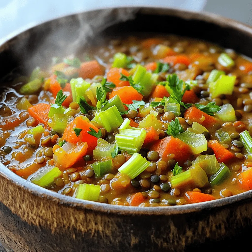 To make the easy lentil stew, gather these simple ingredients: - 1 cup dry green or brown lentils, thoroughly rinsed - 1 medium onion, finely diced - 2 cloves garlic, minced - 2 carrots, peeled and diced into small cubes - 2 stalks celery, diced - 1 bell pepper (any color), diced - 1 can (14 oz) diced tomatoes, including juices - 4 cups rich vegetable broth - 2 teaspoons ground cumin for warmth - 1 teaspoon smoked paprika for depth - 1 teaspoon dried thyme for earthiness - Salt and freshly ground black pepper, to taste - 2 tablespoons extra virgin olive oil - Fresh parsley, finely chopped, for garnish You can make this stew even better with some fun extras. Try adding: - A squeeze of fresh lemon juice for brightness - A dollop of yogurt for creaminess - Red pepper flakes for a spicy kick - Chopped spinach or kale for extra greens These options can change the flavor and make the stew your own. Choosing the right ingredients makes a big difference. Here are some tips: - Lentils: Look for lentils that are whole and shiny. Avoid any with cracks. - Vegetables: Pick fresh, firm veggies. They should be bright and free from spots. - Broth: Use a vegetable broth that is low in sodium. This helps control salt levels. - Spices: Check the date on spice jars. Fresh spices bring out the best flavors. These tips help you create a stew that is rich in flavor and health. To start, gather your ingredients. You will need olive oil, onion, and garlic. Heat the olive oil in a large pot over medium heat. When the oil is hot, add the diced onion. Sauté the onion for about five minutes. It should be soft and clear. Then, add the minced garlic. Cook for one more minute. You want the garlic to smell great. Next, it’s time for the other veggies. Add the diced carrots, celery, and bell pepper. Stir these in for about five to seven minutes. You want them to soften but still have some crunch. This will add texture to your stew. The colors will brighten the pot, making it look delicious. Now, let’s combine everything. Add the rinsed lentils and the can of diced tomatoes. Pour in the vegetable broth next. Sprinkle in the cumin, smoked paprika, and thyme. Mix it all well to blend the flavors. Raise the heat to bring the stew to a boil. Once boiling, reduce the heat. Cover the pot and let it simmer for about 30 to 35 minutes. You want the lentils to be tender but not mushy. Lastly, taste and season with salt and pepper. Serve hot and top with fresh parsley. Enjoy your warm, hearty stew! For the full recipe, check out the complete instructions above. To get the right texture for your lentil stew, focus on cooking time. Lentils should be tender but not mushy. Use green or brown lentils for the best results. They hold their shape well and give a nice bite. When adding them to the pot, let them simmer gently. This helps them cook evenly. If you want a thicker stew, mash some lentils against the pot's side. This will give it a nice creamy feel without losing all the texture. One common mistake is not rinsing the lentils before cooking. Rinsing removes dirt and helps them cook better. Another mistake is adding too much salt too early. Salt can toughen the lentils, so wait until they are tender. Also, don’t skip the sautéing step for the vegetables. This builds flavor and depth in your stew. Lastly, avoid overcooking the stew. Check the lentils often to ensure they do not become mushy. Adjusting spices can elevate your lentil stew. If you like heat, add a pinch of red pepper flakes. For a fresh taste, consider squeezing in some lemon juice just before serving. If you enjoy herbs, fresh thyme or bay leaves can add more layers. Don’t forget to season with salt and pepper at the end. Taste as you go to find your perfect balance. You can always add more, but you can’t take it out! For more detailed instructions, check the Full Recipe. {{image_4}} You can easily make this stew vegan. Just skip any meat and use vegetable broth. The lentils and veggies provide all the protein you need. If you want a creamier texture, add some coconut milk. This adds a nice sweetness too. Feel free to swap ingredients based on your taste. Use sweet potatoes instead of carrots for a different flavor. You can also try kale or spinach for extra greens. If you like spice, add some chopped jalapeños. For a heartier stew, include mushrooms or zucchini. You can cook this stew on the stovetop or in a slow cooker. The stovetop method is quick. It takes about 30-35 minutes. Just keep an eye on it to prevent burning. Using a slow cooker makes it easy too. Just put all the ingredients in and set it on low for 6-8 hours. This method lets the flavors blend nicely. Both ways give you a tasty meal, so choose what works best for you. For the full recipe, check out the details provided earlier. After you enjoy your lentil stew, let it cool down. Store leftovers in an airtight container. The stew keeps well in the fridge for up to five days. When you want to eat it again, just take it out and enjoy! If you want to save some stew for later, freezing is a great option. Pour the cooled stew into a freezer-safe container. Leave some space at the top for expansion. Properly stored, it can last up to three months in the freezer. Just label it with the date, so you know when to use it. To reheat your lentil stew, you have a few options. You can use the microwave or the stovetop. If using the stovetop, heat it on low and stir often. Add a splash of broth or water if it looks too thick. For the microwave, use a microwave-safe bowl and heat it in short bursts. Stir in between to warm evenly. Enjoy your stew just like the first time! Yes, you can use split lentils. They cook faster than whole lentils. Split lentils can break down more, giving a creamier texture. If you like a thicker stew, split lentils are a great choice. Just keep an eye on cooking time. They may need only 15-20 minutes to cook. Lentils are cooked when they are tender but still hold their shape. You can taste a few lentils to check. They should not be mushy. If the stew looks too thick, add a splash of broth or water. Stir well and let it simmer a bit longer. This helps get the right texture. Lentil stew pairs well with many sides. You can serve it with crusty bread, rice, or warm naan. A simple salad adds fresh crunch. Try a dollop of yogurt on top for creaminess. You can also enjoy it with roasted vegetables for added flavor. This blog post covered all you need for a great lentil stew. You learned about key ingredients, cooking steps, and helpful tips. We discussed variations and how to store your stew for later. Remember, quality ingredients lead to better flavor. Avoid common mistakes and try different cooking methods to find what you like. Enjoy your lentil stew, and make it your own! Now, it's time to get cooking.