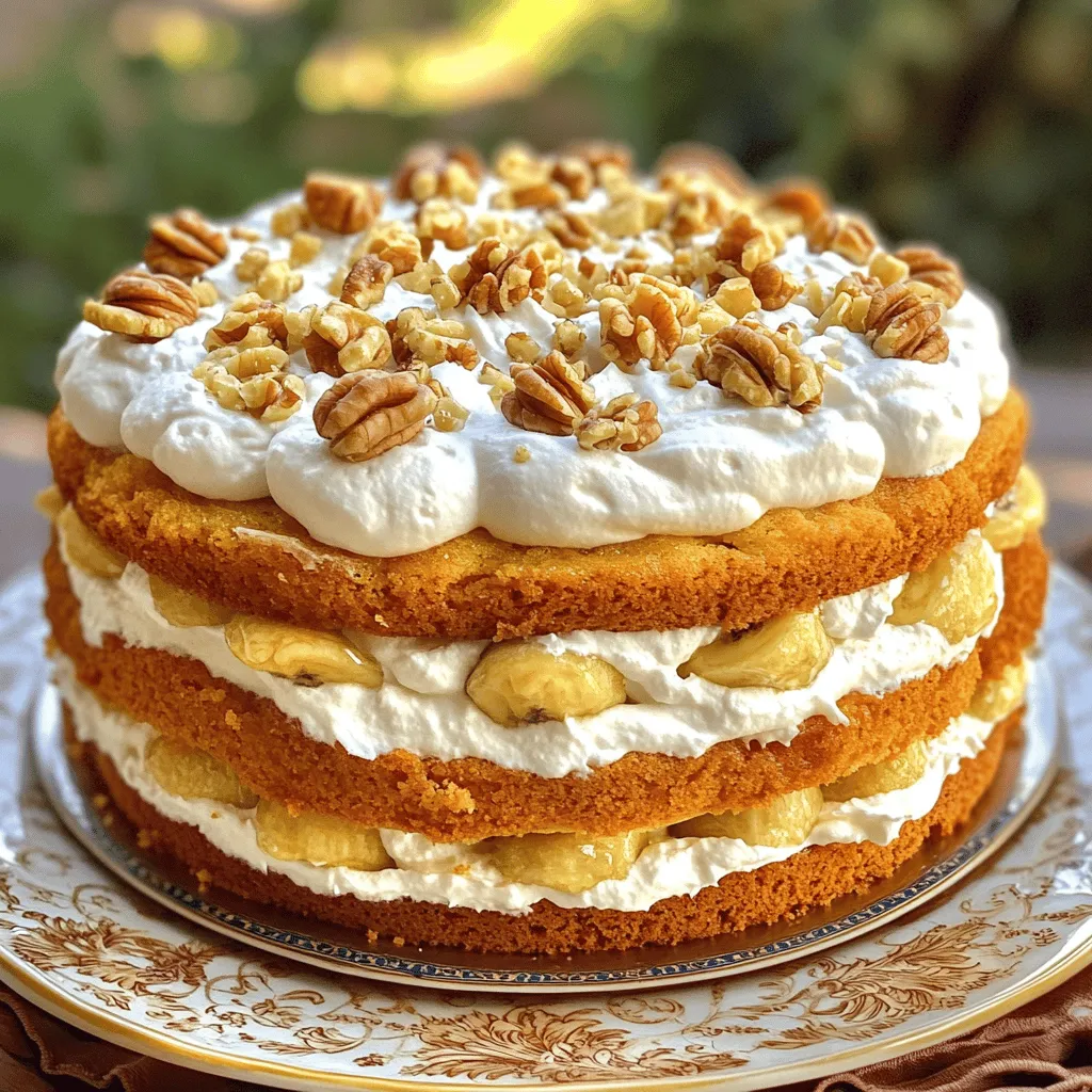 To make the Heavenly Banana Walnut Cream Cake, you need some simple ingredients. Each one plays a key role in creating that perfect flavor and texture. Here’s what you’ll need: - 3 ripe bananas, mashed - 1 cup granulated sugar - 1/2 cup unsalted butter, softened to room temperature - 2 large eggs - 1 teaspoon pure vanilla extract - 1 1/2 cups all-purpose flour - 1 teaspoon baking soda - 1/2 teaspoon salt - 1/2 cup buttermilk - 1 cup walnuts, chopped (set aside a few whole walnuts for decoration) - 1 cup heavy whipping cream - 2 tablespoons powdered sugar - 1 teaspoon vanilla extract (for whipped cream) Ripe bananas are key. They add natural sweetness and moisture. The sugar helps the cake rise and gives it a lovely crust. Softened butter creates a rich texture. Eggs bind everything together and add fluffiness. Pure vanilla extract brings a warm flavor that enhances the cake. All-purpose flour is the backbone of the cake. Baking soda helps it rise, while salt balances the sweetness. Buttermilk adds tanginess and keeps the cake moist. Chopped walnuts give a nice crunch and flavor, while heavy whipping cream makes the frosting light and airy. This mix of ingredients results in a tasty cake that everyone will love. You can find the full recipe to guide you through the steps. 1. Preheat your oven to 350°F (175°C). Prepare a 9-inch round cake pan. Grease it with butter and dust it lightly with flour. 2. In a large bowl, combine 1/2 cup of softened butter and 1 cup of granulated sugar. Beat them until the mixture is light and fluffy. 3. Next, mix in 3 ripe bananas, mashed, and 2 large eggs. Blend until well combined. 4. In another bowl, whisk together 1 1/2 cups of all-purpose flour, 1 teaspoon of baking soda, and 1/2 teaspoon of salt. Gradually add this to the wet mixture, alternating with 1/2 cup of buttermilk. Start and end with the flour mixture. Mix just until combined. 5. Finally, fold in 1 cup of chopped walnuts, being careful not to over-mix the batter. 1. Transfer the batter into your prepared cake pan. Smooth the top with a spatula. 2. Bake in the preheated oven for 25 to 30 minutes. Check with a toothpick; it should come out clean. 3. Once baked, take the cake out of the oven. Let it cool in the pan for 10 minutes. Then, move it to a wire rack to cool completely. 1. For the whipped cream, pour 1 cup of heavy whipping cream into a bowl. Beat it on medium speed until soft peaks form. 2. Gradually add 2 tablespoons of powdered sugar and 1 teaspoon of vanilla extract. Continue beating until stiff peaks form. Now you have a beautiful cake ready to frost and serve! For the full recipe, check out the details above. To bake a perfect Heavenly Banana Walnut Cream Cake, follow a few key steps. First, ensure even baking. This means setting your oven to the right temperature. Preheat it to 350°F (175°C). Next, prepare your cake pan well. Grease it with butter and dust it with flour. This helps the cake release easily after baking. Keep an eye on the clock to avoid overbaking. Check the cake around 25 minutes. A toothpick inserted in the center should come out clean. Whipped cream makes this cake shine. To achieve stiff peaks, start with cold heavy whipping cream. Beat it on medium speed until you see soft peaks. Then, add powdered sugar and vanilla extract. Continue beating until you get stiff peaks. You can also add flavors to your whipped cream. Try using almond extract or a hint of cocoa. These small changes can boost the flavor. A beautiful cake deserves a lovely presentation. Decorate the top with walnuts. Save a few whole walnuts from your ingredient list for this. They add a nice touch. When serving, slice the cake and put each piece on decorative plates. Consider drizzling extra chopped walnuts around the base. A dollop of whipped cream on the side looks great, too. These tips will make your dessert even more inviting. For the full recipe, check the earlier section. {{image_4}} You can make this cake even more special. Try adding chocolate chips for a sweet twist. Just fold in a cup of chocolate chips with the walnuts. You can also sprinkle in some spices. A teaspoon of cinnamon or nutmeg adds warmth and depth. These flavors blend nicely with the bananas and walnuts. While whipped cream is lovely, you might want to switch things up. Cream cheese frosting gives a tangy touch. Just mix cream cheese with powdered sugar and vanilla. Spread it on top for a rich flavor. You can also use fruit-based garnishes. Fresh berries or slices of banana look great and add a fresh taste. Dietary needs? No problem! You can make this cake gluten-free. Use a gluten-free flour blend instead of all-purpose flour. Just make sure it has a good mix of starches and flours. For vegan options, replace eggs with flax eggs. Mix one tablespoon of ground flaxseed with three tablespoons of water. Let it sit for a few minutes to thicken. Replace buttermilk with almond milk and a splash of vinegar. Enjoy a delicious cake that fits your needs! To keep your Heavenly Banana Walnut Cream Cake fresh, follow these steps: - Refrigerating the cake: Store your cake in the fridge. Use an airtight container to prevent it from drying out. The cream topping stays fresh for up to three days. - Freezing instructions: If you want to save some for later, freeze the cake. Wrap it tightly in plastic wrap, then place it in a freezer bag. It can last for up to three months. Just be sure to thaw it in the fridge before serving. How long the cake lasts depends on how you store it: - Refrigerated: The cake stays fresh for about three days in the fridge. - Frozen: If frozen, it can last up to three months without losing its taste. Signs of spoilage: Look for changes in texture or smell. If the cake feels dry or smells off, it’s time to let it go. Best methods for warming up leftover cake: - Microwave: Place a slice on a microwave-safe plate. Heat it for 10-15 seconds until warm. - Oven: Preheat the oven to 350°F (175°C). Wrap the cake in foil and heat for about 10-15 minutes. This method keeps the cake moist and tasty. These tips will help you enjoy your Heavenly Banana Walnut Cream Cake at its best! For the full recipe, check the earlier sections. To make this cake, follow these steps: 1. Preheat your oven to 350°F (175°C). Grease a 9-inch round cake pan with butter and dust it with flour. 2. In a large bowl, beat softened butter and granulated sugar until light and fluffy. 3. Add mashed bananas and mix well. Then, add eggs one at a time, mixing after each. Finally, stir in vanilla extract. 4. In another bowl, whisk together all-purpose flour, baking soda, and salt. 5. Gradually fold the dry mix into the wet mix, alternating with buttermilk. Start and finish with the flour. 6. Gently fold in chopped walnuts. Be careful not to over-mix. 7. Pour the batter into the prepared pan, smoothing the top. 8. Bake for 25-30 minutes. Check with a toothpick; it should come out clean. 9. Cool the cake in the pan for 10 minutes, then move it to a wire rack. 10. For the topping, whip heavy cream until soft peaks form. Add powdered sugar and vanilla, whipping until stiff peaks form. 11. Frost the cooled cake with the whipped cream and decorate with whole walnuts. 12. Chill for about an hour before serving. Yes, you can substitute walnuts if you have allergies or preferences. Here are some options: - Pecans offer a similar crunch and flavor. - Almonds can add a different taste. - Sunflower seeds are a great nut-free option. - Omit the nuts entirely for a lighter cake. If you don’t have buttermilk, here are simple substitutes: - Mix 1 cup of milk with 1 tablespoon of vinegar or lemon juice. Let it sit for 5 minutes. - Use plain yogurt or sour cream, thinned with a little water or milk to reach buttermilk consistency. - Milk with cream of tartar is another option; mix 1 cup of milk with 1 1/2 teaspoons of cream of tartar. This blog post covered everything you need to make a delicious Heavenly Banana Walnut Cream Cake. We discussed the essential ingredients and outlined the step-by-step instructions for baking and preparing the whipped cream topping. I also shared tips for perfecting your cake and creative variations to explore. In conclusion, baking this cake is simple and fun. Use the storage tips to enjoy it longer. Experiment with flavors and toppings to make it your own. Happy baking!