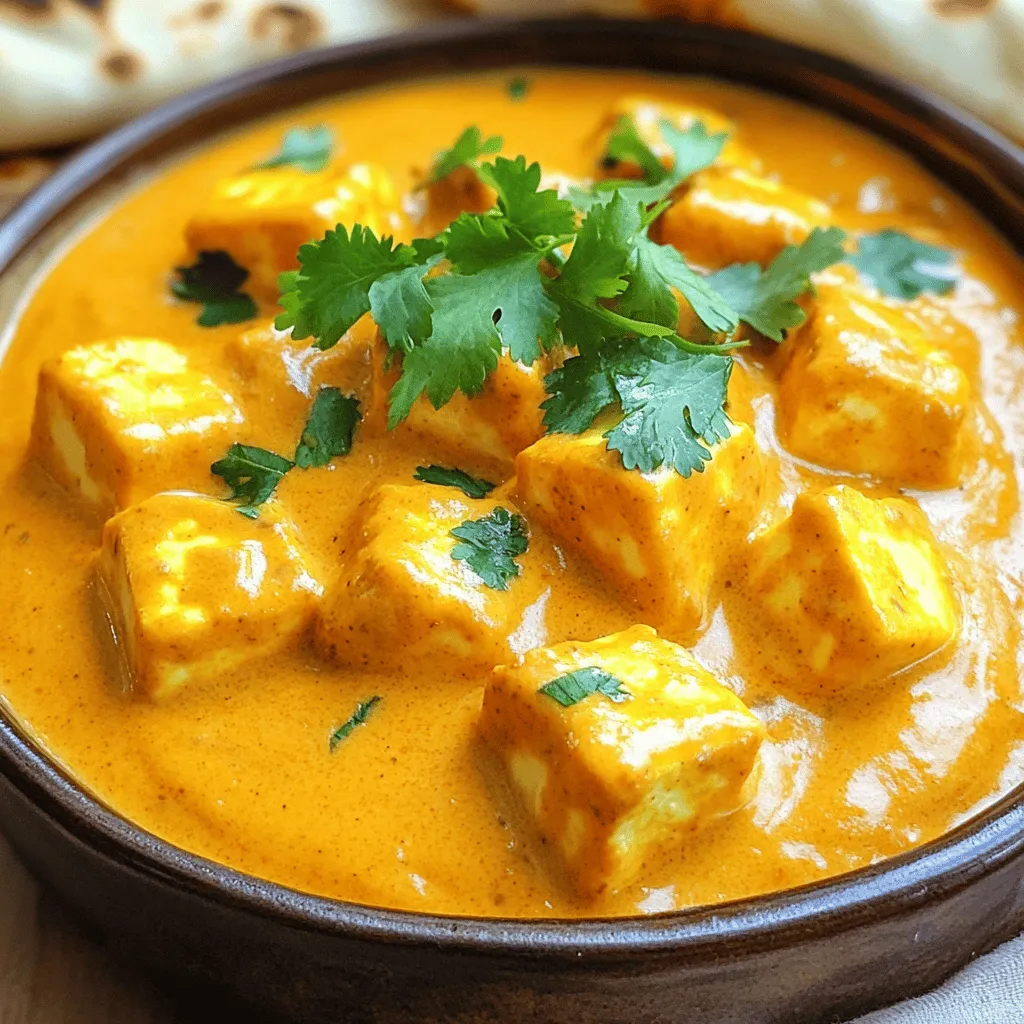 - Paneer and Dairy Ingredients - 250 grams paneer, cut into 1-inch cubes - ½ cup heavy cream - Spices and Seasonings - 1 teaspoon cumin seeds - 1 teaspoon red chili powder (adjust for desired spiciness) - 1 teaspoon garam masala - 1 teaspoon sugar - Salt to taste - 1 tablespoon kasuri methi (dried fenugreek leaves) - Cooking Oils and Garnishes - 2 tablespoons unsalted butter - 1 tablespoon vegetable oil - 1 medium onion, finely chopped - 2 medium tomatoes, pureed - 1 tablespoon ginger-garlic paste - Fresh cilantro leaves, chopped, for garnish Gathering these ingredients is the first step to making Butter Paneer. Each one plays a role in creating the creamy and rich sauce that makes this dish so special. Paneer is the star of this meal. It’s soft and perfect for soaking up flavors. The heavy cream adds richness, while the spices give warmth and depth. Butter and oil help cook the base, adding taste and texture. The onions and tomatoes create a sweet and tangy sauce. Lastly, the cilantro adds a fresh touch. You can find all these ingredients at your local grocery store or an Indian market. If you want the full experience, check out the Full Recipe. - Cutting and Pan-Frying Paneer Cubes: Start by cutting the paneer into 1-inch cubes. If you want a firmer texture, heat a non-stick pan over medium heat. Add a bit of oil and let it warm. Once hot, add the paneer cubes. Cook them for about 3-4 minutes on each side until they are golden brown. This adds flavor and a nice crust. - Tips for Achieving the Perfect Texture: To get the best texture, do not overcrowd the pan. Fry in batches if needed. Once done, remove the paneer from the pan and place it on a plate lined with paper towels. This helps absorb any extra oil, keeping it light. - Cooking the Onion and Aromatic Base: Use the same pan for the sauce. Add 2 tablespoons of unsalted butter and a tablespoon of vegetable oil over medium heat. Once the butter melts, add 1 teaspoon of cumin seeds. Sauté them for about 30 seconds until they sizzle. Then, add 1 medium finely chopped onion. Cook the onion for 5-7 minutes until it turns a rich golden brown. - Perfecting Tomato Sauce Consistency: Now, stir in 1 tablespoon of ginger-garlic paste and cook for 1 minute. Next, pour in 2 medium pureed tomatoes. Add 1 teaspoon of red chili powder and a pinch of salt. Mix everything well. Let this cook for about 5-7 minutes, stirring occasionally. You want the sauce to thicken and the oil to separate from the tomatoes. - Folding in Paneer and Simmering the Sauce: Once the sauce is ready, reduce the heat to low. Stir in ½ cup of heavy cream, 1 teaspoon of sugar, and 1 teaspoon of garam masala. Mix well and let it simmer for 3-5 minutes. This helps the flavors blend. - Essential steps for Richness and Flavor: Finally, gently fold in the golden-brown paneer cubes and 1 tablespoon of kasuri methi. Make sure the paneer is well coated in the rich sauce. Cook for 2-3 more minutes until everything is heated through. Your Butter Paneer is now ready to serve! For the full recipe, check the details. To get that rich, creamy texture, use heavy cream. It makes the sauce smooth and luxurious. Cooking time also matters. Let the sauce simmer to thicken. This allows all the flavors to blend well. Keep it on low heat to avoid burning. When adjusting spice levels, taste as you go. If you want less heat, cut back on red chili powder. You can add more cream to balance out spiciness. This way, you keep great flavor without too much heat. Garnish with fresh cilantro for a pop of color. It adds a bright, herbal note to the rich dish. Just chop it finely and sprinkle it on top right before serving. For a truly authentic experience, serve Butter Paneer with warm naan or steamed basmati rice. These sides soak up the creamy sauce beautifully. You can also add a side of pickles or yogurt for extra flavor. This creates a balanced and satisfying meal. If you want to explore more, check out the Full Recipe for detailed steps! {{image_4}} You can easily make Butter Paneer vegan. Instead of paneer, try tofu or tempeh. Both options absorb flavors well and provide a nice texture. Use coconut cream in place of heavy cream for a rich taste. This swap keeps your dish creamy and dairy-free. For added nutrition, consider using vegetables. Bell peppers or zucchini can add color and taste. You can also throw in chickpeas for protein. Their texture blends well with the dish. Want to take your Butter Paneer to the next level? Add nuts for extra richness. Cashews or almonds can make the sauce thicker. Simply grind them into a paste and mix them in during cooking. Experiment with herbs and spices, too. Fresh basil or mint can give a new twist. You can also try adding a pinch of smoked paprika for depth. Each variation brings a unique flavor to the dish, making it exciting every time you cook it. For the full recipe, check out the Creamy Butter Paneer Delight. To store leftovers, let Butter Paneer cool first. Place it in an airtight container. This keeps the flavors fresh. You can store it in the fridge for up to three days. Butter Paneer stays fresh for about three days in the fridge. After that, the taste and texture might change. Always check for any off smells or changes before eating. To freeze Butter Paneer, let it cool completely. Transfer it to a freezer-safe container. Make sure to leave some space for expansion. You can freeze it for up to three months. When ready to eat, thaw the Butter Paneer overnight in the fridge. Reheat it gently on the stove. Add a splash of cream or water to help restore the creamy texture. Freezing may slightly change the texture of the paneer. However, the flavors will remain rich and tasty. To keep it close to the original, avoid overcooking when reheating. Enjoy your creamy delight even after storing! Butter paneer, also known as paneer makhani, is a creamy Indian dish. It features paneer, which is fresh cheese, cooked in a rich tomato sauce. The dish has roots in North India and is loved for its smooth texture and flavorful taste. It combines simple ingredients to create something special. Traditionally, chefs would use butter, cream, and spices to make it rich. Now, many people enjoy it in homes and restaurants worldwide. Yes, you can adjust the spice level of butter paneer. To make it spicier, add more red chili powder or fresh green chilies. You can also use spicy garam masala. If you prefer less heat, cut back on these spices. Start with a small amount, taste, and then add more if needed. This way, you can make the dish fit your taste perfectly. Butter paneer pairs well with various sides. Here are some great options: - Warm naan or roti - Steamed basmati rice - Jeera rice (cumin rice) - A fresh salad or raita (yogurt sauce) These sides balance the creamy sauce and make a complete meal. You can make butter paneer healthier by using low-fat cream or yogurt. Instead of butter, you could use olive oil or ghee in smaller amounts. Add more vegetables like bell peppers or spinach to boost nutrients. You can also reduce the sugar in the recipe. These swaps help retain flavor while making it lighter. Yes, you can use store-bought tomato puree for butter paneer. It saves time and is convenient. However, homemade puree can taste fresher. Store-bought varieties may have added sugars or preservatives. Always read the label to choose the best option. Using fresh tomatoes is another great choice for a richer flavor. In this blog post, we explored the ingredients and steps to make delicious Butter Paneer. We discussed key elements like paneer preparation, sauce creation, and combining flavors for a rich dish. You learned tips for creamy texture and perfect presentation. Don't forget about variations with other ingredients to make it unique. Proper storage keeps your dish fresh and tasty. Remember, Butter Paneer is versatile, and you can adjust it to fit your taste. Try it out, and enjoy every bite!