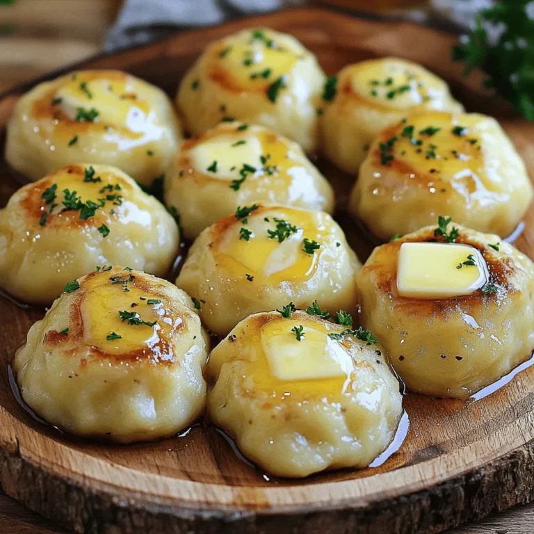 - Waxy potatoes - All-purpose flour - Egg - Salt - Stale bread crumbs - Butter - Fresh parsley (optional) - For a gluten-free option, use potato flour or rice flour. - Use starchy potatoes like Russets or Yukon Gold for better texture. - Choose waxy potatoes for a creamy texture. Look for firm, smooth skin. - Use stale bread crumbs for a better flavor and texture in the dumplings. Fresh bread may make the dumplings soggy. Using the right ingredients makes a big difference. Waxy potatoes hold moisture well and create a fluffy dumpling. If you can’t find waxy potatoes, starchy ones work too, but the texture changes. For bread crumbs, stale ones absorb moisture without getting mushy. This helps keep your dumplings light and airy. Try to gather fresh parsley if you want a splash of color. It adds a nice touch when you serve. If you follow this recipe, you'll enjoy a delicious meal that feels special without being hard to make. Check the Full Recipe for all steps and tips! To start, you need to boil the potatoes. I recommend using waxy potatoes for the best results. Place the potatoes in a large pot and cover them with water. Add a generous pinch of salt. Bring the water to a rolling boil. Then, reduce the heat and let them simmer for about 20-25 minutes. The potatoes should be fork-tender. After boiling, drain the potatoes and let them cool for a few minutes. It’s important to peel the potatoes while they are still warm. The warmth makes peeling easier. Use a potato ricer or a potato masher to create a smooth texture. A smooth base is key for great dumplings. Let the mashed potatoes cool completely before moving to the next step. Now it’s time to make the dumpling dough. In a large bowl, combine the cooled mashed potatoes with all-purpose flour, a large egg, and salt. Mix the ingredients gently. You can use your hands or a wooden spoon for this. Be careful not to overmix. Overworking the dough can lead to tough dumplings. The dough should feel soft and pliable. If it is too sticky, you can add a little more flour. Remember, the right texture is vital for dumpling success. Cooking the dumplings is the final step. Fill a large pot with salted water and bring it to a boil over medium heat. Gently drop the dumplings into the boiling water. Do this in batches to avoid crowding the pot. Cook them for about 10-15 minutes or until they float to the surface. When they float, let them cook for an additional 3-4 minutes to ensure they are fully cooked. Once done, use a slotted spoon to remove them from the pot. They should be light and fluffy. For added flavor, sauté the dumplings in butter for a few minutes until they get a nice golden brown color. This step gives them a delicious crispy outside. These steps will guide you to create perfect German potato dumplings that are simple yet flavorful. For the full recipe, check out the previous section. To make German potato dumplings, you need the right texture. Start by choosing waxy potatoes. They hold moisture well and create a light dumpling. Boil them whole, then mash them while warm. This keeps the potatoes fluffy. To avoid gummy dumplings, don’t overwork the dough. Mix just until combined. If you see the dough sticking to your hands, add a little flour. This will help you shape the dumplings without making them dense. German potato dumplings shine with rich sauces. Try them with a mushroom sauce or beef gravy. They also pair well with sautéed greens or roasted vegetables. For a complete meal, serve dumplings with a protein, like pork or chicken. A fresh salad on the side adds a nice crunch. You can also sprinkle fresh parsley on the dumplings for added flavor and color. Having the right tools helps when making dumplings. You need a large pot for boiling and a slotted spoon for lifting. A mixing bowl is essential for combining ingredients. Use a potato ricer for the best results. It makes smooth potatoes without lumps. A masher works too, but it may leave some lumps. Smooth potatoes are key to fluffy dumplings. For the full recipe, check out the detailed steps above. {{image_4}} You can make German potato dumplings even better by adding fun flavors. Here are two ideas: - Bacon or Herbs: Crumble cooked bacon into the dumpling mix. This adds a smoky taste. You can also mix in fresh herbs like chives or parsley for a fresh kick. - Cheese-Filled Dumplings: For a cheesy surprise, insert a small piece of cheese into the center of each dumpling. When cooked, the cheese melts, making each bite creamy and rich. Germany has many regions, and each has its way of making dumplings. Here are a few: - Thüringer Klöße: This version uses both raw and cooked potatoes. It gives a unique texture and flavor. - Sächsische Kartoffelklöße: These dumplings are often larger and have a softer, fluffier texture. They are perfect for soaking up sauces. Each region's dumplings tell a story through their flavors and methods. If you need to change the recipe, there are great options: - Vegan and Dairy-Free: You can skip the egg and use a flaxseed mixture instead. This keeps the dumplings together. - Low-Carb Alternatives: Try using cauliflower instead of potatoes. It provides a lighter version while still tasting great. These adjustments make German potato dumplings fit any diet, so everyone can enjoy them! For the Full Recipe, check the previous section. To store your leftover German potato dumplings, first let them cool completely. Place them in an airtight container. This keeps them fresh and prevents drying out. You can refrigerate them for up to three days. If you want to save them for later, freezing is a great option. Wrap each dumpling in plastic wrap. Then, place them in a freezer-safe bag. They can last up to three months in the freezer. When it’s time to enjoy your dumplings again, take them out of the fridge or freezer. If frozen, let them thaw in the fridge overnight. To reheat, bring a pot of water to a gentle simmer. Add the dumplings and heat for about 5-7 minutes. This keeps them moist and warm. To avoid sogginess, do not boil them fiercely. If you prefer a crispy texture, sauté them in a pan with a bit of butter instead. In the fridge, your dumplings stay fresh for about three days. Watch for signs of spoilage. If you see any mold or strange smells, it’s time to toss them. If the dumplings feel mushy or have a weird texture, they are no longer good to eat. Always trust your senses when checking for freshness! German potato dumplings are soft balls made from potatoes, flour, and egg. They have roots in German cuisine, often served as a side dish. These dumplings are a staple in many German homes. They hold a special place in festive meals and family gatherings. Their comforting texture makes them beloved across generations. Yes, you can prepare these dumplings ahead of time. First, make the dumpling dough as directed. Once formed, you can chill them in the fridge for up to 24 hours. If you want to store them longer, freeze the uncooked dumplings. Lay them flat on a tray until frozen, then transfer them to a freezer bag. This way, you can enjoy homemade dumplings anytime. German potato dumplings pair well with many dishes. Some popular options include: - Roast pork - Beef stew - Sauerkraut - Mushroom sauce These pairings enhance the flavor of the dumplings. They create a hearty meal that warms the soul. Yes, freezing raw dumplings is a great option. After you shape them, place them on a tray. Freeze them until solid, then transfer them to a freezer bag. When you’re ready to cook, boil them straight from the freezer. This saves time and keeps the dumplings fresh. To check if the dumplings are done, watch for them to float. They will rise to the surface of the boiling water. Once they float, let them cook for an extra 3-4 minutes. This ensures they are fully cooked and safe to eat. Perfectly cooked dumplings will be soft and fluffy. In this blog post, we explored making delicious German potato dumplings. We covered ingredients, cooking steps, and handy tips to ensure great results. Remember to pick the right potatoes and avoid gummy textures. You can customize dumplings with different flavors or dietary options. Store any leftovers carefully to enjoy later. With these guidelines, you can confidently create this hearty dish. Now, it's time for you to get cooking and impress everyone with your dumplings!