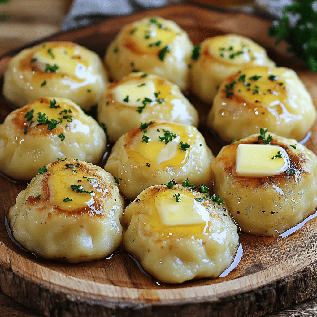 - Waxy potatoes - All-purpose flour - Egg - Salt - Stale bread crumbs - Butter - Fresh parsley (optional) - For a gluten-free option, use potato flour or rice flour. - Use starchy potatoes like Russets or Yukon Gold for better texture. - Choose waxy potatoes for a creamy texture. Look for firm, smooth skin. - Use stale bread crumbs for a better flavor and texture in the dumplings. Fresh bread may make the dumplings soggy. Using the right ingredients makes a big difference. Waxy potatoes hold moisture well and create a fluffy dumpling. If you can’t find waxy potatoes, starchy ones work too, but the texture changes. For bread crumbs, stale ones absorb moisture without getting mushy. This helps keep your dumplings light and airy. Try to gather fresh parsley if you want a splash of color. It adds a nice touch when you serve. If you follow this recipe, you'll enjoy a delicious meal that feels special without being hard to make. Check the Full Recipe for all steps and tips! To start, you need to boil the potatoes. I recommend using waxy potatoes for the best results. Place the potatoes in a large pot and cover them with water. Add a generous pinch of salt. Bring the water to a rolling boil. Then, reduce the heat and let them simmer for about 20-25 minutes. The potatoes should be fork-tender. After boiling, drain the potatoes and let them cool for a few minutes. It’s important to peel the potatoes while they are still warm. The warmth makes peeling easier. Use a potato ricer or a potato masher to create a smooth texture. A smooth base is key for great dumplings. Let the mashed potatoes cool completely before moving to the next step. Now it’s time to make the dumpling dough. In a large bowl, combine the cooled mashed potatoes with all-purpose flour, a large egg, and salt. Mix the ingredients gently. You can use your hands or a wooden spoon for this. Be careful not to overmix. Overworking the dough can lead to tough dumplings. The dough should feel soft and pliable. If it is too sticky, you can add a little more flour. Remember, the right texture is vital for dumpling success. Cooking the dumplings is the final step. Fill a large pot with salted water and bring it to a boil over medium heat. Gently drop the dumplings into the boiling water. Do this in batches to avoid crowding the pot. Cook them for about 10-15 minutes or until they float to the surface. When they float, let them cook for an additional 3-4 minutes to ensure they are fully cooked. Once done, use a slotted spoon to remove them from the pot. They should be light and fluffy. For added flavor, sauté the dumplings in butter for a few minutes until they get a nice golden brown color. This step gives them a delicious crispy outside. These steps will guide you to create perfect German potato dumplings that are simple yet flavorful. For the full recipe, check out the previous section. To make German potato dumplings, you need the right texture. Start by choosing waxy potatoes. They hold moisture well and create a light dumpling. Boil them whole, then mash them while warm. This keeps the potatoes fluffy. To avoid gummy dumplings, don’t overwork the dough. Mix just until combined. If you see the dough sticking to your hands, add a little flour. This will help you shape the dumplings without making them dense. German potato dumplings shine with rich sauces. Try them with a mushroom sauce or beef gravy. They also pair well with sautéed greens or roasted vegetables. For a complete meal, serve dumplings with a protein, like pork or chicken. A fresh salad on the side adds a nice crunch. You can also sprinkle fresh parsley on the dumplings for added flavor and color. Having the right tools helps when making dumplings. You need a large pot for boiling and a slotted spoon for lifting. A mixing bowl is essential for combining ingredients. Use a potato ricer for the best results. It makes smooth potatoes without lumps. A masher works too, but it may leave some lumps. Smooth potatoes are key to fluffy dumplings. For the full recipe, check out the detailed steps above. {{image_4}} You can make German potato dumplings even better by adding fun flavors. Here are two ideas: - Bacon or Herbs: Crumble cooked bacon into the dumpling mix. This adds a smoky taste. You can also mix in fresh herbs like chives or parsley for a fresh kick. - Cheese-Filled Dumplings: For a cheesy surprise, insert a small piece of cheese into the center of each dumpling. When cooked, the cheese melts, making each bite creamy and rich. Germany has many regions, and each has its way of making dumplings. Here are a few: - Thüringer Klöße: This version uses both raw and cooked potatoes. It gives a unique texture and flavor. - Sächsische Kartoffelklöße: These dumplings are often larger and have a softer, fluffier texture. They are perfect for soaking up sauces. Each region's dumplings tell a story through their flavors and methods. If you need to change the recipe, there are great options: - Vegan and Dairy-Free: You can skip the egg and use a flaxseed mixture instead. This keeps the dumplings together. - Low-Carb Alternatives: Try using cauliflower instead of potatoes. It provides a lighter version while still tasting great. These adjustments make German potato dumplings fit any diet, so everyone can enjoy them! For the Full Recipe, check the previous section. To store your leftover German potato dumplings, first let them cool completely. Place them in an airtight container. This keeps them fresh and prevents drying out. You can refrigerate them for up to three days. If you want to save them for later, freezing is a great option. Wrap each dumpling in plastic wrap. Then, place them in a freezer-safe bag. They can last up to three months in the freezer. When it’s time to enjoy your dumplings again, take them out of the fridge or freezer. If frozen, let them thaw in the fridge overnight. To reheat, bring a pot of water to a gentle simmer. Add the dumplings and heat for about 5-7 minutes. This keeps them moist and warm. To avoid sogginess, do not boil them fiercely. If you prefer a crispy texture, sauté them in a pan with a bit of butter instead. In the fridge, your dumplings stay fresh for about three days. Watch for signs of spoilage. If you see any mold or strange smells, it’s time to toss them. If the dumplings feel mushy or have a weird texture, they are no longer good to eat. Always trust your senses when checking for freshness! German potato dumplings are soft balls made from potatoes, flour, and egg. They have roots in German cuisine, often served as a side dish. These dumplings are a staple in many German homes. They hold a special place in festive meals and family gatherings. Their comforting texture makes them beloved across generations. Yes, you can prepare these dumplings ahead of time. First, make the dumpling dough as directed. Once formed, you can chill them in the fridge for up to 24 hours. If you want to store them longer, freeze the uncooked dumplings. Lay them flat on a tray until frozen, then transfer them to a freezer bag. This way, you can enjoy homemade dumplings anytime. German potato dumplings pair well with many dishes. Some popular options include: - Roast pork - Beef stew - Sauerkraut - Mushroom sauce These pairings enhance the flavor of the dumplings. They create a hearty meal that warms the soul. Yes, freezing raw dumplings is a great option. After you shape them, place them on a tray. Freeze them until solid, then transfer them to a freezer bag. When you’re ready to cook, boil them straight from the freezer. This saves time and keeps the dumplings fresh. To check if the dumplings are done, watch for them to float. They will rise to the surface of the boiling water. Once they float, let them cook for an extra 3-4 minutes. This ensures they are fully cooked and safe to eat. Perfectly cooked dumplings will be soft and fluffy. In this blog post, we explored making delicious German potato dumplings. We covered ingredients, cooking steps, and handy tips to ensure great results. Remember to pick the right potatoes and avoid gummy textures. You can customize dumplings with different flavors or dietary options. Store any leftovers carefully to enjoy later. With these guidelines, you can confidently create this hearty dish. Now, it's time for you to get cooking and impress everyone with your dumplings!