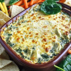 To make a tasty creamy spinach and artichoke dip, gather these key ingredients: - 1 cup fresh spinach, finely chopped - 1 cup canned artichoke hearts, thoroughly drained and roughly chopped - 1 cup cream cheese, softened to room temperature - ½ cup sour cream, preferably full-fat for creaminess - ½ cup mayonnaise, or Greek yogurt for a healthier option - 1 cup shredded mozzarella cheese, ideally fresh for better melt - ½ cup grated Parmesan cheese, plus extra for garnish - 2 cloves garlic, finely minced - 1 teaspoon freshly squeezed lemon juice - Salt and pepper to taste - ¼ teaspoon red pepper flakes (optional for added heat) You can add a personal twist to your dip with these optional ingredients: - Red pepper flakes for heat - Additional cheese varieties like cheddar or gouda If you want healthier options, consider these substitutions: - Use Greek yogurt instead of sour cream - Substitute mayonnaise with more Greek yogurt for a lighter dip 1. Preheat your oven to 350°F (175°C). This step is key for even cooking. 2. In a large bowl, mix the cream cheese, sour cream, and mayonnaise. Blend until smooth. No lumps should remain. 1. Now, fold in the spinach and artichokes. Be gentle to keep the mixture fluffy. 2. Add the mozzarella, Parmesan, garlic, and lemon juice. Stir well to mix everything. 3. Taste the dip. Season with salt, pepper, and red pepper flakes if you want some heat. Give it one last stir. 1. Transfer the dip to a greased baking dish. Smooth the top with a spatula. 2. Bake for 25-30 minutes. Look for bubbling and a light golden top. 3. Remove it from the oven. Let it cool for a few minutes before serving. This creamy spinach and artichoke dip is easy to make and perfect for sharing. You can find the full recipe above. Enjoy! To make your dip creamy, use full-fat cream cheese. It blends well and adds richness. If you want an extra creamy texture, add more sour cream or mayonnaise. Mixing these well helps avoid lumps. Balancing flavors is key. Add salt and pepper gradually. Taste as you go to find the right level. A splash of lemon juice brightens the dip and enhances the taste. For a kick, mix in red pepper flakes. Just a little will do! This dip shines when served hot. Pair it with crispy pita chips or toasted baguette slices. Fresh veggie sticks like carrots and celery add crunch and color. For a fun twist, try serving in a hollowed-out bread bowl. To make it visually appealing, sprinkle extra Parmesan on top. A few fresh spinach leaves add a pop of green. Use a colorful platter for serving to make it stand out. To enjoy leftovers, store them in an airtight container. When you're ready to reheat, use the oven for best results. Set your oven to 350°F (175°C). Place the dip in an oven-safe dish and heat for about 15 minutes. You can also use the microwave. Heat in short bursts, stirring in between. This keeps the dip creamy. Make sure to check often to avoid overheating. For the full recipe, check out the details above! {{image_4}} You can make your creamy spinach and artichoke dip even better. Try adding spicy jalapeños for a kick. Just chop them finely and mix them in before baking. Another fun twist is to infuse the dip with fresh herbs. Try basil or thyme for a fresh taste. These simple changes can elevate the flavor and surprise your guests. If you're looking for vegan options, swap the cream cheese and sour cream for cashew cream or tofu. You might also use coconut yogurt instead of mayonnaise. These choices keep the dish creamy while being plant-based. For gluten-free diets, ensure your mayonnaise and other ingredients are gluten-free. This way, everyone can enjoy the dip without worry. This dip pairs well with many meals. Serve it as an appetizer before a pasta dish or grilled chicken. It also works great as a side for a cozy movie night with friends. Pair it with crispy pita chips, sliced baguette, or crunchy veggies like carrots and bell peppers. These dippers add a nice crunch to the creamy dip. For more ideas, check out the Full Recipe. Store your creamy spinach and artichoke dip in an airtight container. Let it cool before covering. This helps keep the flavors fresh. Place the container in the fridge. It will stay good for about three to four days. To enjoy later, just scoop out what you need. You can freeze the dip too! For freezing, use a freezer-safe container. Leave some space at the top because the dip will expand. When you are ready to eat it, take it out. Thaw it in the fridge overnight. Reheat it in the oven or microwave until warm. It’s best to reheat slowly to keep it creamy. This dip is best when fresh. In the fridge, it lasts three to four days. If you freeze it, use it within two months for the best taste. Always check for any off smells or changes in color before eating leftovers. Enjoy your dip while it’s at its freshest! How to make creamy spinach and artichoke dip? To make this dip, gather your ingredients first. You need fresh spinach, artichoke hearts, cream cheese, sour cream, and mozzarella. Follow these steps: 1. Preheat your oven to 350°F (175°C). 2. Mix cream cheese, sour cream, and mayonnaise until smooth. 3. Fold in spinach, artichokes, mozzarella, and garlic. 4. Season to taste and transfer to a baking dish. 5. Bake for 25-30 minutes until bubbly. You can find the full recipe above for more details. Can I prepare this dip ahead of time? Yes, you can prepare the dip a day in advance. Mix all the ingredients and store them in the fridge. When ready to serve, bake it right before your guests arrive. This way, you can enjoy the dip warm and fresh. What are the calories per serving? This creamy spinach and artichoke dip contains around 200 calories per serving. This can vary based on the exact brands and types of ingredients you use. Using low-fat options can lower the calorie count. Can I use frozen spinach instead of fresh? Yes, you can use frozen spinach. Just ensure you thaw and drain it well. Frozen spinach is often just as good as fresh, making it a great option for convenience. Is it necessary to use Parmesan cheese? While Parmesan cheese adds a nice flavor, it's not strictly necessary. You can skip it or swap it for another cheese. Just keep in mind that it might change the taste a bit. This blog post covered how to make a tasty spinach and artichoke dip. You learned about key ingredients like spinach and cream cheese. We explored customizations, substitutions, and cooking steps. I shared tips to perfect flavor and texture. Plus, we discussed variations and storage methods. In conclusion, you can make this dip fit your taste and dietary needs. Enjoy experimenting and sharing this dish with friends and family. Your next gathering will be a hit with this easy recipe!