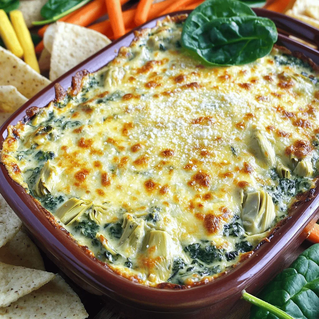 To make a tasty creamy spinach and artichoke dip, gather these key ingredients: - 1 cup fresh spinach, finely chopped - 1 cup canned artichoke hearts, thoroughly drained and roughly chopped - 1 cup cream cheese, softened to room temperature - ½ cup sour cream, preferably full-fat for creaminess - ½ cup mayonnaise, or Greek yogurt for a healthier option - 1 cup shredded mozzarella cheese, ideally fresh for better melt - ½ cup grated Parmesan cheese, plus extra for garnish - 2 cloves garlic, finely minced - 1 teaspoon freshly squeezed lemon juice - Salt and pepper to taste - ¼ teaspoon red pepper flakes (optional for added heat) You can add a personal twist to your dip with these optional ingredients: - Red pepper flakes for heat - Additional cheese varieties like cheddar or gouda If you want healthier options, consider these substitutions: - Use Greek yogurt instead of sour cream - Substitute mayonnaise with more Greek yogurt for a lighter dip 1. Preheat your oven to 350°F (175°C). This step is key for even cooking. 2. In a large bowl, mix the cream cheese, sour cream, and mayonnaise. Blend until smooth. No lumps should remain. 1. Now, fold in the spinach and artichokes. Be gentle to keep the mixture fluffy. 2. Add the mozzarella, Parmesan, garlic, and lemon juice. Stir well to mix everything. 3. Taste the dip. Season with salt, pepper, and red pepper flakes if you want some heat. Give it one last stir. 1. Transfer the dip to a greased baking dish. Smooth the top with a spatula. 2. Bake for 25-30 minutes. Look for bubbling and a light golden top. 3. Remove it from the oven. Let it cool for a few minutes before serving. This creamy spinach and artichoke dip is easy to make and perfect for sharing. You can find the full recipe above. Enjoy! To make your dip creamy, use full-fat cream cheese. It blends well and adds richness. If you want an extra creamy texture, add more sour cream or mayonnaise. Mixing these well helps avoid lumps. Balancing flavors is key. Add salt and pepper gradually. Taste as you go to find the right level. A splash of lemon juice brightens the dip and enhances the taste. For a kick, mix in red pepper flakes. Just a little will do! This dip shines when served hot. Pair it with crispy pita chips or toasted baguette slices. Fresh veggie sticks like carrots and celery add crunch and color. For a fun twist, try serving in a hollowed-out bread bowl. To make it visually appealing, sprinkle extra Parmesan on top. A few fresh spinach leaves add a pop of green. Use a colorful platter for serving to make it stand out. To enjoy leftovers, store them in an airtight container. When you're ready to reheat, use the oven for best results. Set your oven to 350°F (175°C). Place the dip in an oven-safe dish and heat for about 15 minutes. You can also use the microwave. Heat in short bursts, stirring in between. This keeps the dip creamy. Make sure to check often to avoid overheating. For the full recipe, check out the details above! {{image_4}} You can make your creamy spinach and artichoke dip even better. Try adding spicy jalapeños for a kick. Just chop them finely and mix them in before baking. Another fun twist is to infuse the dip with fresh herbs. Try basil or thyme for a fresh taste. These simple changes can elevate the flavor and surprise your guests. If you're looking for vegan options, swap the cream cheese and sour cream for cashew cream or tofu. You might also use coconut yogurt instead of mayonnaise. These choices keep the dish creamy while being plant-based. For gluten-free diets, ensure your mayonnaise and other ingredients are gluten-free. This way, everyone can enjoy the dip without worry. This dip pairs well with many meals. Serve it as an appetizer before a pasta dish or grilled chicken. It also works great as a side for a cozy movie night with friends. Pair it with crispy pita chips, sliced baguette, or crunchy veggies like carrots and bell peppers. These dippers add a nice crunch to the creamy dip. For more ideas, check out the Full Recipe. Store your creamy spinach and artichoke dip in an airtight container. Let it cool before covering. This helps keep the flavors fresh. Place the container in the fridge. It will stay good for about three to four days. To enjoy later, just scoop out what you need. You can freeze the dip too! For freezing, use a freezer-safe container. Leave some space at the top because the dip will expand. When you are ready to eat it, take it out. Thaw it in the fridge overnight. Reheat it in the oven or microwave until warm. It’s best to reheat slowly to keep it creamy. This dip is best when fresh. In the fridge, it lasts three to four days. If you freeze it, use it within two months for the best taste. Always check for any off smells or changes in color before eating leftovers. Enjoy your dip while it’s at its freshest! How to make creamy spinach and artichoke dip? To make this dip, gather your ingredients first. You need fresh spinach, artichoke hearts, cream cheese, sour cream, and mozzarella. Follow these steps: 1. Preheat your oven to 350°F (175°C). 2. Mix cream cheese, sour cream, and mayonnaise until smooth. 3. Fold in spinach, artichokes, mozzarella, and garlic. 4. Season to taste and transfer to a baking dish. 5. Bake for 25-30 minutes until bubbly. You can find the full recipe above for more details. Can I prepare this dip ahead of time? Yes, you can prepare the dip a day in advance. Mix all the ingredients and store them in the fridge. When ready to serve, bake it right before your guests arrive. This way, you can enjoy the dip warm and fresh. What are the calories per serving? This creamy spinach and artichoke dip contains around 200 calories per serving. This can vary based on the exact brands and types of ingredients you use. Using low-fat options can lower the calorie count. Can I use frozen spinach instead of fresh? Yes, you can use frozen spinach. Just ensure you thaw and drain it well. Frozen spinach is often just as good as fresh, making it a great option for convenience. Is it necessary to use Parmesan cheese? While Parmesan cheese adds a nice flavor, it's not strictly necessary. You can skip it or swap it for another cheese. Just keep in mind that it might change the taste a bit. This blog post covered how to make a tasty spinach and artichoke dip. You learned about key ingredients like spinach and cream cheese. We explored customizations, substitutions, and cooking steps. I shared tips to perfect flavor and texture. Plus, we discussed variations and storage methods. In conclusion, you can make this dip fit your taste and dietary needs. Enjoy experimenting and sharing this dish with friends and family. Your next gathering will be a hit with this easy recipe!