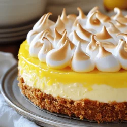 - 1 ½ cups graham cracker crumbs - ½ cup unsalted butter, melted - ¼ cup sugar The crust gives the cheesecake its base. First, mix the graham cracker crumbs, melted butter, and sugar in a bowl. Press this mixture firmly into your springform pan. Bake it for 10 minutes to set. Let it cool before adding the filling. - 450 grams cream cheese, softened - 200 grams sugar - 3 large eggs - Zest of 2 lemons - ½ cup fresh lemon juice - 1 teaspoon vanilla extract For the filling, beat the cream cheese and sugar until smooth. Add the eggs one at a time, mixing well after each addition. Then stir in the lemon zest, lemon juice, and vanilla extract. This mixture will create a creamy, tangy filling. - 3 large egg yolks - 100 grams sugar - ⅓ cup fresh lemon juice - Zest of 1 lemon - 2 tablespoons unsalted butter To make lemon curd, whisk egg yolks, sugar, lemon juice, and lemon zest in a pot. Cook it over medium heat while stirring until it thickens. Remove from heat and stir in the butter until melted. This curd adds a bright layer to your cheesecake. - 3 large egg whites - ¼ teaspoon cream of tartar - 100 grams sugar - 1 teaspoon vanilla extract For the meringue, beat the egg whites and cream of tartar until soft peaks form. Gradually add sugar, continuing to beat until stiff peaks form. Finally, mix in the vanilla extract. This topping adds a sweet, fluffy finish to your cheesecake. For the full recipe, check out the [Full Recipe]. 1. Preheat the oven to 350°F (175°C). This helps the crust bake evenly. 2. In a bowl, mix 1 ½ cups of graham cracker crumbs, ½ cup of melted unsalted butter, and ¼ cup of sugar. This creates a tasty base. 3. Press the mixture firmly into the bottom of a 9-inch springform pan. Bake for 10 minutes, then remove and let it cool. 1. In a large bowl, beat 450 grams of softened cream cheese with 200 grams of sugar. Mix until smooth and creamy. 2. Add 3 large eggs, one at a time. Blend well after each egg. This helps the filling stay rich. 3. Stir in the zest of 2 lemons, ½ cup of fresh lemon juice, and 1 teaspoon of vanilla extract. This gives the filling a bright flavor. 4. Pour the cheesecake filling over the cooled crust. Spread it evenly. 1. Bake the cheesecake for 50-60 minutes. The center should be set but still jiggle slightly. 2. Turn off the oven and leave the door slightly open. Let the cheesecake cool for an hour inside the oven. This prevents cracks. 1. In a medium pot, whisk together 3 large egg yolks, 100 grams of sugar, ⅓ cup of fresh lemon juice, and the zest of 1 lemon. 2. Cook over medium heat, stirring constantly. It takes about 10 minutes to thicken. 3. Once thick, remove from heat and stir in 2 tablespoons of unsalted butter. Let it cool down. 1. Once the cheesecake is cool, spread the lemon curd evenly over the top. This adds a zesty layer. 2. In a separate bowl, beat 3 egg whites with ¼ teaspoon of cream of tartar until soft peaks form. Gradually add 100 grams of sugar. Continue beating until stiff peaks form. 3. Fold in 1 teaspoon of vanilla extract. Spread the meringue over the lemon curd, creating peaks and swirls. 1. Bake the cheesecake again at 350°F (175°C) for 10-12 minutes. The meringue should turn light golden. 2. Remove from the oven and let it cool at room temperature. Chill in the fridge for at least 4 hours, or overnight for best flavor. 3. When ready, remove from the springform pan and slice to serve. Enjoy every zesty bite! For more detailed steps, check out the Full Recipe. - Room temperature ingredients: Always use room temperature cream cheese and eggs. This helps the mixture blend smoothly. Cold ingredients can cause lumps and uneven texture. - Avoiding cracks: To prevent cracks, bake the cheesecake slowly in a water bath. This keeps the temperature even. Let it cool gradually in the oven with the door ajar. This step helps avoid sudden temperature changes. - Achieving perfect meringue consistency: Start with clean, dry bowls and beaters. Whip the egg whites until soft peaks form. Gradually add sugar, mixing until you see stiff peaks. This means the meringue is ready. - Tips for a golden top: Bake the meringue until it turns light golden. Keep an eye on it to avoid burning. Use a kitchen torch for a toasty finish if you want more color. - Garnishing ideas: Add fresh lemon slices and mint leaves on top for a pop of color. Whipped cream also makes a lovely touch. It adds creaminess and visual appeal. - Choosing the right serving dish: Use a clear glass cake stand. This showcases the layers beautifully. A decorative plate adds charm and makes your dessert look more inviting. For the complete recipe, check [Full Recipe]. {{image_4}} You can have fun with flavors in this cheesecake. Try adding different citrus fruits. Think lime or orange zest for a twist. Each fruit brings a new taste that brightens the cake. You can also mix in fruits like berries. Blueberries or raspberries on top add color and flavor. Just make sure to balance the sweetness of the cheesecake with some tart fruit. This makes each bite lively and fresh. You may want to make this cheesecake gluten-free. Swap the graham cracker crumbs for gluten-free crumbs. You can also use almond flour as a base. This keeps the crust tasty and safe for everyone. For a dairy-free option, try a vegan cream cheese. There are many brands available now. You can use coconut cream for a rich texture. Just watch how it affects the flavor. It can add a nice tropical twist. These adjustments make the cheesecake work for all diets. Enjoy the process of creating your perfect slice! For the complete recipe, check the Full Recipe link. - Refrigeration tips: After serving, cover the cheesecake with plastic wrap. This keeps it fresh. Store it in the fridge for best results. A cake keeper works well too. Make sure it’s completely cool before wrapping. - Freezing the cheesecake: You can freeze leftover slices. Wrap each piece in plastic wrap tightly. Then, place them in a freezer bag. This helps avoid freezer burn. When you're ready to eat, thaw it in the fridge overnight. - How long does it last in the fridge?: The cheesecake stays fresh for about 5 days in the fridge. If you notice any changes in smell or texture, it’s best to toss it. - Signs of spoilage: Look for mold or an off smell. If the cheesecake feels slimy, it’s spoiled. Always trust your senses when checking food freshness. Enjoy your cheesecake while it’s still tasty! Lemon meringue cheesecake combines two classic desserts. Lemon meringue pie dates back to the 19th century. It became popular in Europe and America. Cheesecake has roots in ancient Greece. Over time, both desserts evolved. They now blend together into this tasty treat. Each layer adds its own flavor and texture. The bright lemon and sweet meringue create a perfect balance. Yes, you can make this cheesecake ahead of time. It tastes great after chilling overnight. Prepare the cheesecake, lemon curd, and meringue. Store them separately in the fridge. Assemble them just before serving. This keeps the meringue fresh and fluffy. If you want to store it longer, freeze the cheesecake. Just make sure to wrap it well. To prevent meringue from weeping, use fresh eggs. Make sure the bowl is clean and dry. Adding cream of tartar helps stabilize the egg whites. Beat the egg whites until they form stiff peaks. Gradually add sugar while beating. This adds structure and sweetness. Avoid overmixing after adding sugar. Bake the meringue just until golden brown for the best results. You can substitute some ingredients if needed. For a gluten-free crust, use crushed gluten-free cookies. You can swap cream cheese with a dairy-free version. Use coconut cream or cashew cream for a lighter taste. If you prefer less sugar, use a sugar substitute. Lemon zest can be replaced with lime zest for a twist. Just keep the main flavors balanced for the best cheesecake experience. For the complete recipe, check out the Full Recipe. This post shared the key ingredients and steps to make a delicious Lemon Meringue Cheesecake. We covered the crust, filling, lemon curd, and meringue topping. Each part adds its own twist to this classic treat. I also offered helpful tips for baking and storing. Remember, using the right techniques leads to the best results. Enjoy experimenting with flavors and variations. Whether you stick to tradition or try something new, this cheesecake is sure to impress. Happy baking!