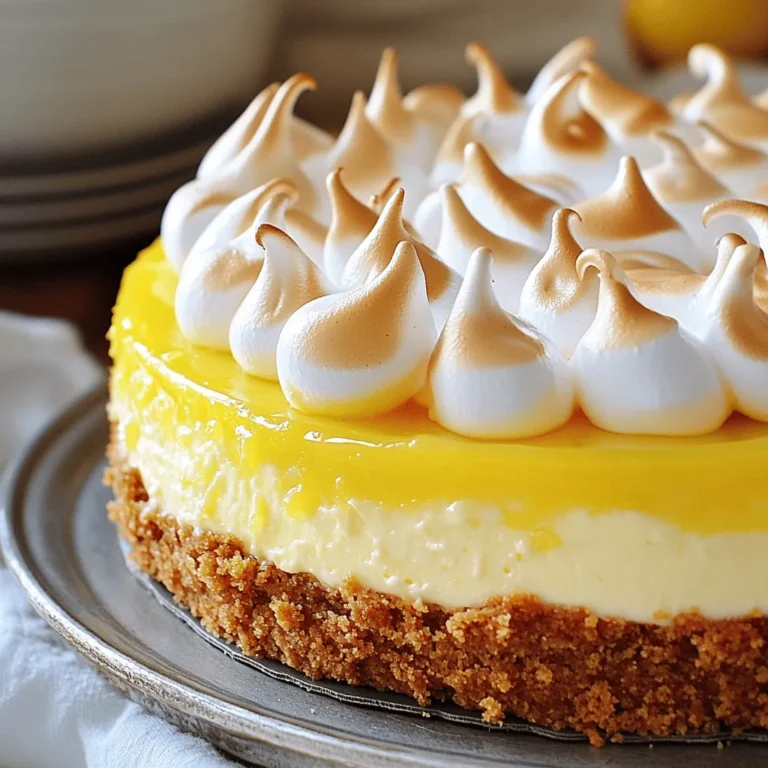 - 1 ½ cups graham cracker crumbs - ½ cup unsalted butter, melted - ¼ cup sugar The crust gives the cheesecake its base. First, mix the graham cracker crumbs, melted butter, and sugar in a bowl. Press this mixture firmly into your springform pan. Bake it for 10 minutes to set. Let it cool before adding the filling. - 450 grams cream cheese, softened - 200 grams sugar - 3 large eggs - Zest of 2 lemons - ½ cup fresh lemon juice - 1 teaspoon vanilla extract For the filling, beat the cream cheese and sugar until smooth. Add the eggs one at a time, mixing well after each addition. Then stir in the lemon zest, lemon juice, and vanilla extract. This mixture will create a creamy, tangy filling. - 3 large egg yolks - 100 grams sugar - ⅓ cup fresh lemon juice - Zest of 1 lemon - 2 tablespoons unsalted butter To make lemon curd, whisk egg yolks, sugar, lemon juice, and lemon zest in a pot. Cook it over medium heat while stirring until it thickens. Remove from heat and stir in the butter until melted. This curd adds a bright layer to your cheesecake. - 3 large egg whites - ¼ teaspoon cream of tartar - 100 grams sugar - 1 teaspoon vanilla extract For the meringue, beat the egg whites and cream of tartar until soft peaks form. Gradually add sugar, continuing to beat until stiff peaks form. Finally, mix in the vanilla extract. This topping adds a sweet, fluffy finish to your cheesecake. For the full recipe, check out the [Full Recipe]. 1. Preheat the oven to 350°F (175°C). This helps the crust bake evenly. 2. In a bowl, mix 1 ½ cups of graham cracker crumbs, ½ cup of melted unsalted butter, and ¼ cup of sugar. This creates a tasty base. 3. Press the mixture firmly into the bottom of a 9-inch springform pan. Bake for 10 minutes, then remove and let it cool. 1. In a large bowl, beat 450 grams of softened cream cheese with 200 grams of sugar. Mix until smooth and creamy. 2. Add 3 large eggs, one at a time. Blend well after each egg. This helps the filling stay rich. 3. Stir in the zest of 2 lemons, ½ cup of fresh lemon juice, and 1 teaspoon of vanilla extract. This gives the filling a bright flavor. 4. Pour the cheesecake filling over the cooled crust. Spread it evenly. 1. Bake the cheesecake for 50-60 minutes. The center should be set but still jiggle slightly. 2. Turn off the oven and leave the door slightly open. Let the cheesecake cool for an hour inside the oven. This prevents cracks. 1. In a medium pot, whisk together 3 large egg yolks, 100 grams of sugar, ⅓ cup of fresh lemon juice, and the zest of 1 lemon. 2. Cook over medium heat, stirring constantly. It takes about 10 minutes to thicken. 3. Once thick, remove from heat and stir in 2 tablespoons of unsalted butter. Let it cool down. 1. Once the cheesecake is cool, spread the lemon curd evenly over the top. This adds a zesty layer. 2. In a separate bowl, beat 3 egg whites with ¼ teaspoon of cream of tartar until soft peaks form. Gradually add 100 grams of sugar. Continue beating until stiff peaks form. 3. Fold in 1 teaspoon of vanilla extract. Spread the meringue over the lemon curd, creating peaks and swirls. 1. Bake the cheesecake again at 350°F (175°C) for 10-12 minutes. The meringue should turn light golden. 2. Remove from the oven and let it cool at room temperature. Chill in the fridge for at least 4 hours, or overnight for best flavor. 3. When ready, remove from the springform pan and slice to serve. Enjoy every zesty bite! For more detailed steps, check out the Full Recipe. - Room temperature ingredients: Always use room temperature cream cheese and eggs. This helps the mixture blend smoothly. Cold ingredients can cause lumps and uneven texture. - Avoiding cracks: To prevent cracks, bake the cheesecake slowly in a water bath. This keeps the temperature even. Let it cool gradually in the oven with the door ajar. This step helps avoid sudden temperature changes. - Achieving perfect meringue consistency: Start with clean, dry bowls and beaters. Whip the egg whites until soft peaks form. Gradually add sugar, mixing until you see stiff peaks. This means the meringue is ready. - Tips for a golden top: Bake the meringue until it turns light golden. Keep an eye on it to avoid burning. Use a kitchen torch for a toasty finish if you want more color. - Garnishing ideas: Add fresh lemon slices and mint leaves on top for a pop of color. Whipped cream also makes a lovely touch. It adds creaminess and visual appeal. - Choosing the right serving dish: Use a clear glass cake stand. This showcases the layers beautifully. A decorative plate adds charm and makes your dessert look more inviting. For the complete recipe, check [Full Recipe]. {{image_4}} You can have fun with flavors in this cheesecake. Try adding different citrus fruits. Think lime or orange zest for a twist. Each fruit brings a new taste that brightens the cake. You can also mix in fruits like berries. Blueberries or raspberries on top add color and flavor. Just make sure to balance the sweetness of the cheesecake with some tart fruit. This makes each bite lively and fresh. You may want to make this cheesecake gluten-free. Swap the graham cracker crumbs for gluten-free crumbs. You can also use almond flour as a base. This keeps the crust tasty and safe for everyone. For a dairy-free option, try a vegan cream cheese. There are many brands available now. You can use coconut cream for a rich texture. Just watch how it affects the flavor. It can add a nice tropical twist. These adjustments make the cheesecake work for all diets. Enjoy the process of creating your perfect slice! For the complete recipe, check the Full Recipe link. - Refrigeration tips: After serving, cover the cheesecake with plastic wrap. This keeps it fresh. Store it in the fridge for best results. A cake keeper works well too. Make sure it’s completely cool before wrapping. - Freezing the cheesecake: You can freeze leftover slices. Wrap each piece in plastic wrap tightly. Then, place them in a freezer bag. This helps avoid freezer burn. When you're ready to eat, thaw it in the fridge overnight. - How long does it last in the fridge?: The cheesecake stays fresh for about 5 days in the fridge. If you notice any changes in smell or texture, it’s best to toss it. - Signs of spoilage: Look for mold or an off smell. If the cheesecake feels slimy, it’s spoiled. Always trust your senses when checking food freshness. Enjoy your cheesecake while it’s still tasty! Lemon meringue cheesecake combines two classic desserts. Lemon meringue pie dates back to the 19th century. It became popular in Europe and America. Cheesecake has roots in ancient Greece. Over time, both desserts evolved. They now blend together into this tasty treat. Each layer adds its own flavor and texture. The bright lemon and sweet meringue create a perfect balance. Yes, you can make this cheesecake ahead of time. It tastes great after chilling overnight. Prepare the cheesecake, lemon curd, and meringue. Store them separately in the fridge. Assemble them just before serving. This keeps the meringue fresh and fluffy. If you want to store it longer, freeze the cheesecake. Just make sure to wrap it well. To prevent meringue from weeping, use fresh eggs. Make sure the bowl is clean and dry. Adding cream of tartar helps stabilize the egg whites. Beat the egg whites until they form stiff peaks. Gradually add sugar while beating. This adds structure and sweetness. Avoid overmixing after adding sugar. Bake the meringue just until golden brown for the best results. You can substitute some ingredients if needed. For a gluten-free crust, use crushed gluten-free cookies. You can swap cream cheese with a dairy-free version. Use coconut cream or cashew cream for a lighter taste. If you prefer less sugar, use a sugar substitute. Lemon zest can be replaced with lime zest for a twist. Just keep the main flavors balanced for the best cheesecake experience. For the complete recipe, check out the Full Recipe. This post shared the key ingredients and steps to make a delicious Lemon Meringue Cheesecake. We covered the crust, filling, lemon curd, and meringue topping. Each part adds its own twist to this classic treat. I also offered helpful tips for baking and storing. Remember, using the right techniques leads to the best results. Enjoy experimenting with flavors and variations. Whether you stick to tradition or try something new, this cheesecake is sure to impress. Happy baking!