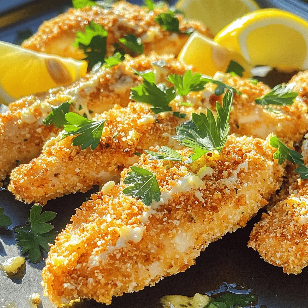 - 1 pound chicken tenders - 1 cup panko breadcrumbs - 1/2 cup freshly grated Parmesan cheese - 3 cloves of garlic, finely minced - 1 large lemon - 1/4 cup fresh parsley, chopped - 1 teaspoon paprika - Salt and pepper, to taste - 2 large eggs - 1/2 cup all-purpose flour - Olive oil spray - Calories per serving: About 320 calories - Macronutrient breakdown: - Protein: 30g - Carbs: 25g - Fat: 15g - Health benefits of key ingredients: - Chicken provides lean protein for muscle growth. - Garlic supports heart health and boosts immunity. - Lemon adds vitamin C for better skin and immunity. - Parsley is rich in vitamins A, C, and K. Using these fresh and wholesome ingredients, you create a dish that not only tastes great but also supports your health. This recipe truly shines with its blend of flavors and textures, making it a family favorite. For the complete recipe, check the [Full Recipe]. Start by patting the chicken tenders dry with paper towels. This step is key. It helps the coating stick better during cooking. Next, season both sides of the tenders. Use salt, pepper, and paprika. This simple seasoning makes a big difference in flavor. You need three shallow bowls for dredging. First, fill one bowl with all-purpose flour. This will help the egg stick. In the second bowl, beat the eggs and mix in a bit of lemon juice, salt, and pepper. The eggs add moisture and flavor. The last bowl should hold panko breadcrumbs, grated Parmesan, minced garlic, lemon zest, and chopped parsley. This mix gives the tenders a tasty crunch. Keep your bowls close together for easy access. Now it’s time to coat the chicken. Take a tender and dip it into the flour first. Make sure to shake off any extra flour. Next, dip it into the egg mixture. Let any excess drip back into the bowl. Finally, roll the tender in the breadcrumb mix. Press down gently so the coating sticks well. Repeat this for all the chicken tenders. Preheat your oven to 400°F (200°C) while you coat the chicken. This step is important for even cooking. Line a baking sheet with parchment paper for easy cleanup. Once coated, place the chicken tenders on the sheet. Lightly spray the tops with olive oil. This will help them turn golden and crispy. Bake for 15-20 minutes, flipping them halfway through. This ensures both sides get crisp. To get the best coating, avoid sogginess. Make sure your chicken is dry before you coat it. Patting the chicken tenders with paper towels helps. When you season, use salt and pepper well. This adds flavor right from the start. For a crunchy texture, use panko breadcrumbs. They give the tenders a nice, crispy bite. When you coat the chicken, press gently. This helps the breadcrumbs stick better. Spray the tops with olive oil before baking. This little step makes a big difference in crispiness. Pair these flavorful chicken tenders with tasty sauces. Garlic aioli or honey mustard works well. If you want a spicy kick, try sriracha mayo. For a lighter option, a yogurt dip is refreshing. As for sides, consider a fresh salad or roasted veggies. A side of lemony rice also complements the dish. For fun, serve them with homemade fries. They all make great choices to enjoy with Lemon Garlic Parmesan Chicken Tenders. You can easily adjust the flavor to suit your taste. Adding spices can change the whole dish. Try chili powder or cayenne for heat. If you prefer a milder taste, paprika works great. Experimenting with herbs can also enhance the dish. Add fresh thyme or rosemary for a different twist. Dill or basil can bring a fresh note too. Don't be afraid to get creative and find what you love. For the full recipe, check out the link provided. {{image_4}} For gluten-free diets, you can make simple swaps. Replace the all-purpose flour with a gluten-free flour blend. Use gluten-free panko breadcrumbs for that crunch. Look for brands that are certified gluten-free to be safe. These changes let everyone enjoy the chicken tenders without worry. You can add more flavor with spices and herbs. Try adding Italian seasoning, cayenne, or chili powder for a kick. Fresh herbs like thyme or rosemary work well too. For marinades, mix lemon juice, garlic, and olive oil. Marinate the chicken for at least 30 minutes. This adds a zesty depth to your chicken tenders. You can cook these tenders in different ways. An air fryer is a great choice for a quick, crispy result. Set it to 400°F and cook for about 10-12 minutes, flipping halfway. If you prefer pan-frying, heat olive oil in a skillet. Cook the chicken tenders for 3-4 minutes on each side. This method gives a nice golden crust. Explore the [Full Recipe] for more details on making Lemon Garlic Parmesan Chicken Tenders! After making Lemon Garlic Parmesan Chicken Tenders, let them cool first. Store leftovers in airtight containers. Glass or plastic containers work well. Keep them in the fridge. They stay fresh for about three days. Make sure to label your containers with the date. This helps you keep track of freshness. To bring back the crispiness, use the oven. Preheat it to 375°F (190°C). Place the chicken tenders on a baking sheet. Bake for about 10-12 minutes, flipping halfway through. This method keeps them crunchy. You can also use an air fryer. Set it to 375°F (190°C) and heat for about 5-7 minutes. You can freeze Lemon Garlic Parmesan Chicken Tenders for later. Allow them to cool completely. Then, place them in a single layer on a baking sheet. Freeze for about one hour. After that, transfer them to freezer-safe bags. Remove as much air as possible. They last up to three months. To thaw, place them in the fridge overnight before reheating. Bake these chicken tenders for 15 to 20 minutes. This time will give you juicy meat and a nice crunch. Keep an eye on them. Flip them halfway through for even cooking. Your internal chicken temperature should reach 165°F (74°C). You want that golden brown color on the outside. Yes, you can use chicken breasts. However, the texture will change. Chicken tenders are thinner and cook faster. If you choose breasts, cut them into strips. They may need a little more time to bake. The flavor will still shine, thanks to the garlic and lemon. Many sauces pair well with these chicken tenders. Here are a few popular choices: - Garlic aioli - Honey mustard - Ranch dressing - Spicy buffalo sauce These sauces add extra flavor and make each bite exciting. Absolutely! These chicken tenders are great for meal prep. You can cook them ahead and store them in the fridge. Just keep them in an airtight container. They stay good for up to three days. Reheat them in the oven for crunch or the microwave for speed. You now have a complete guide for making delicious Lemon Garlic Parmesan Chicken Tenders. We discussed the ingredients, prep steps, and cooking methods. Remember to follow the tips for crunchiness and flavor. You can easily adjust the recipe for dietary needs, too. With these ideas, you can create a tasty meal that fits into any plan. Enjoy your cooking, and get ready for compliments at the table!