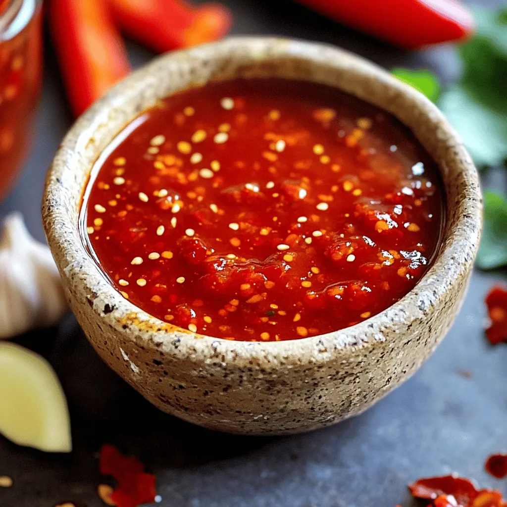 To make sweet chili sauce, you need a few key items. Here’s what you need: - 1 cup water - 1/2 cup granulated sugar - 1/2 cup rice vinegar - 1 tablespoon cornstarch Water, sugar, and rice vinegar form the base of the sauce. The sugar gives it sweetness, while the rice vinegar adds a tangy kick. Cornstarch plays a special role in thickening the sauce. When mixed with water, it creates a smooth slurry. This helps your sauce get that nice, thick texture. For flavor, we add: - 2 tablespoons soy sauce - 1 clove garlic, minced - 1 teaspoon fresh ginger, grated - 1 tablespoon sesame oil - 2-3 tablespoons chili flakes These ingredients give the sauce its unique taste. Soy sauce adds umami, while garlic and ginger bring warmth. Sesame oil gives a rich, nutty flavor, and chili flakes add heat. You can try different peppers to change the sauce's heat. Bell peppers add sweetness without spice. If you like it hot, use Thai bird's eye chilies. For sweetness, you can swap sugar for honey. Honey lends a floral note, making the sauce richer. Want to spice it up? Adjust the chili flakes. Add more for a bolder taste or less for a milder version. This sweet chili sauce recipe is versatile. You can tweak it to fit your taste. For the full recipe, check the recipe section. To start, gather your ingredients. You need: - 1 cup water - 1/2 cup granulated sugar - 1/2 cup rice vinegar - 1 tablespoon cornstarch - 1/2 cup finely chopped red bell pepper - 2 tablespoons soy sauce - 2-3 tablespoons chili flakes - 1 clove garlic, minced - 1 teaspoon fresh ginger, grated - 1 tablespoon sesame oil First, take a medium-sized saucepan. In it, combine the water, sugar, and rice vinegar. Place the pan over medium heat. Stir gently until the sugar dissolves fully in the liquid. This step is key for a smooth sauce. Next, you’ll create the cornstarch slurry. In a small bowl, take a few tablespoons of the warm mixture from the saucepan. Add the cornstarch and mix well until smooth. This step helps avoid lumps in your sauce. Now, it’s time to cook! Slowly pour the cornstarch slurry back into the saucepan while whisking. This helps thicken the sauce as it cooks. Then, add the finely chopped red bell pepper, soy sauce, chili flakes, garlic, ginger, and sesame oil into the saucepan. Stir well to combine all these flavors. Let the mixture simmer over low heat for about 10-15 minutes. Stir occasionally. This will help the flavors meld together and make the sauce richer. Once the sauce thickens to your liking, remove it from heat. Let it cool to room temperature before bottling. Cooling is important because it helps the sauce set properly. Now, carefully transfer the cooled sauce to a clean bottle or jar. Seal it tightly. Store your homemade sweet chili sauce in the refrigerator. It will last up to 2 weeks. Enjoy your flavorful creation! To make sweet chili sauce, you want to balance sweetness and spice. Start with the sugar. Too much can overpower the other flavors. Adjust the chili flakes to find your perfect heat. You can try different amounts to see what you like best. Mix in more garlic or ginger for extra depth. Each tweak can change the sauce’s character. One common mistake is lumps in the cornstarch. To avoid this, always mix the cornstarch with a bit of warm sauce first. This creates a smooth slurry. Stir it well before adding it back into the pot. Another mistake is not simmering long enough. Simmering helps the flavors meld. Aim for at least ten minutes. This gives your sauce a richer taste. Sweet chili sauce pairs well with many dishes. Use it as a dip for spring rolls or chicken wings. Drizzle it over grilled meats for added flavor. You can also mix it into stir-fries for a sweet kick. To present it nicely, serve in a small bowl. Sprinkle some chili flakes on top for color. This makes it look as good as it tastes. For the full recipe, check out the detailed instructions above. {{image_4}} You can change the flavor of sweet chili sauce by using different ingredients. For a tangy twist, try apple cider vinegar or lemon juice instead of rice vinegar. Both options add a bright taste that enhances the sauce. You can also explore various sweeteners. Honey gives a floral note, while brown sugar adds richness. Each sweetener will change the sauce's flavor, so feel free to experiment. Sweet chili sauce can be mild, medium, or hot. This means you can adjust it based on your taste. To make a mild sauce, use fewer chili flakes. For a medium kick, stick to the recipe's amount. If you love heat, add extra chili flakes or even fresh chilies. You can also customize spice levels for specific diets. If someone has a low spice tolerance, cut back on the heat. This way, everyone can enjoy your sauce! For the full recipe, check the section above. Store your homemade sweet chili sauce in a clean glass jar. Make sure to seal it tightly. Keep it in the fridge at a steady temperature. This helps keep it fresh and tasty. Your sauce will last up to two weeks. If you notice that the sauce is thickening over time, it's normal. Check for any changes in color or smell. If the sauce looks cloudy or has an off odor, it may be bad. Also, look for mold on the surface. If you see any of these signs, it’s best to toss it. Always trust your senses when it comes to food safety. You can freeze sweet chili sauce for long-term storage. Pour it into an airtight container, leaving some space at the top. This space allows for expansion as it freezes. To thaw, move it to the fridge overnight. You can also run the container under warm water for a quicker thaw. Once thawed, stir well before using. Enjoy your sweet chili sauce in all your favorite dishes! For the full recipe, check out the Sweet & Spicy Chili Sauce section. Sweet chili sauce adds flavor to many dishes. You can use it as a dip or a glaze. It works well with spring rolls, chicken wings, and grilled shrimp. You can also drizzle it over tacos or use it in stir-fries. The sauce brings a sweet and spicy kick to any meal. Yes, you can make sweet chili sauce vegan. To do this, you need to swap out the non-vegan items. Use a vegan soy sauce instead of regular soy sauce. You can also skip any fish sauce, which is common in some recipes. There are many plant-based options that keep the sauce tasty. Several brands offer great sweet chili sauce. Some top picks include: - Thai Kitchen: It’s sweet and has a smooth texture. - Huy Fong: This one has a nice balance of sweet and heat. - Kraft: A bit thicker, great for dipping. Each brand has its own flavor profile, so try a few to find your favorite. Sweet chili sauce is unique because it combines sweetness and spice. Sriracha is much hotter and has a stronger garlic taste. Sambal is also spicy but does not have the same sweetness. Sweet chili sauce is perfect for those who like a milder, balanced flavor. When you're out of sweet chili sauce, there are a few good substitutes: - Honey and hot sauce: Mix equal parts for a quick fix. - Barbecue sauce: It adds sweetness and a smoky flavor. - Ketchup with chili flakes: This can mimic the texture and taste. Sweet chili sauce can be gluten-free, but check the labels. Many brands contain soy sauce, which may have gluten. If you make your own sauce, use gluten-free soy sauce. This way, you can enjoy the sauce without worry. Sweet chili sauce is simple to make with basic ingredients like water, sugar, and vinegar. You can enhance the flavor with garlic, ginger, or soy sauce. Remember to adjust spice levels to your taste. Be sure to cool your sauce before storing to keep it fresh. Experiment with variations for unique flavors and heat levels. With proper storage, homemade sweet chili sauce can last a long time. Enjoy using it in your favorite dishes or as a tasty dip. Now, you’re ready to create your perfect sauce!