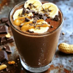 To make a tasty chocolate peanut butter smoothie, gather these simple ingredients: - 1 frozen banana, cut into chunks - 1 tablespoon natural peanut butter - 2 tablespoons unsweetened cocoa powder - 1 cup almond milk (or any milk of choice) - 1 tablespoon honey or maple syrup - 1/2 teaspoon vanilla extract - A pinch of sea salt - Ice cubes (optional) These ingredients blend together to create a creamy power drink. The frozen banana gives it a smooth texture. Natural peanut butter adds richness, while cocoa powder brings a delightful chocolate flavor. Almond milk keeps it light, and honey or maple syrup sweetens it just right. A pinch of sea salt enhances all the flavors. You can add ice cubes if you want a colder, thicker smoothie. With this list, you're ready to create a delicious treat. Don't forget to check the [Full Recipe] for more details and tips! Start by slicing the frozen banana into small chunks. This helps the blender mix everything well. Use a sharp knife for safe and easy cutting. Aim for even pieces to ensure smooth blending. Next, add the banana chunks to your blender. Include the natural peanut butter, cocoa powder, and almond milk. Pour in the honey or maple syrup for sweetness. Add the vanilla extract and a pinch of sea salt. If you want a thicker drink, toss in some ice cubes. Blend everything on high speed until it is smooth and creamy. Stop to scrape down the sides as needed, so nothing gets left behind. After blending, taste your smoothie. If you want it sweeter, slowly add more honey or maple syrup. Blend briefly again to mix in the added sweetness. This step is key to making your smoothie perfect for your taste. Enjoy the rich chocolate and peanut butter flavors! To get that creamy texture, I suggest adding ice cubes. Ice makes your smoothie thicker and cooler. If you want a lighter drink, adjust the milk. Start with one cup, then add more if it feels too thick. For a fancy touch, dust cocoa powder on top. This adds a rich look and extra flavor. You can also add banana slices or chocolate shavings. These make your smoothie not just tasty but visually appealing too. Serve your smoothie right away for the best taste. As it sits, it may lose some of its creaminess. Enjoy every sip fresh and delicious. {{image_4}} You can make this smoothie vegan easily. Just swap out honey for maple syrup. Maple syrup adds a sweet touch and fits well with the flavors. Use about the same amount as you would honey. This small change keeps the creamy texture while making it plant-based. Want to cut back on sugar? You can reduce or leave out sweeteners. The frozen banana already adds natural sweetness. If you want it less sweet, taste the smoothie first. Adjust it slowly to find the right balance for your taste buds. You can also boost nutrition in your smoothie. Adding protein powder is a great option. It gives you extra energy and helps with muscle recovery. Another idea is to mix in a handful of fresh spinach. You won’t taste it, but you’ll get a dose of vitamins. Both options make this smoothie even better for you. If you have leftover smoothie, put it in a jar. Seal it tightly. Place it in the refrigerator. It will last for up to 24 hours. When you’re ready to drink it, shake well. This helps mix it again. To freeze your leftover smoothie, pour it into ice cube trays or a freezer-safe container. Leave some space at the top for expansion. When you want to enjoy it, take out the cubes or the container. Let it thaw in the fridge overnight. You can re-blend it for a fresh taste. For the best flavor, drink your smoothie right after making it. If you store it, try to consume it within a day. This keeps the taste and texture great. Smoothies can lose some of their creamy charm over time. So, enjoy it fresh whenever you can! This smoothie is not just tasty; it packs a powerful punch. The frozen banana gives you potassium and fiber. Peanut butter provides protein and healthy fats. Cocoa powder is rich in antioxidants. Almond milk adds calcium and vitamin D. Together, they create a drink that boosts energy and keeps you full. Absolutely! You can switch peanut butter for almond or cashew butter. Almond butter adds a mild, sweet flavor. Cashew butter offers a creamy texture. Both options keep the smoothie rich and nourishing. Experiment to find your favorite nut butter blend. Yes, this smoothie can work as a meal replacement. It has a good balance of carbs, protein, and fats. Adjust the portion size if needed. If you want it to be more filling, consider adding oats or chia seeds. This way, you enhance the nutritional value and keep hunger at bay. This blog covers a simple and tasty chocolate peanut butter smoothie. You learned about the essential ingredients and how to make this treat. I shared tips for the right texture and ways to make it even better for your taste. We discussed variations to cater to your dietary needs and offered storage advice. Remember, smoothies are best enjoyed fresh, but you can save extras for later. I hope you try this recipe and enjoy a delicious, nutritious drink soon. Happy blending!