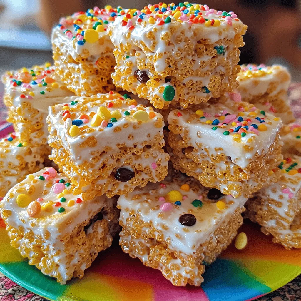 - 6 cups Rice Krispies cereal - 1 package (10 oz) mini marshmallows - 3 tablespoons unsalted butter - 1 teaspoon vanilla extract - ½ teaspoon salt - ½ cup peanut butter (creamy or crunchy) - ½ cup chocolate chips (optional for added richness) - ½ cup rainbow sprinkles (optional for a fun, colorful twist) To make chewy Rice Krispies treats, gather these ingredients first. The Rice Krispies cereal gives the treats their signature crunch. Mini marshmallows add sweetness and help bind everything together. Unsalted butter adds richness. Vanilla extract gives a nice flavor boost. A pinch of salt balances the sweetness. Peanut butter adds a creamy texture and flavor that I love. Feel free to add optional mix-ins like chocolate chips or rainbow sprinkles. They can make your treats extra fun and tasty. The mix-ins are a great way to customize your treats. You can adjust these ingredients to suit your taste. For the full recipe, check out the details above! 1. Melting the butter Start with a large saucepan on low heat. Add 3 tablespoons of unsalted butter. Stir until it melts completely. This should take about 2-3 minutes. Watch closely to avoid burning. 2. Incorporating marshmallows Once the butter is melted, add 10 oz of mini marshmallows. Keep stirring until they melt and blend smoothly. This takes about 3-5 minutes. You want a glossy mixture. 3. Mixing in peanut butter and vanilla Remove the pan from heat. Quickly add ½ cup of peanut butter. Stir until it blends well. Then, add 1 teaspoon of vanilla extract and ½ teaspoon of salt. Mix until fully combined. 4. Coating the Rice Krispies cereal In a large bowl, pour the melted mixture over 6 cups of Rice Krispies cereal. Gently fold the cereal into the gooey mixture. Make sure each piece is well-coated. 1. Folding in optional ingredients If you want, fold in ½ cup of chocolate chips or ½ cup of rainbow sprinkles. This adds fun flavors and textures to your treats. 2. Preparing the baking pan Take a 9x13 inch baking pan. Grease it with butter or cooking spray. Make sure to coat the sides well. This helps in removing the treats later. 3. Pressing the mixture evenly Transfer the Rice Krispies mixture into the greased pan. Use a spatula or your dampened hands to press it down firmly. Make sure to pack it tightly into the corners. 1. Setting time recommendations Allow the treats to cool at room temperature for about 30 minutes. This helps them set nicely. 2. Cutting the treats into squares Once cooled, cut the treats into squares or rectangles. You can choose your preferred size. Enjoy your delicious Chewy Rice Krispies Treats! For the full recipe, check the sources. To get that perfect chewy texture, focus on the marshmallow-to-cereal ratio. Use 10 oz of mini marshmallows for 6 cups of Rice Krispies. This keeps your treats soft and gooey. Greasing the pan is also key. Use butter or cooking spray. Make sure you coat the sides well. This helps the treats come out easily. One big mistake is overheating the marshmallow mixture. Keep the heat low and stir often. This prevents burning and keeps the mix smooth. Another common error is not packing the mixture tightly. When you press it into the pan, use your damp hands or a spatula. This helps to create nice, firm squares that hold together well. To make your treats even more fun, try different nut butters. Almond or cashew butter can add unique flavors. You can also use flavored extracts. A drop of almond or coconut extract can take your treats to the next level. Mix and match to find your favorite flavors. Don't forget to check the Full Recipe for more ideas! {{image_4}} You can easily change up your Chewy Rice Krispies Treats by adding fun flavors. One tasty option is Nutella Rice Krispies Treats. Just add a generous swirl of Nutella when mixing in the marshmallows. This chocolate hazelnut addition gives a rich and creamy twist. Another fun idea is a S'mores version. Mix in crushed graham crackers and mini chocolate chips. This will give your treats a crunchy texture and a sweet flavor. The addition of melted chocolate on top will enhance that classic campfire taste. If you need gluten-free treats, use gluten-free Rice Krispies cereal. Check the label to make sure it meets your needs. This way, everyone can enjoy a chewy snack. For a vegan option, swap the butter for coconut oil. Use vegan marshmallows in place of regular ones. This makes a tasty treat that fits many diets and keeps everyone happy at the table. You can make your treats festive for different seasons. For holidays, use colored marshmallows to match the theme. Pink and red are great for Valentine’s Day, while green and red work for Christmas. Adding festive sprinkles also brings fun to parties. Use them on top or mix them in for a surprise. This small touch turns a simple treat into a celebration. For the full recipe, check out the Chewy Rice Krispies Treats section. To keep your chewy Rice Krispies Treats fresh, follow these steps: - Optimal storage conditions: Store treats in a cool, dry place. Avoid heat and direct sunlight. - Using airtight containers: Use a sturdy airtight container. This helps maintain moisture and prevents them from hardening. How long do chewy Rice Krispies Treats last? Chewy Rice Krispies Treats stay fresh for about 3 to 5 days at room temperature. If you want to keep them longer, consider freezing them. How do I freeze and thaw treats? - Process for freezing: Cut the treats into squares before freezing. Wrap each square in plastic wrap, then place them in a freezer bag. This prevents freezer burn. - Thawing: To thaw, remove the treats from the freezer. Let them sit at room temperature for about 15-20 minutes before enjoying. They will taste just as good as fresh! To make chewy Rice Krispies Treats, focus on the marshmallow-to-cereal ratio. Use 6 cups of Rice Krispies for one package of mini marshmallows. This ratio keeps the treats soft and chewy. Adding peanut butter also adds richness and helps with chewiness. Avoid overcooking the marshmallows. Stir them just until melted. If they get too hot, they will harden. Yes! You can use many types of cereal. Try fruity cereals for a fun twist. Cornflakes or Cocoa Krispies can also work well. Just remember to keep the same amount. This way, your treats stay balanced. Mix and match for a unique flavor. Get creative and have fun! If your mixture is too sticky, try greasing your hands and tools. Use butter or cooking spray to help. This will make it easier to handle. You can also let the mixture cool a bit before pressing it into the pan. If it stays sticky, you might need to add a bit more cereal to balance it out. You can easily skip the peanut butter. Just follow the main recipe without it. Your treats will still taste great. For added flavor, try using almond butter or sunbutter. You can also add extra marshmallows for a sweeter taste. If you want, include chocolate chips or nuts for extra crunch. Making chewy Rice Krispies Treats is simple and fun. You need basic ingredients like Rice Krispies cereal, marshmallows, and butter. Follow clear steps to melt, mix, and cool your treats. Remember to use the right ratios for a chewy texture and avoid common mistakes, like overheating marshmallows. With options for flavor and seasonal themes, you can personalize your treats. Store them in airtight containers for freshness. Now you can enjoy or share these delightful snacks anytime!