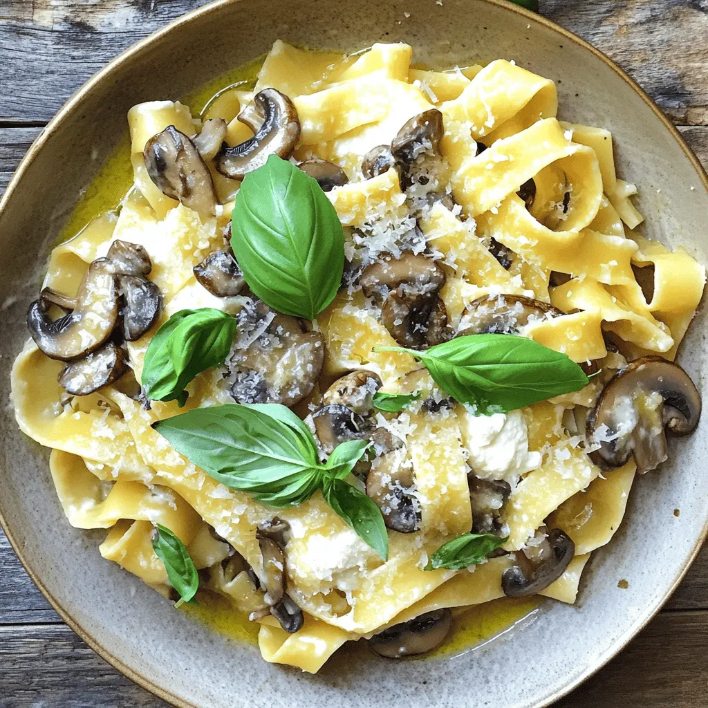 To create a rich and creamy Mushroom Ricotta Pasta, you need the following ingredients: - 250g fresh pasta (tagliatelle or fettuccine) - 300g mixed mushrooms (cremini, shiitake, and oyster), sliced into even pieces - 1 cup ricotta cheese, at room temperature - 2 garlic cloves, finely minced - 1 small onion, finely chopped - 3 tablespoons extra virgin olive oil - 1/2 cup vegetable broth - Sea salt and freshly cracked black pepper, to taste - Fresh basil leaves, for garnish - Grated Parmesan cheese, for serving (optional) These ingredients work together to create a delightful balance of flavors. The mushrooms add depth, while the ricotta brings creaminess. Using fresh pasta enhances the texture and taste, making each bite a joy. Feel free to mix different mushrooms for a unique taste. The olive oil and garlic will give your dish a fragrant base, while the broth brings everything together. This combination guarantees a delicious meal that feels both comforting and gourmet. For the full recipe, check out the detailed steps provided. - Cook the Pasta: Start by boiling a large pot of salted water. Add your fresh pasta. Cook it for 2-3 minutes until it is al dente. Drain the pasta but save half a cup of pasta water for later. - Sauté the Vegetables: Heat a large skillet over medium heat. Add three tablespoons of extra virgin olive oil. Once hot, toss in the finely chopped onion. Sauté for about 2-3 minutes until soft and clear. - Add Garlic and Mushrooms: Next, add the minced garlic and sliced mushrooms to the skillet. Stir well and cook for 5-7 minutes. The mushrooms should turn golden and release their juices. - Create the Sauce: Pour in the vegetable broth. Let it simmer for about 2 minutes. This helps blend the flavors. Season with sea salt and black pepper to your taste. - Combine Pasta and Ricotta: Gently add the drained pasta and room-temperature ricotta cheese into the skillet. Toss carefully to coat the pasta in the sauce. If it seems dry, add a bit of the reserved pasta water until creamy. - Garnish and Serve: Remove the skillet from the heat. Serve the pasta in warm bowls. Top each bowl with fresh basil leaves and sprinkle with grated Parmesan cheese if you like. Enjoy your Mushroom Ricotta Pasta! For a detailed guide, refer to the Full Recipe. To make the mushrooms taste amazing, start with a hot pan. Add olive oil first, then onion. Once the onion is soft, add the garlic and mushrooms. Cook them until golden brown. This step brings out their flavor. Stir often to prevent burning. I like using a mix of mushrooms for depth. Cremini, shiitake, and oyster mushrooms work well together. When you add ricotta, make sure it's at room temperature. Cold ricotta can clump and not mix well. Stir gently with the cooked pasta. This helps make the dish creamy. If you find it too thick, don’t worry. The next tip will help with that! Pasta water is your secret weapon. It’s salty and starchy, making the sauce smooth. Always save some when draining pasta. Add a little at a time to the skillet. This lets you control the sauce's thickness. You want it creamy but not runny. Adjust as needed until you get the perfect texture. For detailed steps, check the Full Recipe. {{image_4}} You can make Mushroom Ricotta Pasta even more fun by adding protein. Chicken, shrimp, or tofu all work well. Cook the protein separately, then mix it in with the pasta. This adds great flavor and makes the dish heartier. Next, think about using different pasta types. If you want gluten-free options, use rice or chickpea pasta. These alternatives give you a new taste and texture. They also keep the dish light and fresh. Lastly, enhance flavors with herbs and spices. Fresh basil and thyme add brightness. You can also try red pepper flakes for some heat. A squeeze of lemon juice can brighten the dish, too. For a complete guide, check the Full Recipe. Storing your mushroom ricotta pasta correctly keeps it fresh and tasty. After serving, let the leftovers cool down. Place them in an airtight container. This helps keep moisture in and air out. You can store it in the fridge for up to three days. To reheat, use a skillet on low heat. Add a splash of vegetable broth or water to keep it creamy. Stir gently until warm. You can also use a microwave. Just cover it with a lid and heat in short bursts, stirring in between. You can freeze mushroom ricotta pasta too! First, cool it completely. Then, pack it in a freezer-safe container. It’s best to use it within two months. When you’re ready to eat, thaw it overnight in the fridge. Reheat as mentioned above. For the full recipe, check out the earlier section! Yes, you can prepare Mushroom Ricotta Pasta ahead of time. Cook the pasta and sauce separately. Store them in airtight containers. When ready to eat, combine them and warm on the stove. This keeps the pasta fresh and prevents it from getting mushy. I love using a mix of mushrooms for depth of flavor. Cremini, shiitake, and oyster mushrooms work well together. They provide a rich taste and nice texture. Feel free to experiment with other mushrooms like portobello or button. To make Mushroom Ricotta Pasta vegan, replace the ricotta cheese with a plant-based alternative. You can use cashew cream or tofu blended with lemon juice. Use vegetable broth in the sauce. This keeps the dish creamy and delicious without dairy. This pasta pairs well with a fresh salad or garlic bread. A simple arugula salad adds a nice peppery flavor. You might also enjoy a light white wine, like Pinot Grigio, alongside your meal. To keep the pasta firm, cook it al dente. This means it should still have a slight bite. Remember to drain it right away and mix it with the sauce quickly. Avoid letting it sit in water or sauce too long. This blog post covered how to make a creamy Mushroom Ricotta Pasta. We started with fresh ingredients like pasta and mushrooms. I gave you step-by-step instructions, tips for perfecting your dish, and tasty variations. You can easily store leftovers or turn this into a meal prep dish. In closing, this recipe is simple and flexible. Explore the variations and enjoy your cooking! You’ll impress everyone with your dish.