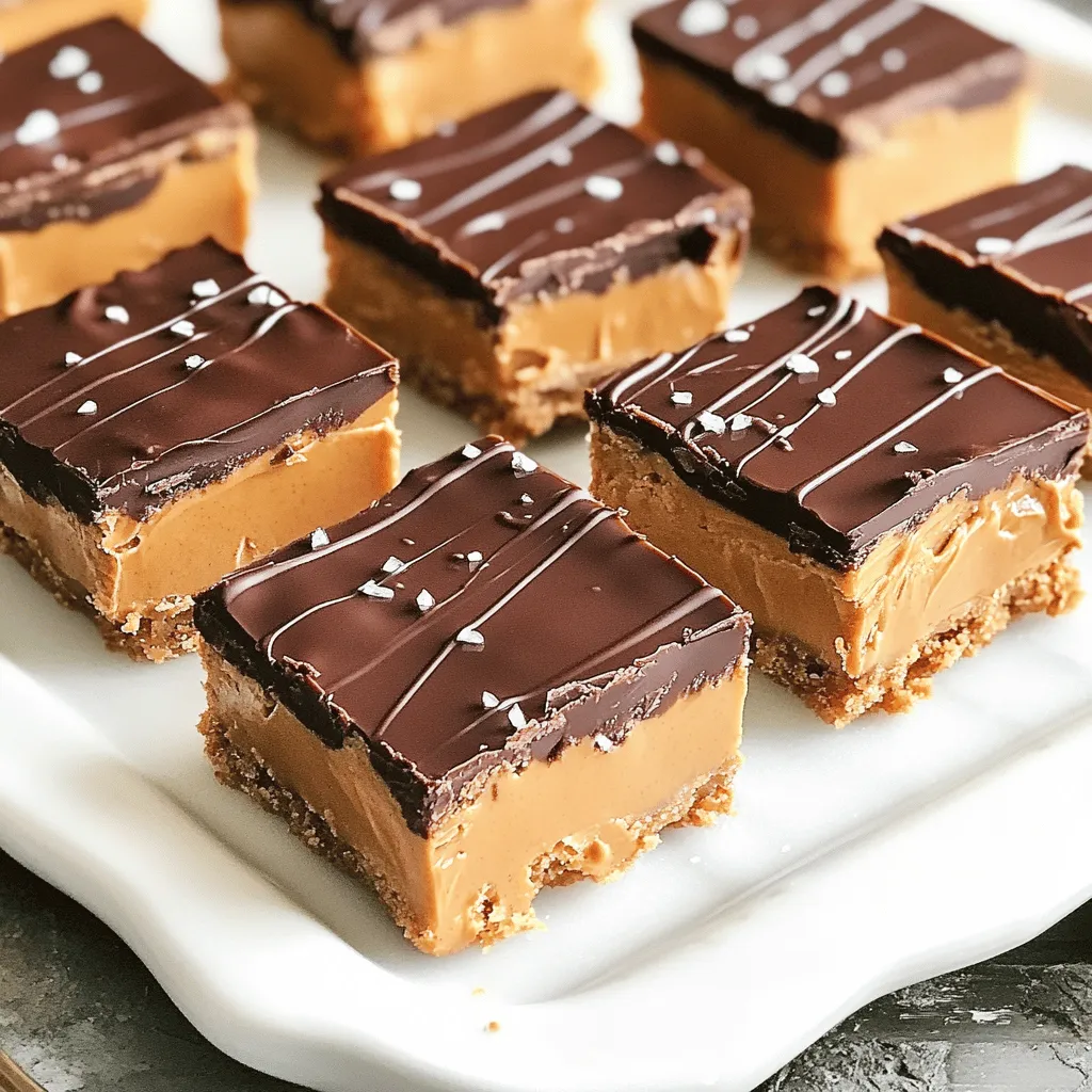 To make these tasty bars, you need: - 1 cup creamy peanut butter - 1/2 cup pure maple syrup - 2 cups rolled oats - 1/2 cup unsweetened cocoa powder - 1/2 teaspoon vanilla extract - 1/4 teaspoon sea salt - 1/2 cup dark chocolate chips (dairy-free if preferred) - 2 tablespoons virgin coconut oil Using high-quality ingredients makes a big difference. Pure maple syrup adds a rich sweetness. It tastes much better than regular syrup. Creamy peanut butter should be natural and smooth. This gives the bars a nice texture. Dark chocolate chips should also be of good quality. They melt well and add a deep flavor. When you use great ingredients, your bars will taste amazing. You can easily adapt this recipe. For a dairy-free option, use dairy-free chocolate chips. If you need it gluten-free, make sure to choose certified gluten-free oats. You can also swap peanut butter for almond or sunflower butter. This keeps it nut-free. For a lower sugar option, try using honey instead of maple syrup. These changes help everyone enjoy this treat! Start with a large mixing bowl. Add 1 cup of creamy peanut butter and 1/2 cup of pure maple syrup. Mix these two with a spatula or whisk. You want a smooth mix with no lumps. Next, add in 2 cups of rolled oats, 1/2 cup of unsweetened cocoa powder, 1/2 teaspoon of vanilla extract, and 1/4 teaspoon of sea salt. Stir well until everything is combined. You should see a thick, sticky dough form. This dough is the base of your bars. Grab an 8x8-inch square baking dish. You can grease it lightly with a bit of coconut oil. This helps the bars come out easily later. Alternatively, you can line the dish with parchment paper. This gives you an easy way to lift the bars out after they set. Just make sure to leave some paper hanging over the edges, so you can pull them out with ease. Use a small saucepan to melt the chocolate. Add 1/2 cup of dark chocolate chips and 2 tablespoons of virgin coconut oil. Keep the heat low and stir constantly. This keeps the chocolate from burning. You want it smooth and glossy. If you see any lumps, keep stirring until it’s all melted. Be patient; this step makes your topping perfect! Once the chocolate is ready, you can pour it over the peanut butter layer in the dish. Spread it evenly with a spatula. This will give you a beautiful, shiny finish on top. One mistake I see often is not measuring ingredients carefully. Accurate measurements ensure the bars hold together. Another error is not mixing enough. You want a thick, sticky dough. If you see dry oats, mix longer. Lastly, don’t skip chilling. The bars need time in the fridge to set properly. To get the best texture, use creamy peanut butter. It blends well and creates a smooth base. If your mixture seems dry, add a bit more maple syrup. You want a sticky dough that sticks together. Press it firmly in the dish. This helps it hold its shape when you cut it. For a pretty presentation, use a white platter. The contrast makes the bars pop. Drizzle extra melted chocolate on top. A light sprinkle of sea salt adds flair. If you’re gifting them, place the bars in a nice box. Wrap it up with a ribbon for a special touch. {{image_4}} You can change up your no-bake chocolate peanut butter bars easily. Adding nuts is a great way to add crunch and flavor. Chopped almonds or walnuts work well. You can also mix in dried fruits like raisins or cranberries for a sweet twist. These add a chewy texture and extra nutrients. Just be careful not to add too much, or the bars may fall apart. If you want a healthier treat, there are simple swaps you can make. Try using honey instead of maple syrup. Honey is sweet and sticky, making your bars hold together well. You can also reduce the sugar by using less cocoa powder. Consider using nut butter that has no added sugar. This way, you control the sweetness and keep it healthy. Seasonal flavors can make your bars feel special. In fall, add pumpkin spice for a warm flavor. Just mix in a teaspoon or two during the mixing step. In winter, try adding a little peppermint extract for a festive touch. This gives your bars a fresh taste that brightens your holiday season. Enjoy the fun of changing flavors to match the season! For the full recipe, check out the details above. To keep your No-Bake Chocolate Peanut Butter Bars fresh, store them in an airtight container. This helps prevent them from drying out. Make sure to place a layer of parchment paper between layers if you stack them. This keeps the chocolate from sticking. You can store these bars in the fridge for up to one week. If they last that long, they will still taste great. Just remember, the fresher they are, the better they will be. If you want to store them for longer, freezing works too! Wrap each bar in plastic wrap and place them in a freezer-safe bag. They can last up to three months in the freezer. When you want to enjoy one, let it thaw in the fridge for a few hours or at room temperature for about 30 minutes. Yes, you can easily make these bars vegan. Use a plant-based peanut butter and swap the honey for pure maple syrup. For the chocolate, choose dairy-free dark chocolate chips. This will keep the bars tasty and plant-based. You can tell the bars are set when they are firm to the touch. After chilling for 2-3 hours, check the edges and center. They should not feel sticky. If they feel soft, give them more time in the fridge. Absolutely! Here are some easy swaps: - Use almond butter instead of peanut butter for a different flavor. - Swap rolled oats for quick oats if you prefer a softer texture. - Try agave syrup instead of maple syrup for sweetness. - Use cocoa powder in place of carob powder for a unique twist. Feel free to mix and match based on your taste or dietary needs! For the complete recipe, check the Full Recipe. These No-Bake Chocolate Peanut Butter Bars are easy to make and delicious. I covered the top ingredients, shared steps to prepare, and offered tips to avoid common mistakes. You can also make variations to suit your taste and store them easily. Remember, using quality ingredients makes a big difference. With these bars, you can enjoy a tasty treat that fits your dietary needs. Dive in and have fun experimenting in your kitchen!