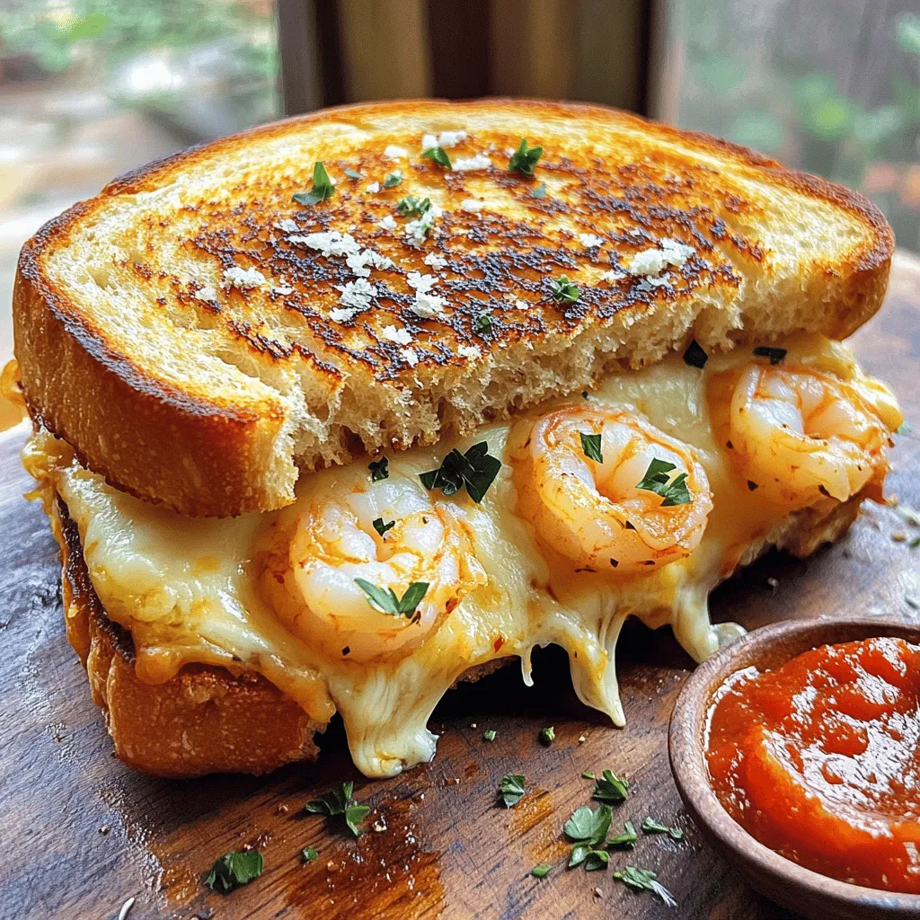 To make this tasty sandwich, you will need: - 2 slices of thick-cut sourdough bread - 3 tablespoons unsalted butter, softened - 2 cloves garlic, finely minced - 1 teaspoon garlic powder - 1/2 teaspoon mixed dried Italian herbs (like oregano and basil) - 1 cup cooked shrimp, peeled and deveined - 1/2 cup shredded mozzarella cheese - 1/4 cup freshly grated Parmesan cheese - Sea salt and freshly cracked black pepper, to taste - Fresh parsley, finely chopped (for garnish) Each ingredient adds a special flavor and texture. The sourdough gives a nice crunch. The shrimp adds protein and a subtle ocean taste. The blend of cheeses makes it gooey and rich. You can enhance this sandwich with a few simple additions. Try a sprinkle of red pepper flakes for heat. Fresh basil leaves can add a bright note. You can also use garlic salt instead of sea salt for more garlic flavor. For this recipe, you will need a few basic tools: - A medium-sized mixing bowl - A butter knife - A spatula - A skillet or frying pan - A cutting board for slicing the sandwich These tools make the cooking process easy and fun. A good skillet ensures even cooking, helping the bread get that perfect golden-brown color. For the full recipe, check out the link provided. To start, gather your ingredients for the garlic spread. In a medium bowl, mix together: - 3 tablespoons of softened unsalted butter - 2 cloves of finely minced garlic - 1 teaspoon of garlic powder - 1/2 teaspoon of mixed dried Italian herbs - A sprinkle of sea salt and freshly cracked black pepper Stir the mixture until smooth. Set it aside for later. This spread adds a rich flavor to your sandwich. Now, let's build the layers. Take two slices of thick-cut sourdough bread. Spread a generous layer of the garlic butter on one side of each slice. This adds flavor and helps with browning. On the unbuttered side of one slice, arrange 1 cup of cooked shrimp in a single layer. Next, sprinkle 1/2 cup of shredded mozzarella cheese and 1/4 cup of grated Parmesan cheese evenly over the shrimp. This creates a cheesy delight! Carefully place the second slice of bread on top, with the buttered side facing up. Your sandwich is ready for grilling! Preheat a skillet over medium heat for even cooking. Once hot, gently place your sandwich in the skillet. Grill for about 4-5 minutes until the bottom turns golden brown. Using a spatula, flip the sandwich and grill the other side for another 4-5 minutes. You want both sides crispy and the cheese melted. Once done, take the sandwich out and let it cool for a minute. Cut it in half diagonally for a nice look. Garnish with finely chopped parsley. Enjoy this cheesy garlic bread shrimp grilled cheese delight! For a great grilled cheese, choose thick-cut bread. Sourdough works well. It gives a nice crust and flavor. You can also try French bread or Texas toast. These breads hold up to the cheese and shrimp. They won't get soggy easily. To melt cheese just right, use a mix of cheeses. Mozzarella gives stretch, while Parmesan adds flavor. Grate the cheese finely for quick melting. Keep the heat low to avoid burning the bread. Cover the pan with a lid. This helps the cheese melt evenly. Boost the taste with a few extras. Try adding some fresh herbs, like basil or chives. A pinch of red pepper flakes gives heat. You can also include sun-dried tomatoes for a sweet twist. If you like a tangy kick, add a slice of tomato. This recipe is all about your taste! For the full recipe, check the complete guide. {{image_4}} You can swap shrimp for other proteins. Try using cooked chicken for a hearty twist. Sliced turkey can also work well, giving a nice flavor. If you prefer fish, grilled salmon or cod adds a delightful taste. Each option changes the dish but keeps it tasty. If you want a vegetarian version, skip the shrimp. Use roasted vegetables instead. Zucchini, bell peppers, or mushrooms add great flavor and texture. You can also add spinach or kale for some greens. A layer of creamy avocado can enhance the taste and make it more filling. Feel free to get creative with flavors. Consider adding a slice of tomato for freshness. A sprinkle of red pepper flakes can bring some heat. You might also try adding sun-dried tomatoes or olives for a Mediterranean flair. Mix in fresh herbs like basil or cilantro for a bright touch. To store leftover cheesy garlic bread shrimp grilled cheese, wrap it tightly in plastic wrap. You can also place it in an airtight container. This keeps the sandwich fresh and tasty. Make sure to store it in the fridge. Enjoy it within two days for the best flavor. For the best taste, reheat the sandwich in a skillet over low heat. This keeps the bread crispy and melts the cheese well. Heat it for about 3-4 minutes on each side. You can also use a toaster oven if you have one. Avoid using the microwave, as it can make the bread soggy. You can freeze the cheesy garlic bread shrimp grilled cheese for later. To do this, wrap the sandwich tightly in foil or plastic wrap. Then, place it in a freezer bag. It will stay good for up to three months. When ready to eat, thaw it in the fridge overnight and reheat as mentioned above. Yes, you can use many types of cheese. Cheddar or gouda will work great. They add unique flavors. Just make sure to choose cheese that melts well. Mixing cheeses can also enhance taste. Try different combinations to find your favorite! To keep your bread crispy, use thick-cut sourdough. Spread garlic butter only on the outside. Don’t overload the filling, as too much moisture can cause sogginess. Grill the sandwich on medium heat to allow it to cook slowly. This helps achieve a perfect crunch. You can adjust the spice level easily. Add red pepper flakes for heat. If you want it milder, skip the spices. You can also try adding a touch of hot sauce to the garlic butter. Start small and taste as you go. This way, you can find your ideal heat level. This blog post shared how to make tasty Cheesy Garlic Bread Shrimp Grilled Cheese. We covered essential ingredients, seasoning tips, and the right tools for cooking. I walked you through each step from preparing the garlic spread to grilling your sandwich. You learned about variations to suit your taste, storage tips for leftovers, and answers to common questions. Now, you’re ready to create your own delicious sandwich. Enjoy every bite and share it with friends!