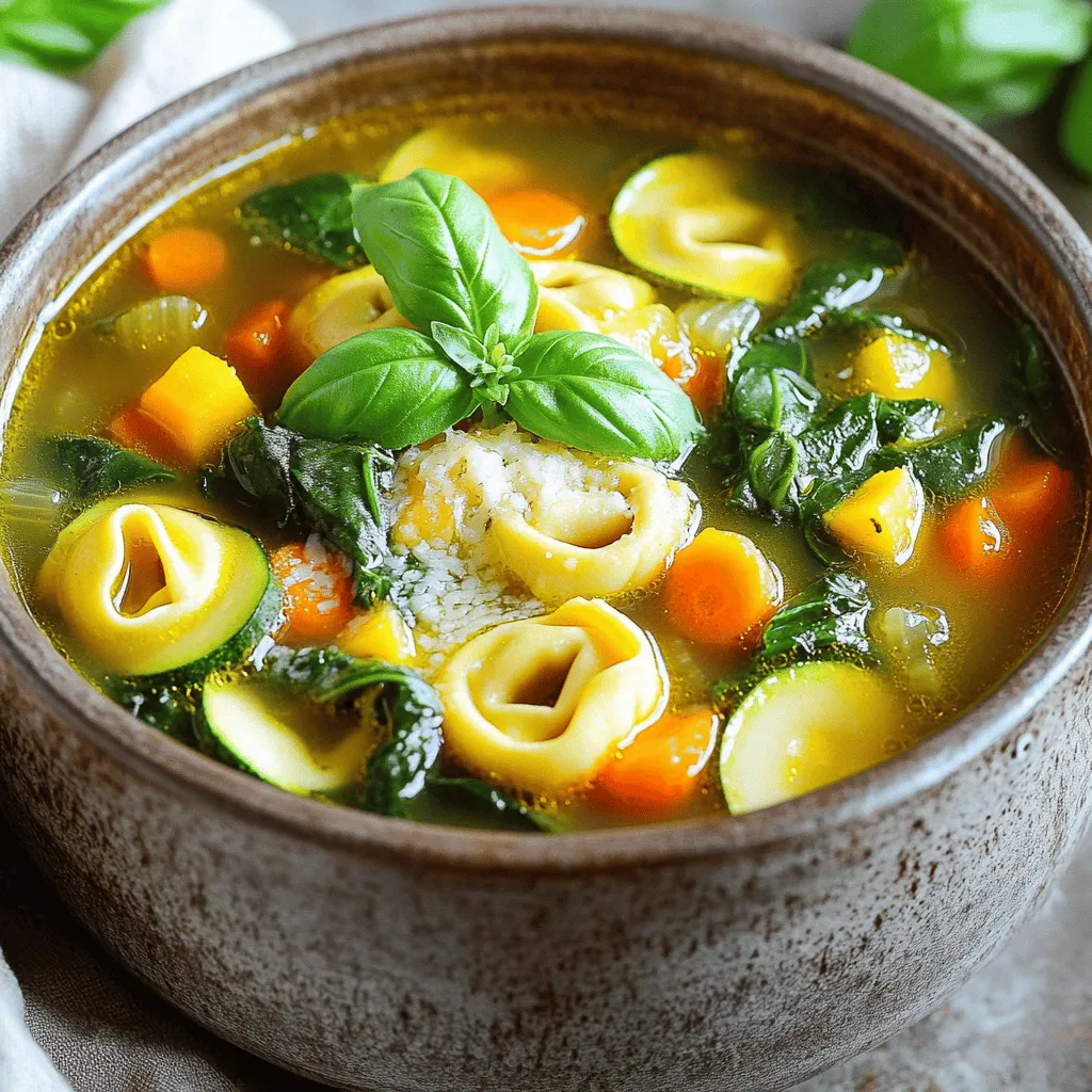 To make a tasty veggie-loaded tortellini soup, you need simple and fresh ingredients. Here’s what you will need: - 1 tablespoon olive oil - 1 medium onion, diced - 3 cloves garlic, minced - 2 medium carrots, diced - 2 stalks celery, diced - 1 zucchini, diced - 1 bell pepper (any color), diced - 1 cup cherry tomatoes, halved - 4 cups vegetable broth - 12 ounces fresh or frozen cheese tortellini - 1 teaspoon dried Italian herbs (oregano, basil, thyme blend) - Salt and freshly ground black pepper to taste - 2 cups fresh spinach leaves - 1 tablespoon freshly squeezed lemon juice - Grated Parmesan cheese for serving (optional) These items create a soup that is both hearty and healthy. You can mix and match some ingredients to make this soup your own. Here are ideas for optional ingredients: - Fresh herbs like basil or parsley for garnish - Different vegetables like green beans or corn - A splash of cream for a richer flavor - Protein options like cooked chicken or beans Feel free to add what you love! Fresh produce makes a big difference in taste. Here are tips to help you choose the best: - Look for firm vegetables with bright colors. - Choose bell peppers that feel heavy for their size. - Select zucchini that is smooth and shiny. - Pick cherry tomatoes that are plump and fragrant. Buying fresh ingredients gives you the best soup! For the full recipe, check out the detailed instructions above. 1. Gather all your ingredients on a clean counter. 2. Wash the vegetables well, then dice them as needed. 3. Mince the garlic and set it aside for easy use. 4. Measure out your vegetable broth, tortellini, and herbs. 1. Heat the olive oil in a large pot over medium heat until it shimmers. 2. Add the diced onion. Cook for 3-4 minutes until soft and clear. 3. Stir in the minced garlic. Cook for one more minute until it smells good. 4. Add diced carrots and celery. Cook for 5 minutes, stirring often. 5. Mix in zucchini, bell pepper, and halved cherry tomatoes. Cook for 3-4 minutes. 6. Pour in the vegetable broth and raise the heat to a boil. 7. Lower the heat and add the tortellini. Cook for 5-7 minutes as per package instructions. 8. Stir in the dried Italian herbs, salt, and pepper to taste. 9. Fold in fresh spinach leaves. Let them wilt for about 2 minutes. 10. Add the lemon juice and stir gently to combine all flavors. - Serve the soup hot in deep bowls. - Garnish with freshly grated Parmesan cheese for a creamy touch. - Add fresh herbs like basil or parsley for color. - Pair with warm, crusty bread for a delightful meal. For the complete recipe, check out the Full Recipe section. To make the best veggie-loaded tortellini soup, start with fresh ingredients. Fresh veggies give great flavor and texture. Chop your vegetables into even pieces. This helps them cook at the same time. Use good-quality vegetable broth for a rich base. If you have homemade broth, even better! Add herbs for extra flavor. Dried Italian herbs work well, but fresh herbs shine too. Try adding a bay leaf while cooking for depth. A splash of balsamic vinegar can add complexity. Don’t forget to taste as you cook. Adjust salt and pepper to match your liking. A squeeze of lemon juice at the end adds brightness and lifts the flavors. Avoid overcooking the tortellini. Follow package instructions closely. If you cook them too long, they can become mushy. Don’t skip the sautéing step for the veggies. This step builds great flavor. Lastly, avoid using too many different veggies; stick to a few favorites. This keeps the focus on the tortellini and broth. For the full recipe, check the previous section. {{image_4}} You can boost the protein in your Veggie-Loaded Tortellini Soup easily. Adding cooked chicken makes it heartier. Just shred rotisserie chicken and stir it in. For a plant-based option, add canned beans like cannellini or chickpeas. They add protein and fiber. Both options make the soup filling and nutritious. To make this soup vegan, swap out the cheese tortellini for a vegan version. Many stores offer plant-based tortellini now. Use vegetable broth instead of chicken broth for a rich flavor. To replace cheese, add nutritional yeast for a cheesy taste without dairy. This way, everyone can enjoy the soup. Feel free to play with the veggies in your soup. You can use kale instead of spinach for a different texture. Sweet potatoes or butternut squash add a nice sweetness. Try green beans or peas for color and crunch. Mixing in seasonal vegetables keeps the soup fresh and exciting. Check out the Full Recipe for more tips to customize your dish. After enjoying your veggie-loaded tortellini soup, let it cool. Transfer the soup to an airtight container. Store it in the fridge for up to three days. Make sure to keep it covered to avoid drying out. Label the container with the date so you know when you made it. To freeze the soup, follow the same cooling steps. Use a freezer-safe container or a heavy-duty freezer bag. Leave some space at the top for expansion. The soup can last up to three months in the freezer. To keep flavors fresh, try to use it sooner rather than later. When you are ready to enjoy the soup again, thaw it overnight in the fridge if frozen. Heat it gently on the stove over low heat. Stir it often to avoid sticking. If it seems too thick, add a splash of vegetable broth or water. For the best taste, reheat until it’s just hot. Enjoy it as you did the first time! For the full recipe, check out the complete instructions above. Veggie-Loaded Tortellini Soup lasts about 3 to 4 days in the fridge. Store it in an airtight container for the best results. Over time, the tortellini may absorb liquid and soften. If you want it to taste great for days, you can add more broth when reheating. Yes, you can use frozen tortellini! Just add it straight to the pot without thawing. You may need to adjust the cooking time slightly. Check the package for instructions. Frozen tortellini cooks quickly and makes this recipe easier. This soup pairs well with crusty bread, a fresh salad, or a side of garlic bread. You can also serve it with a sprinkle of grated Parmesan on top for extra flavor. Each option complements the soup's rich taste and adds a nice touch to your meal. For the full recipe, check the section above! In this blog post, I covered how to make Veggie-Loaded Tortellini Soup. We explored key ingredients, preparation, and cooking steps. I also shared tips for fresh produce and ways to enhance flavor. You can customize the soup with proteins and veggies, plus learn how to store leftovers. Remember, this soup is simple and packed with nutrients. Try it today, and enjoy your warm, tasty dish.