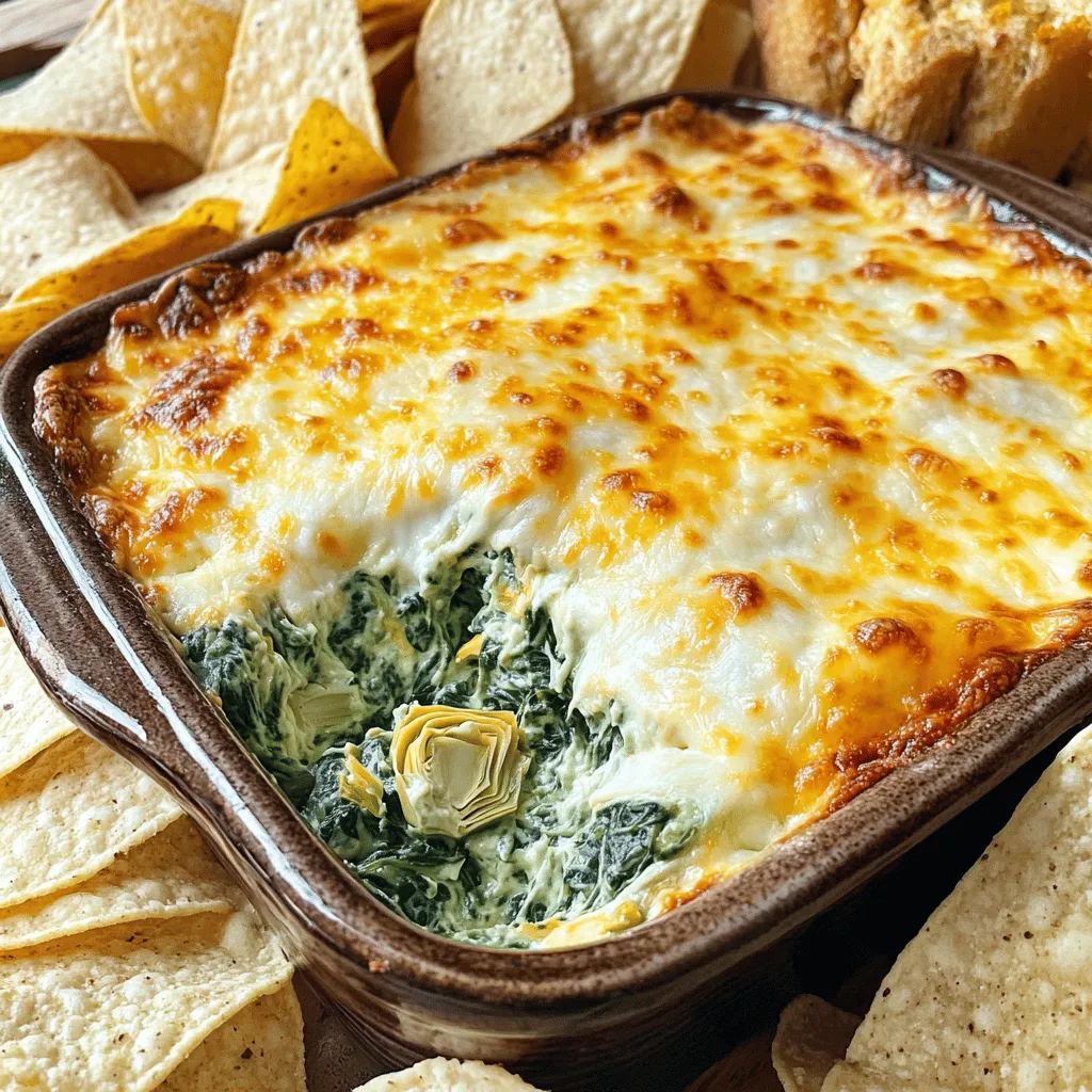 To make the best creamy spinach artichoke dip, gather these simple ingredients: - 1 cup fresh spinach, finely chopped - 1 cup canned artichoke hearts, drained and roughly chopped - 1 cup cream cheese, softened - 1/2 cup sour cream - 1/2 cup mayonnaise - 1 cup freshly grated Parmesan cheese, divided - 1 cup shredded mozzarella cheese, divided - 2 cloves garlic, minced - 1/2 teaspoon onion powder - 1/2 teaspoon red pepper flakes (optional) - Salt and pepper to taste - Tortilla chips or crispy bread slices for serving Each ingredient plays a role in building flavors. Spinach adds freshness and color. Artichokes bring a unique taste and texture. Cream cheese, sour cream, and mayonnaise create a rich, creamy base. The cheeses melt beautifully to create a cheesy topping. Garlic and spices add depth. This dip is perfect for parties or cozy nights in. For the full recipe, follow the steps carefully to get it just right! - Preheat the oven to 350°F (175°C). - Combine cream cheese, sour cream, and mayonnaise until smooth. - Fold in spinach, artichoke hearts, garlic, onion powder, and half of the Parmesan. - Adjust salt and pepper to taste. - Transfer dip mixture to a baking dish and spread evenly. - Add remaining Parmesan and mozzarella on top. - Bake for 25-30 minutes until bubbly and golden brown. - Cool slightly before serving. This dip is rich in flavor and perfect for any gathering. You can find the full recipe in the section above. Enjoy every cheesy bite! To keep your dip smooth, start with soft cream cheese. Mix it with sour cream and mayonnaise first. Use a spatula or hand mixer to blend until there are no lumps. This step is key for a creamy texture. After mixing, gently fold in the spinach and artichokes. Be careful not to overmix at this point. This will help maintain some texture in the dip. You can boost the flavor of your dip easily. Try adding spices like garlic powder or smoked paprika. For a cheesy twist, mix in different cheeses. Creamy Gouda or sharp cheddar can add depth. If you like heat, add jalapeños or cayenne pepper. These small changes can make a big difference in taste. Serving your dip can be fun and creative. Use a colorful bowl to make it pop. You can sprinkle fresh herbs like parsley or chives on top for color. Serve it with a variety of dippers. Tortilla chips, toasted bread, and veggie sticks all work great. For a special touch, you can serve the dip in individual ramekins. This makes it easy for guests to enjoy at gatherings. For the full recipe, check out the detailed guide above. {{image_4}} You can spice up your creamy spinach artichoke dip by adding jalapeños or hot sauce. This gives it a nice kick. Just chop fresh jalapeños and mix them into the dip. If you prefer hot sauce, add a few drops to your taste. Both options add heat and flavor, making your dip stand out. Want to enjoy this dip without dairy? Use plant-based cream cheese and sour cream. Several brands offer great options that taste creamy. You can find these at most grocery stores. This version is perfect for your vegan friends and still tastes amazing. Just follow the same recipe with these swaps for a delicious vegan treat. You can also get creative by adding other veggies or proteins. Try incorporating cooked crab or crispy bacon for a rich flavor boost. You could also mix in roasted red peppers or artichokes for extra texture. The more ingredients you add, the more unique your dip will become. Play around with flavors to find your perfect blend. For the full recipe, check out the Creamy Spinach Artichoke Dip. To store leftover dip in the fridge, follow these steps: - Let the dip cool completely. - Transfer it to an airtight container. - Seal it tightly to keep air out. - Place it in the fridge for up to three days. When ready to enjoy, simply reheat in the oven or microwave. Best practices for freezing and reheating the dip include: - Scoop the dip into a freezer-safe container. - Leave some space at the top for expansion. - Seal the container tightly to avoid freezer burn. - Freeze for up to three months. To reheat, thaw the dip in the fridge overnight. Then, bake it at 350°F until hot and bubbly. Keeping track of how long the dip lasts when stored is important: - In the fridge, it stays good for about three days. - In the freezer, it can last up to three months. After these times, the dip may lose flavor and texture. Always check for any signs of spoilage before serving. Yes, you can prep this dip in advance. Make the dip and place it in a baking dish. Cover it with plastic wrap and chill in the fridge. You can keep it for up to two days. When you’re ready to bake, remove the wrap and bake as directed. This saves time when you have guests. You can serve this dip with many tasty options. Here are some ideas: - Tortilla chips - Toasted baguette slices - Crunchy vegetable sticks like carrots and cucumbers - Pita chips - Crackers These choices add fun and flavor to your snack time. Yes, frozen spinach works well. Just make sure to thaw it first. Squeeze out the excess water to avoid a watery dip. Measure out one cup of the thawed spinach. It’s a great time-saver and still gives great flavor. You can make this dip lighter with a few swaps. Try these ideas: - Use Greek yogurt instead of sour cream. - Replace half the cream cheese with cottage cheese. - Use low-fat mayonnaise. - Choose reduced-fat cheese options. These changes keep the taste but cut down on calories. This article covered the delicious and simple Creamy Spinach Artichoke Dip. We discussed the fresh ingredients, easy steps, and creative tips for the perfect dip. I shared variations to suit different diets and tastes, plus storage tips to keep it fresh. Whether you want a spicy kick or a vegan option, there’s a way to make this dip work for you. Enjoy making this treat for your next gathering; it’s sure to impress!