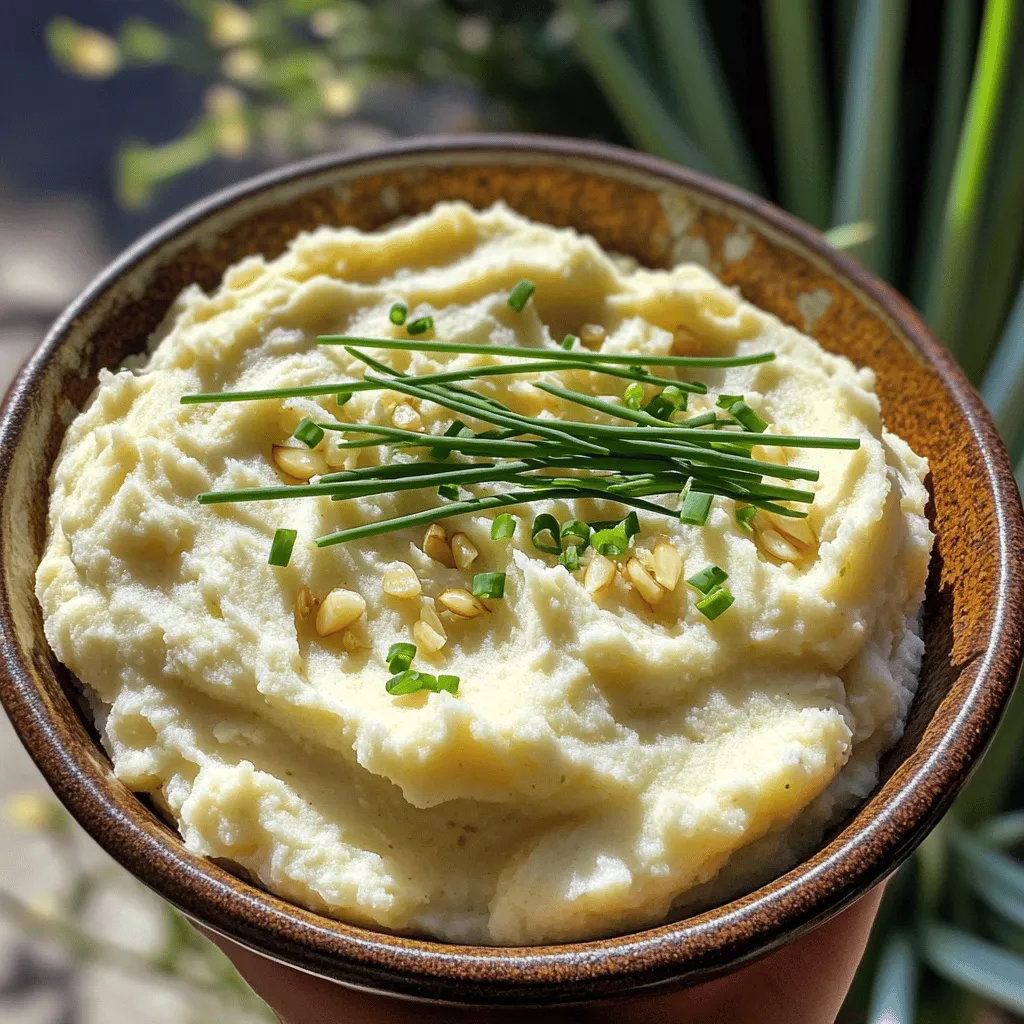 - 1 large head of cauliflower - 4 cloves of garlic - 1/4 cup cream cheese - 1/2 cup unsweetened almond milk - 2 tablespoons unsalted butter - Salt and pepper to taste - Fresh chives or parsley Gathering the right ingredients is key to your creamy garlic mashed cauliflower. Start with a large head of cauliflower. This will be the base of your dish. You want it to be fresh and firm. Next, grab four cloves of garlic. The garlic adds that lovely flavor. You will use them whole, so no need to chop. For creaminess, you'll need a quarter cup of cream cheese. This makes the dish rich and smooth. To help blend everything, have half a cup of unsweetened almond milk ready. You can use regular milk if you prefer. Don't forget two tablespoons of unsalted butter. This adds extra creaminess and flavor. Lastly, get some salt and pepper for seasoning. These will enhance the taste of your dish. For garnish, fresh chives or parsley work great. They add a nice color and a hint of freshness. Now that you have all your ingredients, you’re ready to make this delightful side dish. For the full recipe, be sure to check out the detailed cooking instructions. Start by filling a large pot with salted water. Bring it to a rolling boil over high heat. Once the water boils, add the cauliflower florets and the whole garlic cloves. Cook them for about 10-12 minutes. They should be fork-tender and the garlic soft. This step is key for a rich, flavorful mash. After cooking, drain the cauliflower and garlic well. Return them to the pot, but turn off the heat. This helps any leftover moisture to escape. Now, add the softened cream cheese and butter. Use a potato masher or an immersion blender to mash and blend the mixture. Keep blending until it becomes smooth and velvety. Next, slowly pour in the almond milk. Do this a little at a time. Keep mashing as you pour. Adjust the amount of milk to get your preferred creaminess. Finally, season your mash with salt and freshly ground black pepper. Stir well to mix in the flavors. Taste and adjust if needed. Serve this creamy garlic mashed cauliflower hot. It looks great topped with fresh chives or parsley. For the complete details, check the Full Recipe. To make your creamy garlic mashed cauliflower perfect, avoid excess moisture. After cooking, drain the cauliflower and garlic well. Let them sit in the pot for a minute to let any remaining water steam off. This step is key to a creamy texture. I recommend using an immersion blender. It blends the mixture smoothly and quickly. You can also use a potato masher, but the immersion blender gives a silkier finish. For a flavor boost, try adding garlic powder or roasted garlic. Roasted garlic provides a rich, nutty flavor that elevates the dish. You can also add herbs like thyme or rosemary. These fresh herbs add a delightful twist to the taste. Experiment with different herbs to find your favorite flavor combination. This dish is best served warm. It pairs well with proteins like chicken or fish. You can also use it as a side dish for veggies. Serve it in warm bowls and top with fresh chives or parsley. This adds color and a hint of freshness. For the full recipe, check out the detailed steps above. Enjoy the creamy delight! {{image_4}} You can make this dish even lighter. Start by swapping the cream cheese for Greek yogurt. This change keeps the creaminess while cutting down on carbs. Next, use vegetable broth instead of milk. This option adds flavor without the extra calories. If you want a richer taste, consider adding cheese. Parmesan or cheddar can enhance the dish greatly. You can also spice things up. Adding a pinch of paprika or nutmeg brings warmth and depth to the flavor. These small changes make a big difference. This creamy garlic mashed cauliflower isn't just a side. You can transform it into a stuffed veggie dish. Hollow out peppers or zucchini and fill them with the mash. It makes for a fun presentation. You can also use it as a filling for wraps or sandwiches. It adds a creamy texture that kids and adults will love. For the full recipe, refer to the earlier section. Enjoy these fun variations! Store your creamy garlic mashed cauliflower in an airtight container. This keeps it fresh and tasty. Consume it within 3-5 days for the best flavor and texture. You can freeze this dish for up to 2 months. Make sure to pack it in a freezer-safe container. When you're ready to eat, thaw it in the fridge overnight. This keeps it from getting too watery. Use a microwave or stovetop to reheat your mashed cauliflower. If it seems dry, add a splash of milk. This helps restore its creamy texture. Enjoy it warm for the best taste! Refer to the detailed recipe section for steps. This dish is easy and quick to make. Start by boiling the cauliflower and garlic. Once soft, mash them with cream cheese and butter. Mix in almond milk until creamy. Season, serve, and enjoy! Yes, you can make it vegan! Simply replace the cream cheese and butter with plant-based alternatives. Use vegan cream cheese and plant-based butter for a similar texture and taste. You can also try using coconut milk for a unique twist. Reheat gently in the microwave or on the stove. Add a splash of milk to keep it creamy. Stir well to ensure even heating. This way, your mashed cauliflower stays fluffy and delicious. This blog post covers how to make creamy garlic mashed cauliflower. We discussed the main ingredients like cauliflower, garlic, and cream cheese, along with tips for mashing and enhancing flavor. You can explore various options, such as low-carb swaps or creative serving ideas. Proper storage and reheating methods will ensure your cauliflower stays fresh. Creamy garlic mashed cauliflower is a tasty side dish that is easy to enjoy. With these steps, you can impress anyone at your table.