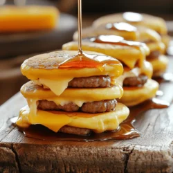Making Mini McGriddle Bites is fun and easy. Here’s what you need: - 1 cup all-purpose flour - 1 tablespoon baking powder - 1 tablespoon granulated sugar - 1/2 teaspoon salt - 1 cup milk - 1 large egg - 2 tablespoons unsalted butter, melted - 1/2 teaspoon vanilla extract - 8 mini sausage patties - 4 slices of American cheese, cut in half - Maple syrup, for drizzling Each ingredient plays a key role in making these bites tasty. The flour gives structure, while the baking powder helps them rise. Sugar adds sweetness, and salt enhances the flavors. Milk and egg make the batter rich and moist. Butter brings a nice flavor, and vanilla adds a hint of warmth. You’ll want to use mini sausage patties for that classic taste. The American cheese melts beautifully, adding creaminess. Finally, maple syrup ties everything together with its sweet touch. For the full recipe, check out the instructions to create these delicious bites! Start by whisking together the dry ingredients. In a large bowl, mix 1 cup of all-purpose flour, 1 tablespoon of baking powder, 1 tablespoon of granulated sugar, and 1/2 teaspoon of salt. This mix will form the base for your pancake batter. Make sure there are no lumps. This step is key to a smooth batter. Next, blend the wet ingredients. In a separate bowl, whisk together 1 cup of milk, 1 large egg, 2 tablespoons of melted butter, and 1/2 teaspoon of vanilla extract. Mix until smooth. These ingredients add moisture and flavor to your bites. Now it's time to cook. First, heat a skillet over medium heat. Add the mini sausage patties and cook for about 3-4 minutes per side. They should be browned and fully cooked. Once done, place them on a plate with paper towels to absorb extra fat. Preheat a griddle by lightly greasing it with butter. Pour about 2 tablespoons of pancake batter onto the griddle for each mini McGriddle bite. Place one sausage patty on each pancake. When you see bubbles forming on the pancake surface after about 2-3 minutes, it’s time to add cheese. Place half a slice of cheese on each sausage patty, then pour a tablespoon of batter over the cheese. Carefully flip each bite after 2-3 minutes. Cook until the pancake is golden brown and the cheese melts. Serve your mini McGriddle bites warm. Drizzle them with maple syrup for a classic touch. Enjoy your creation! For the full recipe, check the earlier sections. For perfect Mini McGriddle Bites, keep the temperature just right. Use medium-low heat on your griddle or skillet. This helps the pancakes cook through without burning. If the heat is too high, you risk burnt outsides and raw insides. When serving Mini McGriddle Bites, presentation matters. Arrange them on a fun platter. Use small cups for maple syrup, so everyone can dip. This adds a nice touch to your breakfast. You can also garnish with fresh fruit or berries. Bright colors make the dish more appealing. One common mistake is overmixing the batter. This can make the pancakes tough instead of fluffy. Mix just until the ingredients combine, leaving some small lumps. Also, keep an eye on cooking times. If you cook them too long, they can dry out. Follow the timing in the Full Recipe for best results. {{image_4}} You can change the flour to gluten-free options like almond flour or coconut flour. These swaps keep the taste great while making it suitable for gluten-free diets. For the sausage, try vegetarian sausage patties. They add flavor and make the dish plant-based. You still get that satisfying bite with these lovely swaps. Want to spice things up? Add a pinch of cinnamon or nutmeg to the batter. These spices add warmth and depth. You can also mix in fresh herbs like chives or parsley. They bring a fresh taste that pairs well with the savory sausage. Experiment with flavors to make your Mini McGriddle Bites unique. While maple syrup is a classic choice, try some fun alternatives. Serve your bites with honey or fruit compote for a sweet twist. You can also use hot sauce or spicy ketchup for a kick. For a fancy touch, serve them with a dollop of whipped cream. These options create exciting pairings that will impress your guests. To keep your Mini McGriddle Bites fresh, store leftovers in an airtight container. Make sure they cool down before sealing. Place them in the fridge if you plan to eat them within three days. This method keeps them tasty and safe. For longer storage, freeze your Mini McGriddle Bites. First, let them cool completely. Then, wrap each bite in plastic wrap. Place them in a freezer-safe bag or container. This way, they can last up to three months. When you’re ready to enjoy them, just take out what you need. Reheat your Mini McGriddle Bites for the best taste. You can use an oven or a skillet. If using an oven, preheat it to 350°F (175°C). Place the bites on a baking sheet and heat for about 10 minutes. If using a skillet, warm them over medium heat for about 5 minutes, flipping halfway. This keeps them crispy and delicious. Mini McGriddle Bites are bite-sized breakfast treats. They combine pancakes, sausage, and cheese. People love them for their sweet and savory mix. The small size makes them perfect for sharing or snacking. You can enjoy them anytime, not just for breakfast. They are a fun twist on the classic McGriddle. Yes, you can make Mini McGriddle Bites ahead of time. Prepare them and let them cool completely. Store them in an airtight container in the fridge. They stay fresh for about three days. You can also freeze them for up to a month. Just reheat them in the oven or a skillet. Mini McGriddle Bites are smaller and easier to eat. They use the same great flavors as traditional McGriddles. However, they have a different texture due to their size. The pancake is soft, and the sausage adds a nice crunch. You get melted cheese, which is a tasty bonus. Overall, they offer a fun twist on the classic. You can find Mini McGriddle Bites at some grocery stores. They may also be available at local cafes. Check the freezer aisle for pre-made versions. If you prefer homemade, try the Full Recipe to make your own delicious bites. In this article, we explored how to create Mini McGriddle Bites step-by-step. We covered the key ingredients, cooking methods, and tips to avoid common mistakes. Remember that cooking is fun, and you can make these bites your own with different flavors and ingredients. Store any leftovers well, and feel free to heat them up later. Enjoy making this tasty dish that’s perfect for any meal. Happy cooking!