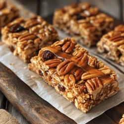 - 2 cups rolled oats - 1 cup pecans, roughly chopped - 1/2 cup honey or pure maple syrup - 1/4 cup coconut oil, melted and slightly cooled - 1/2 teaspoon pure vanilla extract - 1/4 teaspoon sea salt - 1/2 cup dried cranberries or raisins - 1/4 cup mini chocolate chips (optional) When I make these Maple Pecan Granola Bars, I love the rich flavors that come from simple ingredients. Rolled oats form the base. They give the bars a hearty texture. Pecan nuts add a sweet, nutty crunch. You can also use walnuts or almonds if you prefer. The choice between honey and maple syrup can change the taste. Honey gives a floral note, while maple syrup adds a warm, caramel-like flavor. Coconut oil keeps the bars moist and helps them hold together. Vanilla extract brings out the flavors in each bite. A pinch of sea salt balances the sweetness nicely. Dried cranberries or raisins add a fruity kick. If you have a sweet tooth, mini chocolate chips can make them extra special. These ingredients combine to make a snack that is both healthy and delicious. You can easily find them at your local grocery store. If you want the full recipe, check out the details above! - Preheat the oven to 350°F (175°C). - Line an 8x8 inch baking dish with parchment paper. Start by getting your oven nice and warm. Preheating helps the bars bake evenly. Next, take a square baking dish and line it with parchment paper. Leave some paper hanging over the edges. This makes it easy to lift out the bars later. - Mix rolled oats, chopped pecans, and sea salt in a bowl. In a big bowl, add the rolled oats, chopped pecans, and sea salt. Use a spoon to stir them well. This mix gives your bars a crunchy and tasty base. The salt enhances all the sweet flavors you’ll add later. - Combine honey or maple syrup, coconut oil, and vanilla extract in a separate bowl. Grab another bowl. Pour in the honey or maple syrup, melted coconut oil, and vanilla extract. Whisk them together until you see a smooth mix. This part adds sweetness and moisture to your bars. Perfect for keeping them chewy! - Combine wet and dry ingredients, press into the baking dish, and bake for 20-25 minutes. Now, pour the wet mix over the dry mix. Stir it all together until every oat and nut is coated. Now, fold in your dried cranberries or raisins if you like. Press this mixture firmly into your lined baking dish. Making it compact helps the bars hold their shape. Slide the dish into your preheated oven and bake for about 20-25 minutes. Look for a golden brown color on the edges. When done, let them cool a bit before cutting. For the full recipe, check out the details above! Pressing the mixture firmly is key. This helps the bars hold together. Use your hands or a spatula to compact the mixture in the baking dish. After baking, let the bars cool for about 10 minutes in the pan. This cooling time helps them set before you cut them. Store your granola bars in an airtight container. This keeps them fresh and prevents them from getting stale. They stay good for about one week at room temperature. For longer storage, consider freezing them. For gatherings, arrange the bars on a rustic wooden board. Add a sprinkle of whole pecans and drizzle maple syrup on top for a beautiful presentation. Pair them with tea or coffee for a delightful snack, or enjoy them with yogurt for a healthy breakfast option. {{image_4}} You can easily change the nuts and seeds in your granola bars. If you want a different taste, try using walnuts or almonds instead of pecans. These nuts add unique flavors and textures. You can also add seeds like chia or sunflower seeds. They boost nutrition and add a nice crunch. Seeds are great for extra fiber and healthy fats. To make your bars even tastier, consider adding spices. A sprinkle of cinnamon or nutmeg can change the whole flavor. These spices add warmth and depth. You can also try adding extracts, like almond or maple. A few drops of these will enhance the sweet and nutty notes. This small change can create a whole new experience. If you need gluten-free snacks, you can make simple swaps. Instead of regular oats, choose gluten-free oats. They work just as well in this recipe. Make sure to check the labels to ensure they are certified gluten-free. This way, everyone can enjoy the deliciousness of your maple pecan granola bars. For the full recipe, check out the details provided earlier. Store your maple pecan granola bars in an airtight container. I prefer using glass jars or plastic bins. These keep the bars fresh and prevent them from getting stale. Before you place them in the container, let the bars cool completely. This step is key. It stops moisture from building up and keeps your bars crisp. Freezing is a great way to keep your granola bars for a longer time. To freeze, cut the bars into pieces first. Then, wrap each piece in plastic wrap or parchment paper. Place them in a freezer-safe bag or container. This keeps them from sticking together. When you want to enjoy a bar, take it out and let it thaw. Place it in the fridge for a few hours or on the counter for about 30 minutes. This way, you’ll get the best taste and texture. For more ideas on how to make these bars even better, check the Full Recipe. You can use various sugars, syrups, or sweeteners. Maple syrup works great. Agave nectar is another option. If you prefer granulated sugar, use a 1:1 ratio. Just remember, each sweetener may change the flavor slightly. To keep granola bars together, press the mixture down firmly. Use your hands or a spatula. Ensure you have the right ingredient ratios. Too much dry ingredient can lead to crumbling. Yes, you can make these bars vegan! Substitute honey with pure maple syrup or agave syrup. For coconut oil, use vegan butter or applesauce. These swaps keep the bars plant-based and delicious. Homemade granola bars last about a week when stored properly. Keep them in an airtight container at room temperature. For longer freshness, refrigerate them. You can freeze them for up to three months. You can use quick oats, but the texture will change. Quick oats create a softer bar. Rolled oats give more chewiness and structure. If you like a heartier bite, stick with rolled oats. This blog showed you how to make tasty, homemade granola bars. We covered ingredients, simple steps, and handy tips for the best results. You learned about variations to fit your taste and storage methods to keep them fresh. In the end, making your own bars can save money and let you control flavors. With a bit of practice, you’ll create the perfect snack that’s healthy and fun. Enjoy your homemade granola bars!