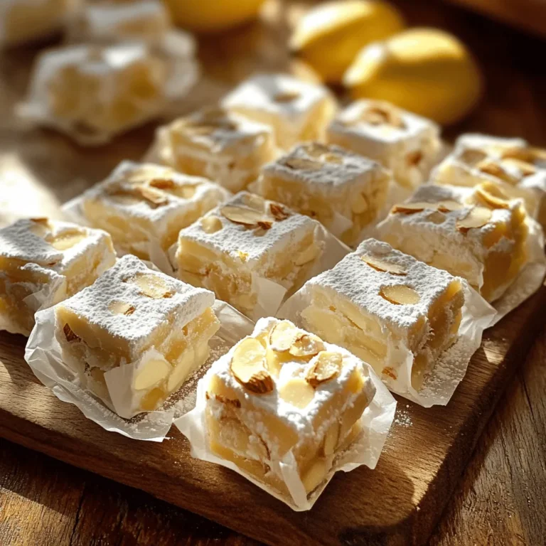 - 2 cups raw almonds - 1 cup honey - 1 cup granulated sugar - 2 large egg whites - 1 teaspoon vanilla extract - 1/4 teaspoon salt - Zest of 1 lemon - Edible rice paper Soft Italian torrone is a sweet treat made with simple ingredients. The key ingredient is raw almonds, which give torrone its nutty flavor. You want to use fresh almonds for the best taste. Honey adds a rich sweetness and helps bind the ingredients. Granulated sugar is also important. It creates the right texture and helps the torrone set. Next, egg whites are vital. They provide lightness and airy texture. Whipping the egg whites adds volume. Vanilla extract gives a warm, sweet flavor. A touch of salt balances the sweetness. Finally, lemon zest adds a bright note to the dish. You also need edible rice paper to line your pan. It prevents sticking and adds a unique touch. Make sure to have all these ingredients ready before you start. This will make your cooking process smooth and fun. For the full recipe, check out the details above! - Toasting the almonds: Preheat your oven to 350°F (175°C). Spread 2 cups of raw almonds evenly on a baking sheet. Toast them for 10-12 minutes until golden brown and fragrant. Let them cool and then chop coarsely. - Making the sugar syrup: In a medium saucepan, mix 1 cup of honey and 1 cup of granulated sugar. Heat the mixture over medium heat. Stir until the sugar dissolves. Use a candy thermometer to check the temperature. Wait until it reaches 250°F (121°C), the hard-ball stage. - Whipping egg whites: In a large bowl, add 2 large egg whites. Use an electric mixer on high speed to whip them until they form stiff peaks. Once you see peaks, add 1/4 teaspoon of salt and 1 teaspoon of vanilla extract. Whip for one more minute. - Combining syrup with egg whites: Carefully pour the hot sugar syrup into the whipped egg whites. Do this slowly while you mix. Keep mixing for 5-10 minutes. The mixture will thicken and look glossy. - Folding in almonds and zest: Gently fold in the toasted almonds and zest of 1 lemon. Make sure they are spread evenly in the fluffy mixture. - Transferring to the pan and setting: Line a 9x9 inch baking dish with edible rice paper. Pour the torrone mixture into the dish and spread it evenly. Top it with another layer of rice paper. Let it cool at room temperature for 6-8 hours, or overnight for the best texture. This step-by-step guide will lead you to make soft Italian torrone at home with ease. For more detailed instructions, check the Full Recipe. To make soft Italian torrone, using a candy thermometer is key. It helps you track the sugar syrup's temperature. When the syrup hits about 250°F (121°C), you reach the hard-ball stage. This is the sweet spot for the right texture. If you skip this step, your torrone might be too hard or too soft. Cooling time is just as important. Once you pour the mixture into the pan, let it cool at room temperature. I recommend letting it rest overnight. This longer cooling time allows the torrone to firm up properly. If you cut it too soon, it may fall apart. When serving soft Italian torrone, presentation matters. Place the pieces on a decorative platter to catch the eye. You can garnish with a sprig of fresh mint or dust them with powdered sugar. Both options add a nice pop of color and a touch of elegance. For a fun twist, consider pairing your torrone with dessert wines or coffee. This combination enhances the flavors and adds to the experience. You can also wrap pieces in colorful paper for gifts. Everyone loves a sweet treat, especially one that's beautifully presented. {{image_4}} You can make your soft Italian torrone even more exciting. One way is by adding different nuts. Hazelnuts and pistachios are great choices. They add unique flavors and textures. You can also mix in some of your favorite nuts. This creates a fun twist on the classic recipe. Another way to enhance the flavor is to use extracts. Almond extract gives a warm, nutty taste. Orange extract adds a fresh, zesty note. Just a small amount can make a big difference. Experiment with different flavors to find what you love best! Pairing your soft Italian torrone with drinks can elevate the experience. Dessert wines like Moscato or Vin Santo match well with the sweetness. If you prefer coffee, a rich espresso is a perfect choice. The bold flavors of the coffee balance the sweetness of the torrone. You can also create beautiful gift packages with your torrone. Slice it into squares and wrap them in pretty paper. Add a ribbon for a special touch. These homemade treats make great gifts for friends and family. They are sure to impress anyone who receives them! For the full recipe, check out the complete instructions to get started on this delightful treat! To keep your Soft Italian Torrone fresh, use an airtight container. This prevents air from making it dry. You can also wrap it in plastic wrap before placing it in the container. Avoid using metal containers, as they can affect the taste. Store the torrone in a cool, dry place. Humid air can make the torrone sticky. If possible, keep it away from direct sunlight. This will help maintain its perfect texture. Soft Italian Torrone can last up to three weeks if stored properly. If you keep it in the fridge, it can last a little longer, about four weeks. However, the texture may change slightly. Watch for signs of spoilage. If you see any mold or a change in color, it’s best to throw it away. If the torrone feels very hard or dry, it may not taste good. Always check it before serving. Soft Italian torrone is a chewy candy made with nuts and sugar. It has a light and airy texture, thanks to the whipped egg whites. The flavors blend sweet honey, vanilla, and zesty lemon. The toasted almonds give a nice crunch. It’s a treat enjoyed during holidays or special occasions. Yes, you can make soft torrone without egg whites. Use aquafaba, the liquid from canned chickpeas, as an alternative. Whip aquafaba just like egg whites. It will give a similar fluffy texture. Some recipes even use gelatin for firmness. Experiment with these options to find what you like best. You can find soft Italian torrone in local Italian markets. Many grocery stores carry it during holidays. If you prefer online shopping, check sites like Amazon or specialty food retailers. They often have various brands and flavors to choose from. To check if your torrone is set, gently press the surface with your finger. If it feels firm and springs back, it's ready. You can also use a knife to cut a small piece. If it holds its shape, it has set well. Allow it to cool for at least six hours for the best texture. Making Soft Italian Torrone is a fun and rewarding process. We covered the key ingredients, like almonds, honey, and egg whites, that make this treat unique. Through step-by-step instructions, you learned to create the perfect base and assemble your sweet creation. We shared tips for the right texture and elegant presentation ideas. Remember, variations can elevate your torrone even more. Proper storage helps keep it fresh for longer. Now, it’s time to enjoy your delicious results and impress friends and family with your homemade treat!
