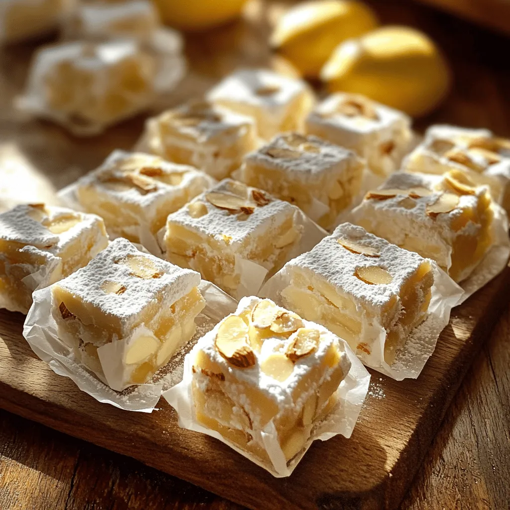 - 2 cups raw almonds - 1 cup honey - 1 cup granulated sugar - 2 large egg whites - 1 teaspoon vanilla extract - 1/4 teaspoon salt - Zest of 1 lemon - Edible rice paper Soft Italian torrone is a sweet treat made with simple ingredients. The key ingredient is raw almonds, which give torrone its nutty flavor. You want to use fresh almonds for the best taste. Honey adds a rich sweetness and helps bind the ingredients. Granulated sugar is also important. It creates the right texture and helps the torrone set. Next, egg whites are vital. They provide lightness and airy texture. Whipping the egg whites adds volume. Vanilla extract gives a warm, sweet flavor. A touch of salt balances the sweetness. Finally, lemon zest adds a bright note to the dish. You also need edible rice paper to line your pan. It prevents sticking and adds a unique touch. Make sure to have all these ingredients ready before you start. This will make your cooking process smooth and fun. For the full recipe, check out the details above! - Toasting the almonds: Preheat your oven to 350°F (175°C). Spread 2 cups of raw almonds evenly on a baking sheet. Toast them for 10-12 minutes until golden brown and fragrant. Let them cool and then chop coarsely. - Making the sugar syrup: In a medium saucepan, mix 1 cup of honey and 1 cup of granulated sugar. Heat the mixture over medium heat. Stir until the sugar dissolves. Use a candy thermometer to check the temperature. Wait until it reaches 250°F (121°C), the hard-ball stage. - Whipping egg whites: In a large bowl, add 2 large egg whites. Use an electric mixer on high speed to whip them until they form stiff peaks. Once you see peaks, add 1/4 teaspoon of salt and 1 teaspoon of vanilla extract. Whip for one more minute. - Combining syrup with egg whites: Carefully pour the hot sugar syrup into the whipped egg whites. Do this slowly while you mix. Keep mixing for 5-10 minutes. The mixture will thicken and look glossy. - Folding in almonds and zest: Gently fold in the toasted almonds and zest of 1 lemon. Make sure they are spread evenly in the fluffy mixture. - Transferring to the pan and setting: Line a 9x9 inch baking dish with edible rice paper. Pour the torrone mixture into the dish and spread it evenly. Top it with another layer of rice paper. Let it cool at room temperature for 6-8 hours, or overnight for the best texture. This step-by-step guide will lead you to make soft Italian torrone at home with ease. For more detailed instructions, check the Full Recipe. To make soft Italian torrone, using a candy thermometer is key. It helps you track the sugar syrup's temperature. When the syrup hits about 250°F (121°C), you reach the hard-ball stage. This is the sweet spot for the right texture. If you skip this step, your torrone might be too hard or too soft. Cooling time is just as important. Once you pour the mixture into the pan, let it cool at room temperature. I recommend letting it rest overnight. This longer cooling time allows the torrone to firm up properly. If you cut it too soon, it may fall apart. When serving soft Italian torrone, presentation matters. Place the pieces on a decorative platter to catch the eye. You can garnish with a sprig of fresh mint or dust them with powdered sugar. Both options add a nice pop of color and a touch of elegance. For a fun twist, consider pairing your torrone with dessert wines or coffee. This combination enhances the flavors and adds to the experience. You can also wrap pieces in colorful paper for gifts. Everyone loves a sweet treat, especially one that's beautifully presented. {{image_4}} You can make your soft Italian torrone even more exciting. One way is by adding different nuts. Hazelnuts and pistachios are great choices. They add unique flavors and textures. You can also mix in some of your favorite nuts. This creates a fun twist on the classic recipe. Another way to enhance the flavor is to use extracts. Almond extract gives a warm, nutty taste. Orange extract adds a fresh, zesty note. Just a small amount can make a big difference. Experiment with different flavors to find what you love best! Pairing your soft Italian torrone with drinks can elevate the experience. Dessert wines like Moscato or Vin Santo match well with the sweetness. If you prefer coffee, a rich espresso is a perfect choice. The bold flavors of the coffee balance the sweetness of the torrone. You can also create beautiful gift packages with your torrone. Slice it into squares and wrap them in pretty paper. Add a ribbon for a special touch. These homemade treats make great gifts for friends and family. They are sure to impress anyone who receives them! For the full recipe, check out the complete instructions to get started on this delightful treat! To keep your Soft Italian Torrone fresh, use an airtight container. This prevents air from making it dry. You can also wrap it in plastic wrap before placing it in the container. Avoid using metal containers, as they can affect the taste. Store the torrone in a cool, dry place. Humid air can make the torrone sticky. If possible, keep it away from direct sunlight. This will help maintain its perfect texture. Soft Italian Torrone can last up to three weeks if stored properly. If you keep it in the fridge, it can last a little longer, about four weeks. However, the texture may change slightly. Watch for signs of spoilage. If you see any mold or a change in color, it’s best to throw it away. If the torrone feels very hard or dry, it may not taste good. Always check it before serving. Soft Italian torrone is a chewy candy made with nuts and sugar. It has a light and airy texture, thanks to the whipped egg whites. The flavors blend sweet honey, vanilla, and zesty lemon. The toasted almonds give a nice crunch. It’s a treat enjoyed during holidays or special occasions. Yes, you can make soft torrone without egg whites. Use aquafaba, the liquid from canned chickpeas, as an alternative. Whip aquafaba just like egg whites. It will give a similar fluffy texture. Some recipes even use gelatin for firmness. Experiment with these options to find what you like best. You can find soft Italian torrone in local Italian markets. Many grocery stores carry it during holidays. If you prefer online shopping, check sites like Amazon or specialty food retailers. They often have various brands and flavors to choose from. To check if your torrone is set, gently press the surface with your finger. If it feels firm and springs back, it's ready. You can also use a knife to cut a small piece. If it holds its shape, it has set well. Allow it to cool for at least six hours for the best texture. Making Soft Italian Torrone is a fun and rewarding process. We covered the key ingredients, like almonds, honey, and egg whites, that make this treat unique. Through step-by-step instructions, you learned to create the perfect base and assemble your sweet creation. We shared tips for the right texture and elegant presentation ideas. Remember, variations can elevate your torrone even more. Proper storage helps keep it fresh for longer. Now, it’s time to enjoy your delicious results and impress friends and family with your homemade treat!