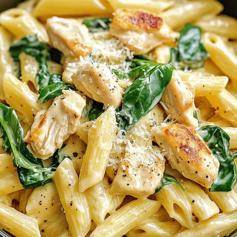 - 2 tablespoons extra virgin olive oil - 1 pound boneless, skinless chicken breasts - 1 cup low-sodium chicken broth - 8 ounces pasta (penne or fusilli) - 1 teaspoon garlic powder - 1 teaspoon onion powder - 1/2 teaspoon smoked paprika - Salt and freshly cracked black pepper to taste - 1 cup heavy cream (or coconut milk) - 1 cup fresh spinach, roughly chopped - 1/2 cup grated Parmesan cheese (or nutritional yeast) - Fresh basil leaves for garnish To make Instant Pot Creamy Chicken Pasta, start with fresh ingredients. The chicken adds protein and flavor. Olive oil helps create a nice sear. The broth adds depth to the dish. I love using penne or fusilli for their ability to hold sauce well. Next, seasonings transform this meal. Garlic and onion powders bring a warm base. Smoked paprika adds a hint of smokiness. Salt and pepper allow you to adjust the taste to your liking. For creaminess, heavy cream works wonders. If you prefer a lighter option, coconut milk is great too. Spinach not only adds color but also nutrition. Parmesan cheese gives the sauce a rich finish. You can use nutritional yeast for a dairy-free option. Finally, fresh basil leaves add a pop of flavor and brightness. This recipe is all about balance and flavor. You will love the way these ingredients come together in the Instant Pot. For the full recipe, check out the detailed steps to create this delicious meal. - Start by dicing the chicken into bite-sized pieces. This helps with even cooking. - Next, measure out your seasonings and liquids. You will need garlic powder, onion powder, smoked paprika, and chicken broth. - Set your Instant Pot to 'Sauté' mode. Add the olive oil and let it heat. - Once hot, add the diced chicken. Sprinkle on the garlic powder, onion powder, smoked paprika, salt, and pepper. Cook this for about 4-5 minutes. - Now, pour in the chicken broth. Use a wooden spoon to scrape any bits from the pot. This adds flavor and stops sticking. - Stir in the uncooked pasta and the heavy cream. Make sure the pasta is covered with liquid. - Secure the lid on the Instant Pot. Set the steam vent to 'Sealing'. - Cancel 'Sauté' mode. Choose 'Manual' or 'Pressure Cook' on high for 6 minutes. - When the time is up, do a quick release by moving the valve to 'Venting'. - After the steam is gone and it’s safe, open the lid. Stir in the chopped spinach and grated Parmesan cheese. Mix well until the spinach wilts and cheese melts. - Taste your dish and adjust seasoning with more salt or pepper as needed. - Serve your creamy chicken pasta right away. Add fresh basil leaves on top for a bright touch. For the full recipe, check the complete guide to making this delightful dish! To make the best Instant Pot creamy chicken pasta, choose the right pasta. I recommend penne or fusilli. They hold sauce well and cook evenly. If you like a little heat, add red pepper flakes. Start with a pinch and taste as you go. You can always add more spice! Understanding pressure release is key. There are two methods: quick release and natural release. For quick release, carefully turn the valve to vent. This lets steam out fast. For natural release, just wait until the pressure drops on its own. Always check if the lid is sealed. It should fit tight to avoid any mess. To make your meal shine, serve with a simple side salad. A crisp green salad adds great crunch. Garlic bread is another tasty option. Pair this dish with a light white wine like Pinot Grigio. It complements the creamy sauce beautifully. For the full recipe, check out the Instant Pot creamy chicken pasta delight! {{image_4}} You can easily adjust this dish to fit your diet. For a dairy-free option, use coconut milk instead of heavy cream. It adds a nice sweetness and creaminess without dairy. If you need gluten-free pasta, choose gluten-free penne or fusilli. Many brands make great gluten-free options that cook well in the Instant Pot. Want to enhance the taste? Consider adding sun-dried tomatoes or bell peppers. They bring a burst of flavor and color. Fresh herbs like thyme or rosemary also work wonders. Just a sprinkle can elevate your dish to a new level. If you're in the mood for something different, swap the chicken for shrimp or tofu. These options cook quickly and add a unique twist. For a vegetarian meal, try using chickpeas instead of chicken. They add protein and a nice texture while keeping the dish filling. Explore these variations to make your meal truly yours. For the complete recipe, check out the Full Recipe link. To keep your Instant Pot Creamy Chicken Pasta fresh, follow these steps: - Refrigerate leftovers within two hours of cooking. - Use airtight containers to prevent moisture loss. Proper storage helps maintain flavor and texture. You can enjoy this dish for up to three days in the fridge. When you want to enjoy your leftovers, here are the best ways to reheat them: - Microwave reheating: Place your pasta in a microwave-safe bowl. Cover it with a damp paper towel. Heat in short bursts, stirring in between. This keeps the pasta moist. - Stovetop reheating: Heat a skillet over medium-low heat. Add a splash of chicken broth or cream. Stir in your pasta and mix until heated through. These methods keep your pasta creamy and delicious! If you want to save some pasta for later, freezing is a great option: - Freezing portions: Divide the pasta into meal-sized portions. Place them in airtight freezer bags. Remove as much air as possible before sealing. - Thawing methods: To thaw, place the bag in the fridge overnight. For a quicker method, run it under cold water. You can also use the microwave's defrost setting if you're in a hurry. Freezing helps extend the shelf life, allowing you to enjoy this dish on busy days! It takes about 30 minutes total. This includes 10 minutes for prep and 20 minutes for cooking. The cooking time for the pasta is just 6 minutes under pressure. The Instant Pot heats quickly, which makes this meal fast and easy. Yes, you can use frozen chicken. Just add a few extra minutes to the cooking time. If you use chicken that is frozen solid, I suggest cutting it into smaller pieces. This helps it cook more evenly. Always check that the chicken reaches 165°F for safety. If you want a lighter option, try using coconut milk. It gives a similar richness. You can also use cashew cream or almond milk for a dairy-free choice. These options keep the dish creamy without the heaviness of heavy cream. This blog post covered a tasty Instant Pot Creamy Chicken Pasta recipe. We explored the main ingredients, seasonings, and how to create a creamy base with fresh greens. I explained step-by-step instructions, plus tips for perfect texture and flavor. We also looked at variations, storage info, and answered some FAQs. Cooking this dish is easy and fun. Try it out for a quick, satisfying meal!