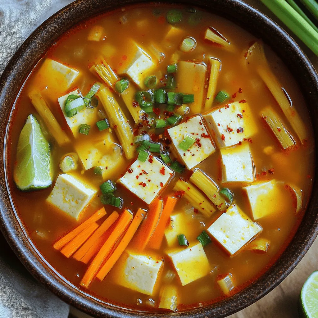 - 6 cups vegetable broth - 1 cup bamboo shoots, sliced - 1 cup mushrooms, sliced (shiitake or button) - 1 cup firm tofu, cubed - 1/2 cup carrots, julienned - 1/4 cup green onions, chopped (set aside some for garnish) Hot and sour soup starts with a rich base. I love using vegetable broth for a deep flavor. Bamboo shoots add a nice crunch, while mushrooms bring umami. Tofu gives it a hearty touch. Carrots add sweetness and color. Green onions add a fresh bite. - 1/4 cup rice vinegar - 2 tablespoons soy sauce (use tamari for a gluten-free option) - 1 tablespoon cornstarch mixed with 2 tablespoons water (for thickening slurry) - 1 tablespoon sesame oil - 1 teaspoon minced fresh ginger - 1 teaspoon minced garlic - 1-2 teaspoons crushed red pepper flakes (adjust according to your spice preference) - Salt and pepper to taste Seasonings really make this soup shine. Rice vinegar gives it a tangy kick. Soy sauce adds depth, while sesame oil brings a nutty flavor. Ginger and garlic provide warmth. Crushed red pepper flakes bring the heat. Adjust these spices to match your taste. - 2 eggs, lightly beaten (optional, for added richness) - Garnishing green onions If you want a richer soup, add beaten eggs. They create lovely ribbons in the broth. Top the soup with more green onions for a fresh finish. This step makes the dish even more inviting. For the full recipe, check out the detailed instructions on how to bring these ingredients together into a warm, comforting bowl of hot and sour goodness. To start your hot and sour soup, heat sesame oil in a large pot over medium heat. Once hot, add minced ginger and garlic. Sauté these for one minute. The smell will fill your kitchen and get your taste buds excited. Next, pour in six cups of vegetable broth. Raise the heat slightly to bring it to a gentle simmer. Add sliced bamboo shoots, mushrooms, and julienned carrots. Let the soup simmer for five to seven minutes. You want the veggies to be tender but still bright. Then, gently add cubed tofu. Give it two to three minutes to warm through. In a small bowl, whisk together rice vinegar, soy sauce, and crushed red pepper flakes. Gradually pour this mix into the simmering soup. Stir well to blend all the flavors. Taste the soup. Add salt and pepper as needed. To thicken your soup, slowly drizzle in the cornstarch slurry, stirring as you go. Keep stirring for one more minute until it thickens to your liking. If you want, you can add lightly beaten eggs now, stirring in circles. This makes lovely egg ribbons. Lastly, sprinkle in chopped green onions, saving some for a pretty garnish. Remove the pot from heat and enjoy your hot and sour soup! For the full recipe, check out the detailed steps above. To make hot and sour soup just right for you, adjust the crushed red pepper flakes. Start with one teaspoon if you prefer a milder soup. Taste the broth and add more if you want extra heat. This way, you control the spice level to match your taste. You can boost flavor by adding more spices or ingredients. Try adding a pinch of white pepper for a slight kick. Adding a splash of soy sauce can deepen the umami flavor. You can also mix in some fresh herbs like cilantro or basil before serving for a pop of freshness. Serving hot and sour soup well makes it even more enjoyable. Ladle the soup into warm bowls for a cozy feel. Top each bowl with green onions and a sprinkle of additional crushed red pepper flakes. For an extra touch, serve lime wedges on the side. A squeeze of lime adds fresh, tangy notes just before eating. {{image_4}} Hot and sour soup is easy to make plant-based. You can swap meat-based broth for vegetable broth. This keeps the soup light and fresh. Use tofu as your main protein. Firm tofu adds texture, while silken tofu gives a creamier feel. If you want more veggies, add in snow peas or bell peppers. They bring color and crunch. You can leave out the eggs for a vegan choice. This keeps the soup rich in flavor without animal products. To boost the taste, consider adding a splash of lime juice. It brightens the soup and adds zest. You can also try miso paste. This gives a deep umami taste. If you love spice, add more crushed red pepper flakes. For a smoky twist, drizzle in some smoked sesame oil. Each of these additions can transform the dish while keeping it simple. Don’t be afraid to experiment until you find your favorite blend. Different areas have unique styles of hot and sour soup. In some regions, they add wood ear mushrooms for a chewy texture. Others might include shrimp for a seafood flair. Some recipes use a thicker broth, while others focus on a clear soup base. In Thailand, you might find lemongrass or kaffir lime leaves for an herbaceous twist. Each variant brings its own character, making hot and sour soup a truly global dish. For a full recipe, check the detailed steps shared earlier. To keep your hot and sour soup fresh, store it in an airtight container. Let the soup cool to room temperature first. Once cooled, seal it tightly and place it in the fridge. Hot and sour soup can last for about 3 to 4 days in the fridge. Make sure to label the container with the date for easy reference. To reheat your hot and sour soup, use a pot on the stovetop. Heat it on medium until it simmers. Stir the soup occasionally to heat evenly. If you prefer, you can also use a microwave. Pour the soup into a microwave-safe bowl, cover it with a lid, and heat for 1-2 minutes. Stir halfway through to ensure even warming. Yes, you can freeze hot and sour soup! To do this, let it cool completely. Then, pour the soup into freezer-safe bags or containers. Remove as much air as possible before sealing. Hot and sour soup can stay fresh in the freezer for up to 2-3 months. When you're ready to eat, thaw it in the fridge overnight. Reheat it on the stove or in the microwave before serving. Feel free to check out the Full Recipe for more details on making this delicious dish! Hot and sour soup is a classic Chinese dish. It combines spicy and tangy flavors. Traditionally, it features ingredients like mushrooms, bamboo shoots, and tofu. The soup is thickened with cornstarch, giving it a smooth texture. This dish warms you up on chilly days. Yes, you can use chicken or beef broth. It adds a different flavor to the soup. The choice depends on your taste. If you want a richer taste, try chicken broth. For a heartier taste, beef broth works well. Just ensure your other ingredients match the broth you choose. To make hot and sour soup gluten-free, use gluten-free soy sauce, like tamari. Many brands offer this option. You can also use coconut aminos as a soy sauce substitute. Always check labels for hidden gluten. Additionally, avoid using regular cornstarch if you have gluten issues. Hot and sour soup pairs well with fried rice or spring rolls. These dishes complement its bold flavors. You could also serve it with dumplings for a delightful meal. Consider a light salad to balance the meal. Each of these options enhances your dining experience. For the full recipe, check out the "Fiery & Tangy Hot and Sour Soup" section. This blog post covered how to make delicious hot and sour soup. We discussed the main ingredients, seasonings, and optional add-ins that create a rich flavor. I walked you through step-by-step instructions for preparing, building, and finishing your soup. We also shared tips to adjust spice levels and enhance flavor. Lastly, we explored variations, storage info, and answered common questions. You can easily customize this dish to your taste. Enjoy your cooking adventure!