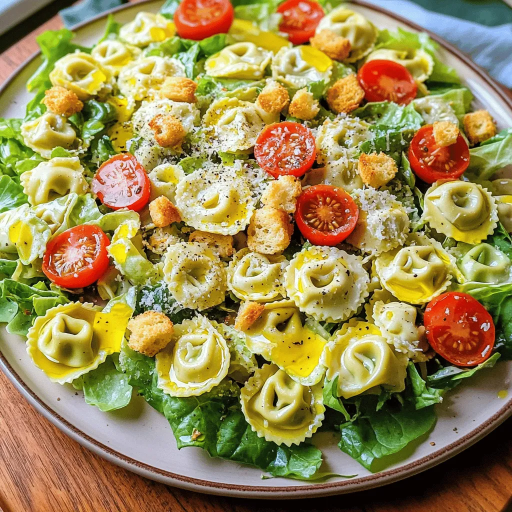 - 1 package (9 oz) cheese tortellini - 4 cups romaine lettuce, chopped into bite-sized pieces - 1 cup cherry tomatoes, halved - ½ cup parmesan cheese, freshly grated - ¼ cup Caesar dressing - ¼ cup croutons (optional) Selecting the Best Tortellini When choosing cheese tortellini, look for fresh pasta. It should feel soft and have a rich flavor. Check the packaging for quality. If possible, buy from local markets or trusted brands. Fresh vs. Store-bought Dressing Fresh dressing can boost flavor. Making it at home allows you to control ingredients. Store-bought can save time. Pick a brand you love for ease. Just make sure it’s creamy and rich. Adding Protein: Chicken, Shrimp, or Tofu For more protein, add grilled chicken, shrimp, or tofu. Cook them separately and toss them in with the salad. This adds heartiness and makes it more filling. Substitutes for Caesar Dressing If you want a twist, try ranch or blue cheese dressing. These dressings offer different flavors while still pairing well with tortellini. Experiment to find your favorite! Different Cheese Options While parmesan is classic, try alternatives like feta or goat cheese. These cheeses add unique flavors and textures. Mix and match to suit your taste. - How to Boil the Tortellini To start, fill a large pot with water. Add a pinch of salt. Bring the water to a boil. Carefully add the cheese tortellini to the pot. Cook them for 3-5 minutes or until they float. When done, drain them in a colander. - Cooling the Tortellini Rinse the tortellini under cold water. This step stops the cooking process and cools them down. Set aside for later use in your salad. - Chopping Romaine Lettuce While the tortellini cooks, wash the romaine lettuce. Chop it into bite-sized pieces. Make sure the leaves are fresh and crisp for a great texture. - Halving Cherry Tomatoes Next, take your cherry tomatoes and slice them in half. Place them aside for later. These will add a burst of flavor to your salad. - Mixing Ingredients for Flavor In a medium bowl, whisk together the Caesar dressing, olive oil, and garlic powder. Add a pinch of freshly ground black pepper. This mixing adds a nice flavor boost. - Adjusting Dressing Consistency If you prefer a thinner dressing, add a little more olive oil. Taste and adjust as necessary to make it perfect for your salad. - Tossing the Salad In a large mixing bowl, add the cooled tortellini, chopped romaine, and halved cherry tomatoes. Drizzle the dressing over the top. Gently toss everything together until well mixed. - Ensuring Even Distribution of Dressing Make sure all the ingredients are coated with the dressing. This step helps to ensure every bite is tasty and full of flavor. - Presentation Ideas Serve the salad on a large platter or in individual bowls. This way, it looks inviting. Drizzle a bit of extra Caesar dressing on top for shine. - Garnishing Tips For that finishing touch, sprinkle more parmesan cheese on top. Add a dash of freshly cracked black pepper. This not only enhances flavor but also adds visual appeal. For the complete recipe, refer to the [Full Recipe]. - Avoiding Overcooking: To keep your tortellini firm, cook them just until they float. This usually takes 3-5 minutes. Remove them from heat as soon as they rise. - Enhancing Flavor with Salt: Always salt your boiling water. This adds flavor to your tortellini. Use about a tablespoon of salt for every four quarts of water. - How to Use Homemade vs. Store-bought: Homemade dressing tastes fresh and bright. Store-bought is quick and easy. Use what works for you. Both can be delicious in this salad. - Infusing Extra Flavor: Add a squeeze of fresh lemon juice to your dressing. This brightens the flavors and adds a zesty touch. You can also mix in some minced garlic or fresh herbs. - Arranging Ingredients Appealingly: Place the romaine lettuce first on your platter. Scatter the tortellini and tomatoes on top. This creates layers of color. - Creating an Eye-Catching Platter: Drizzle extra Caesar dressing over the top. Add a sprinkle of fresh herbs for a pop of color. This makes your salad look more inviting. For more ideas, check out the Full Recipe. {{image_4}} For your Cheese Tortellini Caesar Salad, you can choose between creamy and vinaigrette dressings. Creamy dressings add a rich taste, while vinaigrettes offer a zesty kick. If you want a lighter option, try a vinaigrette. It brightens the dish and pairs well with tortellini. You can also add seasonal vegetables. Fresh veggies like bell peppers, cucumbers, or zucchini bring color and crunch. They offer vitamins and make your salad more filling. Feel free to experiment based on what you have at home or what’s in season. If gluten is a concern, look for gluten-free tortellini. Many brands now offer this option, making it easy to enjoy the dish. Check the labels to ensure they fit your diet. For a vegan-friendly alternative, swap the cheese tortellini for a plant-based version. You can also use a vegan Caesar dressing. This way, you can enjoy the flavors without animal products. Want a little kick? Add spicy ingredients like jalapeños to your salad. They give a nice heat that contrasts with the creamy dressing. Just slice them thin and toss them in; you’ll love the flavor boost. Incorporating fresh herbs can also enhance your dish. Try adding basil, parsley, or even dill. These herbs brighten the salad and add layers of flavor. Plus, they make the dish look even more inviting. For the full recipe, check out [Full Recipe]. To keep your Cheese Tortellini Caesar Salad fresh, store it in the fridge. Use an airtight container to prevent moisture loss and keep flavors intact. It’s best to separate the dressing from the salad if you plan to store leftovers. This keeps the lettuce crisp and avoids sogginess. You can keep the salad for up to three days. After that, the tortellini and lettuce may lose their great texture. Always check for any signs of spoilage before eating. If you have leftover tortellini, you can reheat it easily. Place it in a pot with a little water over low heat. Stir gently to warm it through. This method helps keep the tortellini soft and tender. For the salad, it’s best not to heat it. The lettuce will wilt, and the salad will lose its crunch. If you prefer warm salad, try serving it with warm tortellini but add the fresh ingredients just before eating. You can freeze the tortellini if you want to save some for later. Just cook and cool it first. Place it in a freezer-safe bag or container. It will stay good for about three months. Other salad ingredients do not freeze well. Lettuce and tomatoes will become mushy when thawed. If you want to enjoy this dish later, freeze only the tortellini. When you’re ready to eat, thaw it overnight in the fridge. Warm it up, then mix it with fresh ingredients for the best flavor. This salad is quick to make. It takes about 15 minutes to prep. Cooking the cheese tortellini adds another 5 minutes. So, you can have the salad ready in about 25 minutes. Perfect for a busy day or a quick meal! Yes, you can change the cheese! Try mozzarella for a milder flavor. Feta cheese adds a salty touch. Goat cheese can make it creamy and rich. Mix and match to find your favorite taste! Absolutely! This salad is great for meal prep. Make a big batch and store it in the fridge. Just keep the dressing separate until you are ready to eat. This way, the salad stays fresh and crunchy. For extra crunch, think about adding nuts! Chopped almonds or walnuts work well. You can also use crispy bacon bits or more croutons. These add texture and flavor to your salad! To keep it vegetarian, just use cheese tortellini. Skip any meat toppings. You can add more veggies like bell peppers or cucumbers. These keep it tasty and colorful without losing any flavor. For more details on how to make this dish, check out the Full Recipe! This blog post covered how to make a delicious Cheese Tortellini Caesar Salad. We looked at essential ingredients and cooking tips, highlighted variations, and offered storage advice. You can customize this salad to fit your taste or dietary needs. Whether using protein or dressing options, the choices are endless. Enjoy your salad fresh, or store it for later. Dive in, explore flavors, and make this recipe your own!