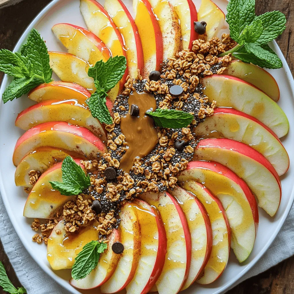- 2 large apples (e.g., Fuji or Honeycrisp) - 1/4 cup natural almond butter (or choice of peanut butter) - 1 tablespoon honey (or maple syrup for vegans) - 1/4 cup granola - 2 tablespoons mini dark chocolate chips (optional) - 1 tablespoon chia seeds or sunflower seeds - 1/2 teaspoon ground cinnamon - Fresh mint leaves for garnish (optional) The main ingredients create a strong base for your healthy apple nachos. I love using Fuji or Honeycrisp apples. They add a sweet crunch that pairs well with nut butter. Almond butter is my go-to choice, but peanut butter works just as well. If you want a vegan option, use maple syrup instead of honey. For toppings, granola adds delightful crunch and flavor. Mini dark chocolate chips give a fun treat, but they are optional. Chia seeds or sunflower seeds add extra texture and nutrition. To finish, ground cinnamon gives a warm touch, while fresh mint leaves brighten the look and flavor. With these ingredients, you can make a fun, healthy snack in no time. For the full recipe, check out Healthy Apple Nachos . - Wash and core apples, then slice into thin rounds. - Arrange apple slices on a platter. Start by washing the apples carefully. Use cold water to clean them well. Once they are clean, remove the core. This makes it easy to slice them into thin rounds. Aim for even slices to make the nachos look nice. Place the slices in a single layer on a large plate or platter. This step is key for a great presentation. - Combine almond butter and honey (or maple syrup) in a microwave-safe bowl. - Microwave for 15-20 seconds and stir until smooth. Next, grab a small, microwave-safe bowl. Add the almond butter and honey or maple syrup to it. Heat it in the microwave for 15 to 20 seconds. This warms the mixture and makes it easier to stir. After microwaving, give it a good stir until it is smooth. This creamy mix is what makes the nachos special. - Drizzle almond butter mixture over apple slices. - Sprinkle granola, chocolate chips, and seeds evenly over nachos. - Dust with ground cinnamon and garnish with mint leaves. Now comes the fun part—assembling your nachos! Drizzle the warm almond butter mixture over the apple slices. Make sure to coat them well for full flavor. After that, sprinkle your favorite granola across the apples. You can also add mini dark chocolate chips and seeds. This adds crunch and flavor. Finish by dusting everything with ground cinnamon. For a lovely touch, add fresh mint leaves on top. This not only looks good but also adds a fresh taste. For the full recipe, refer to the section above. Enjoy your healthy apple nachos! For the best healthy apple nachos, I love using Fuji or Honeycrisp apples. These varieties are sweet, crisp, and hold their shape well. When picking apples, look for ones that feel firm and heavy for their size. Check the skin; it should be smooth and shiny. Avoid any with bruises or soft spots. Fresh apples will add a nice crunch to your dish. You can adjust the sweetness in your nachos easily. If you want it sweeter, add more honey or maple syrup. If you prefer less sweetness, use less of these ingredients. You can also try alternative sweeteners like agave syrup or coconut sugar. These options can add unique flavors and keep your nachos healthy. Healthy apple nachos are great for many occasions. Serve them as a fun snack, a light dessert, or even at a party. For extra protein, pair them with yogurt or more nut butter. This makes them filling and satisfying. Set them out on a colorful platter for a beautiful display. You can always add a small bowl of almond butter or syrup on the side for dipping. {{image_4}} If you want a nut-free dish, swap almond butter for sunbutter. Sunbutter has a creamy texture and a slight sweetness that works well. You can also use cheese-based toppings. Cream cheese or ricotta adds a rich taste that pairs nicely with apples. To make this recipe vegan, use vegan chocolate chips and maple syrup. They provide sweetness without animal products. You can add plant-based toppings like shredded coconut or nuts. These toppings add flavor and texture to your apple nachos. Seasonal fruits can elevate your nachos. In summer, add fresh berries like strawberries or blueberries. For fall, sprinkle cinnamon and pumpkin spice for a festive twist. Each season offers unique flavors that keep your dish fresh and exciting. For the complete recipe, see [Full Recipe]. To keep your healthy apple nachos fresh, store any leftovers in an airtight container. This helps prevent them from getting soggy. Aim to eat them within 24 hours for the best taste and crunch. After that, the apples may lose their crispness and flavor. You can save time by pre-slicing your apples. Store them in a bowl with water and a splash of lemon juice. This keeps them from browning. You can also prepare the almond butter mixture ahead of time. Just mix the almond butter and honey, then store it in the fridge until you are ready to use it. Unfortunately, freezing prepared apple nachos isn't a great idea. The texture of the apples changes when frozen. However, if you want to freeze your ingredients, you can freeze the almond butter mixture. When you are ready to serve, thaw it in the fridge overnight and assemble your nachos fresh. I love using Fuji or Honeycrisp apples for healthy apple nachos. These apples are crisp and sweet, making them perfect for this dish. Their firm texture holds up well and gives a great crunch. You can also try Granny Smith for a tart flavor. Just pick apples that are fresh and firm. Yes, you can make healthy apple nachos without nut butter! If you want a nut-free version, try using yogurt instead. Greek yogurt adds creaminess and protein. You can also use sunflower seed butter for a nut-free option. Both alternatives still offer great taste and texture. Healthy apple nachos are best eaten right after making them. If you store leftovers, keep them in an airtight container in the fridge. They will stay fresh for about one day. The apples may get a bit soft or brown, so eat them soon for the best crunch. Absolutely! You can use maple syrup or agave syrup instead of honey. Both options work great in this recipe. They add sweetness without changing the flavor too much. Check labels if you want to keep it vegan or reduce sugar. There are many healthy toppings you can add! Here are a few ideas: - Sliced bananas - Chopped nuts (like walnuts or pecans) - Dried fruits (like raisins or cranberries) - Coconut flakes - Yogurt drizzle These toppings add fun flavors and textures. Mix and match to find your favorite combination! For the full recipe, check out the [Full Recipe]. Healthy apple nachos are a fun and tasty snack. You can make them in just ten minutes. This recipe is easy and great for kids and adults alike. - 2 large apples (like Fuji or Honeycrisp) - 1/4 cup natural almond butter (or peanut butter) - 1 tablespoon honey (or maple syrup for vegans) These apples are sweet and crisp. They provide a nice base for the toppings. Almond butter adds protein and flavor. Honey or maple syrup gives a sweet touch. - 1/4 cup granola - 2 tablespoons mini dark chocolate chips (optional) - 1 tablespoon chia seeds or sunflower seeds Granola adds crunch, while chocolate chips bring a bit of fun. Chia seeds or sunflower seeds add healthy fats and nutrients. You can mix and match these toppings based on your taste. - 1/2 teaspoon ground cinnamon - Fresh mint leaves for garnish (optional) Cinnamon enhances the flavor and adds warmth. Mint leaves can brighten the dish and make it look pretty. To see the complete recipe, check out the [Full Recipe]. Make your healthy apple nachos today! Healthy apple nachos are a fun and tasty treat. We explored their ingredients, preparation, and toppings. Fresh, crisp apples are key, and almond butter adds great flavor. You can customize sweetness, mix in seasonal fruits, or choose nut-free options. Try these nachos as a snack or party dish. They are easy to make and healthy. Enjoy your delicious creation, and don't be afraid to experiment with new toppings!