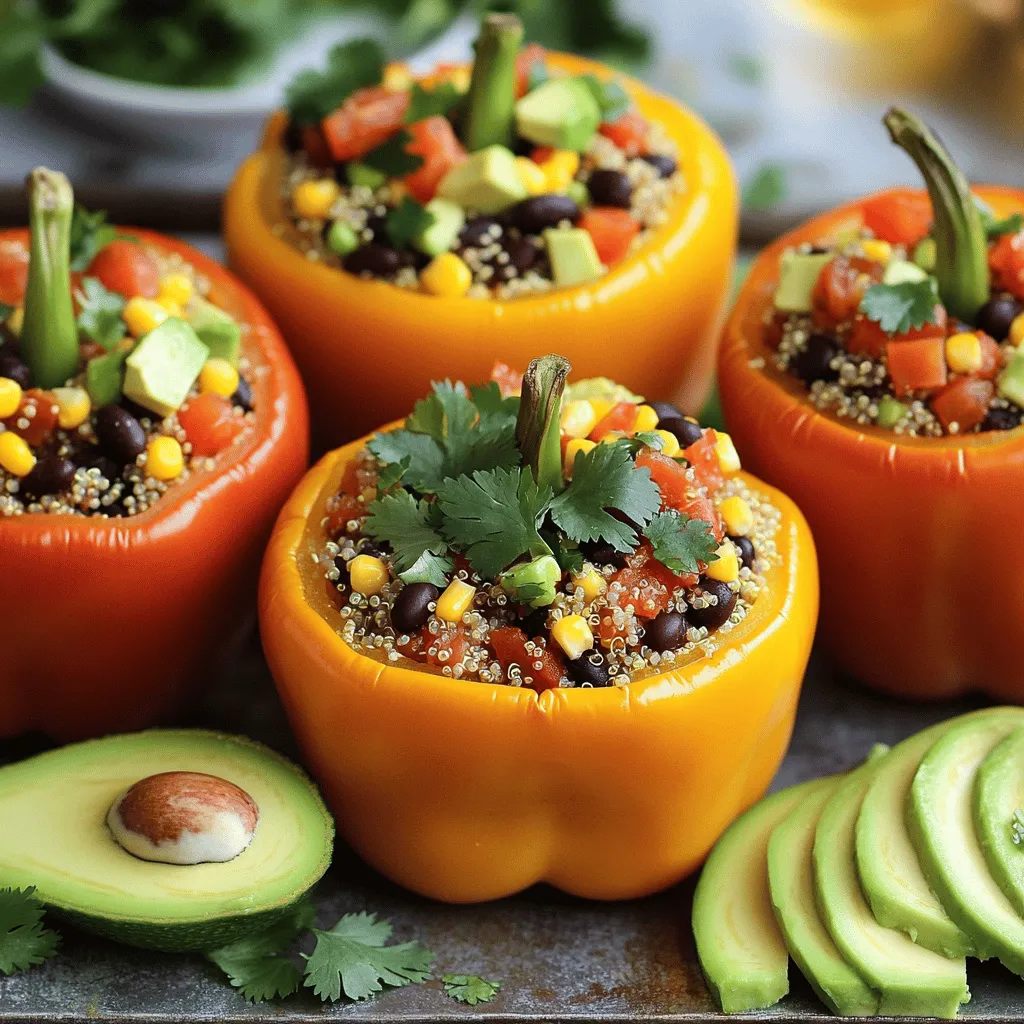 - 4 large bell peppers - 1 cup cooked quinoa - 1 can black beans (15 oz) - 1 cup corn kernels - 1 medium onion, diced - 2 cloves garlic, minced - 1 teaspoon ground cumin - 1 teaspoon smoked paprika - ½ teaspoon chili powder - Salt and pepper to taste When I make Vegan Quinoa Stuffed Peppers, I love how easy it is to gather the ingredients. You start with four large bell peppers. Choose red, yellow, or green for a colorful dish. The quinoa adds a nice texture and is packed with protein. You need one cup of cooked quinoa, which you can prepare in advance. Next, you will grab a can of black beans. Rinsing and draining them is key to getting rid of excess salt. The beans provide a great source of fiber and protein. To add sweetness, I include one cup of corn kernels. Fresh or frozen works great. For flavor, I use one medium onion, diced finely, and two cloves of garlic, minced. The onion becomes soft and sweet when cooked. Garlic adds a nice kick. Finally, spices bring the dish to life. You need one teaspoon of ground cumin and one teaspoon of smoked paprika. These spices add depth and warmth. A little chili powder, about half a teaspoon, gives it a mild heat. Adjust the salt and pepper to suit your taste. These simple ingredients create a dish that is not only tasty but also healthy. For the full recipe, check the link. Enjoy making this vibrant meal! - Preheat the oven to 375°F (190°C). - Cut off the tops and remove seeds and membranes. Start by preheating your oven. This step is key for even cooking. Next, take your bell peppers. Choose any colors you like; they make your plate pop! Cut off the tops carefully. Then, scoop out the seeds and membranes. This ensures your peppers are ready to hold the tasty filling. - Sauté onion and garlic in olive oil. - Combine quinoa, black beans, corn, and spices. In a skillet, heat a bit of olive oil. Once hot, add diced onion. Cook it until it turns soft and clear, around 3-4 minutes. Then, add minced garlic and cook for one more minute. This brings out the flavors. Next, add your cooked quinoa, black beans, corn, and spices. Stir it all together. Let it cook for about 5 minutes. This allows the flavors to mix well. - Stuff the mixture into bell peppers. - Cover with foil and bake for 30 minutes. Now comes the fun part! Take the quinoa mixture and spoon it into each pepper. Press down gently to pack it in well. Place the stuffed peppers in a baking dish. Cover the dish with aluminum foil. Bake for 30 minutes. This helps the peppers soften and cook perfectly. After 30 minutes, you can remove the foil and bake for another 10-15 minutes. This step gives a nice finish to the peppers. For the full recipe, check the details above. Enjoy your cooking! Choosing the right bell pepper colors can make your dish pop. I love using red, yellow, and green peppers. They not only look great but also add different flavors. Fresh ingredients always taste best. However, using canned beans can save time without losing flavor. Just rinse them well to reduce sodium. You can take your stuffed peppers to the next level. Adding avocado slices on top gives a creamy finish. A drizzle of tahini sauce adds a rich flavor, too. If you enjoy heat, adjust the chili powder to your liking. You can even add hot sauce for an extra kick. Cooking at high altitudes can change baking times. You may need to increase the bake time for softer peppers. If you want firmer peppers, reduce the time by a few minutes. Always check for tenderness by poking a pepper with a fork. This way, you can ensure your stuffed peppers are just right. {{image_4}} You can switch up the beans in your stuffed peppers. Try kidney beans or pinto beans for a different taste. Both add great flavor and nutrition. If you want more protein, add tofu or tempeh. Just cube them and cook them before mixing them into your filling. This way, you boost the protein and keep your meal satisfying. Not a fan of quinoa? You can use farro, couscous, or even rice instead. Each grain brings a unique texture and flavor. Farro gives a chewy bite, while couscous cooks quickly. If you need gluten-free options, try brown rice or millet. Both work well and are easy to find. Feel free to add more veggies to your mix. Zucchini or spinach can pack in extra nutrients. Just chop them up and stir them into the filling. You might also want to try different cheese alternatives. Nutritional yeast gives a cheesy flavor without dairy. It’s a fun way to change up your dish. For the full recipe, check the earlier sections! To store leftovers effectively, let the stuffed peppers cool first. Place them in an airtight container. This keeps them fresh for up to four days. When you want to eat them again, reheat the peppers in the oven. Set the oven to 350°F (175°C). Heat for about 20 minutes or until warm throughout. You can also microwave them. Just cover with a damp paper towel to keep moisture in. Heat for 2 to 3 minutes, checking often. If you want to freeze stuffed peppers, follow these simple steps: 1. Allow the cooked peppers to cool completely. 2. Wrap each pepper in plastic wrap. 3. Place them in a freezer-safe bag or container. 4. Label with the date and type of pepper. To thaw and cook from frozen, remove them from the freezer. Place them in the fridge overnight or use the microwave. Once thawed, reheat in the oven at 350°F (175°C) for 30 minutes, covered with foil. This helps keep them moist. In the fridge, your vegan quinoa stuffed peppers last about four days. After that, they may spoil. Look for signs like a sour smell or a change in color. If the peppers feel slimy or mushy, it’s best to toss them. Always trust your senses when checking for freshness. Yes, you can prep these stuffed peppers a day before. Start by cooking the quinoa and making the filling. Stuff the peppers, then cover them tightly. Place them in the fridge overnight. When you are ready to cook, just pop them in the oven. This saves time on busy days. Yes, these stuffed peppers are gluten-free. The main ingredients, like quinoa and beans, contain no gluten. Always check your labels to ensure other ingredients, like canned tomatoes, are also gluten-free. This way, you can enjoy these peppers worry-free. You can serve these stuffed peppers with a fresh salad or some crispy veggies. A simple green salad with lemon dressing pairs well. You can also add guacamole for a creamy touch. Rice or quinoa on the side can make the meal heartier. To check if the peppers are done, look for tenderness. They should feel soft when you poke them with a fork. The filling should be hot and flavors melded. If you want a bit of char, bake them uncovered for a few extra minutes at the end. Vegan quinoa stuffed peppers are simple and tasty. We covered main ingredients like bell peppers, quinoa, and black beans. You learned how to prep, stuff, and bake them to perfection. Tips like adding fresh toppings enhance flavor and look. You can swap ingredients for variety or adjust cooking times for your needs. Remember to store leftovers well or freeze them for later. Enjoy making this dish to nourish yourself and your loved ones. Happy cooking!