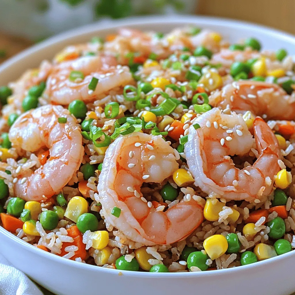 - 2 cups cooked jasmine rice - 1 pound large shrimp, peeled and deveined - 2 tablespoons vegetable oil - 3 tablespoons soy sauce - 1 tablespoon oyster sauce (optional) For this dish, jasmine rice is key. It gives a lovely aroma and texture. I prefer using day-old rice. It helps prevent clumping during cooking. Freshly cooked rice tends to be too sticky. - 1 cup mixed frozen vegetables (peas, carrots, corn) - 2 cloves garlic, minced - 2 large eggs, lightly beaten - 3 green onions, finely chopped (divide the white and green parts) Adding mixed vegetables not only makes the dish colorful but also adds nutrition. Garlic gives a nice savory touch. Eggs add richness and protein. - Salt and pepper to taste - 1 teaspoon sesame oil (for drizzling at the end) Finishing with sesame oil adds a lovely nutty flavor. Green onions provide freshness and a pop of color. Adjust salt and pepper to your liking. For the Full Recipe, be sure to check the cooking steps. You'll find tips to make your fried rice a hit! Using chilled or day-old rice is key. Fresh rice can be too wet and sticky. Chilling rice helps it firm up. This means it won't clump together while cooking. Spread your cooked rice on a tray and refrigerate it for a while. This small step makes a big difference in texture. For the shrimp, you want to choose large ones. Peel and devein them first. Heat up a skillet and add a tablespoon of vegetable oil. When the oil is hot, add the shrimp. Season them lightly with salt and pepper. Cook until they turn pink and opaque. This should take about 2-3 minutes. Remove the shrimp from the skillet and set them aside. Next, sauté your vegetables. In the same skillet, add another tablespoon of vegetable oil. Toss in minced garlic and the white parts of the green onions. Cook for about 30 seconds. You want the garlic to smell good but not burn. After that, add your mixed frozen vegetables. Stir-fry for 2-3 minutes until they are bright and hot. Now it's time to scramble the eggs. Push the veggies to one side of the skillet. Pour in the beaten eggs on the other side. Stir them until fully cooked, then mix them with the veggies. This adds protein and richness to your dish. Add your chilled jasmine rice to the skillet now. Break apart any clumps with a spatula. Mix well to combine everything. You want the rice evenly distributed. Once combined, it's time to bring back the shrimp. Pour in the soy sauce and optional oyster sauce. Stir continuously to coat everything well and heat through. For the final touches, drizzle sesame oil over the fried rice. Mix it in gently to add flavor. Taste and adjust with more salt or pepper if needed. Finally, fold in the green parts of the chopped green onions. This adds a fresh crunch and bright color. Serve your shrimp fried rice warm. You can place it in a large bowl or plate it individually. For a nice touch, garnish it with extra chopped green onions and sesame seeds. This makes your dish look and taste even better. For the complete recipe, check out the Full Recipe section. Using the right rice is key. Day-old rice works best. Fresh rice can be sticky. You want your rice grains to stay separate. If you must use fresh rice, cool it down first. Spread it out on a tray. This helps avoid mushy fried rice. Want to boost your shrimp fried rice? Try adding more seasonings. A splash of fish sauce adds umami. You can also toss in some chili flakes for heat. Fresh herbs like cilantro can brighten the dish. Consider adding a squeeze of lime for a zesty kick. You can mix in other veggies like bell peppers or snap peas for crunch. The right tools make cooking easier. A large skillet or wok is best for frying rice. It provides enough space for even cooking. A spatula helps in stirring and breaking rice clumps. A wooden spoon is great for mixing ingredients. If you want to splurge, a non-stick pan can make clean-up simple. For the full recipe, check out the earlier section! {{image_4}} If you want to change up your shrimp fried rice, try other proteins. Chicken, tofu, or beef can give you a new taste. For chicken, use boneless, skinless pieces. Cook them in the same way as the shrimp until they are golden. For tofu, use firm tofu, cut into cubes. Sauté it until crispy. Beef works well too; choose flank or sirloin. Thinly slice it and cook until just done. Each protein brings a unique flavor to the dish. You can easily make this dish vegetarian or vegan. Replace shrimp with tofu or tempeh. You can also add more veggies like bell peppers, broccoli, or mushrooms. Use soy sauce or tamari for a vegan option. Instead of eggs, try scrambled chickpea flour or silken tofu. These swaps keep the meal hearty and satisfying. You still get that tasty fried rice experience without animal products. Many cultures have their twist on fried rice. In Thailand, they often use basil and chili for a spicy kick. In Indonesia, they make Nasi Goreng, which includes sweet soy sauce and fried shallots. Each version highlights local flavors and ingredients. Exploring these variations can inspire your own recipe. Try adding unique spices or sauces to create your special dish. This way, every meal can be an adventure! For the full recipe, check out the details on shrimp fried rice. To keep your shrimp fried rice fresh, store it in an airtight container. Make sure the rice cools to room temperature before sealing it. Place it in the fridge for up to three days. For best results, use a shallow container to help it chill faster. This way, the rice stays tasty and safe to eat. When you reheat fried rice, keep the texture in mind. The best way is to use a skillet. Heat a little oil over medium heat. Add the cold rice and stir it often. This helps keep it fluffy. You can also add a splash of water to steam it a bit. If you're short on time, use a microwave. Just cover the bowl with a damp paper towel to keep it moist. If you want to freeze your fried rice, use freezer-safe bags or containers. Portion out the rice into smaller amounts for easy meals later. Remove as much air as you can to prevent freezer burn. It will stay good for about three months. When you're ready to eat, thaw it in the fridge overnight. Then, reheat it in a skillet or microwave for quick meals. I find that jasmine rice is the best choice. It has a nice, nutty flavor and a fluffy texture. The grains stay separate when you cook them. You can use other rice types, but they may not work as well. Long-grain rice is a good option too. Avoid sticky rice, as it clumps together and makes it hard to fry. Yes, you can! This dish is great for meal prep. Cook the rice beforehand and let it cool. Store it in the fridge for up to three days. You can cook the shrimp and veggies ahead too. Just reheat them when you are ready to mix everything together. This makes your cooking quick and easy. You can easily make this dish gluten-free. Swap regular soy sauce for gluten-free soy sauce or tamari. You can also use coconut aminos for a sweeter taste. Be sure to check the labels on your sauces. Some may contain gluten, so always read carefully. If you want to try something different, there are many options. Chicken, beef, or tofu can work well. For seafood lovers, scallops or crab are tasty choices. You can also use vegetables like bell peppers and mushrooms for a veggie-packed dish. Just cook them until tender before adding them to the rice. For the full recipe, check out the [Full Recipe]. In this article, we explored how to make delicious Chinese-style shrimp fried rice. We covered essential and optional ingredients, step-by-step instructions, helpful tips, and variations. With the right rice, fresh shrimp, and careful cooking, you can create a meal full of flavor. Don't forget to store leftovers properly or try alternate proteins for variety. Enjoy your cooking journey, and remember, practice makes perfect!