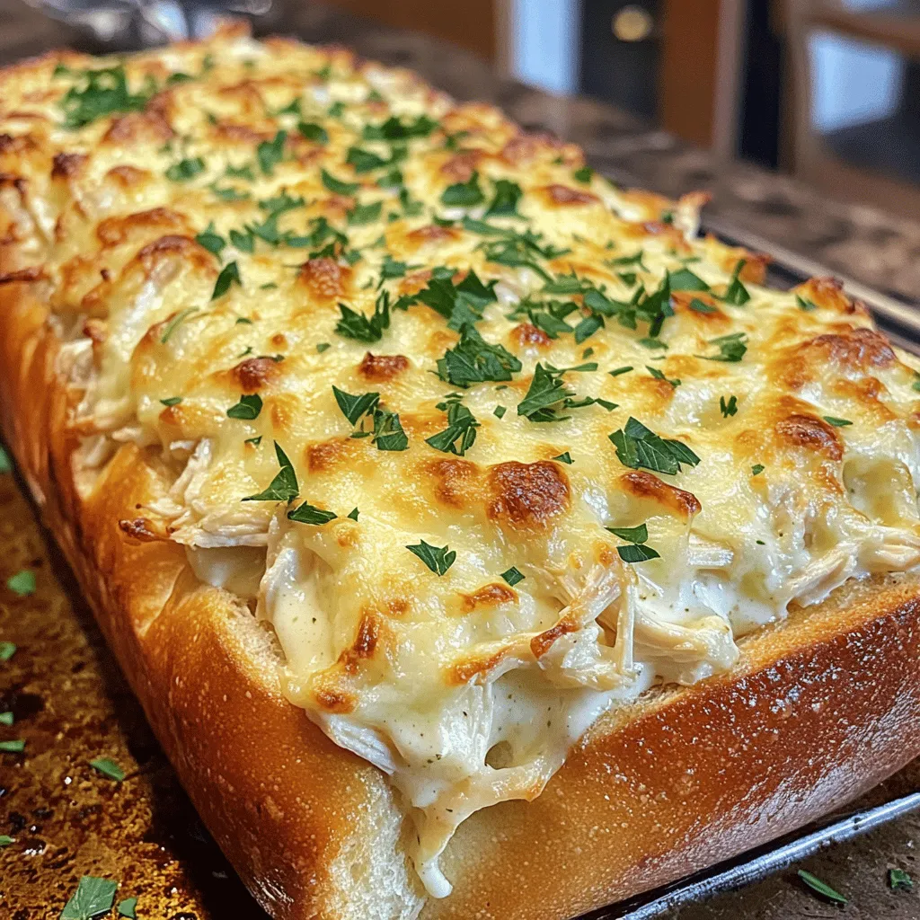 - 1 large loaf of French bread - 2 cups cooked chicken, shredded - 1 cup Alfredo sauce (store-bought or homemade) - 1 cup mozzarella cheese, shredded - 1/2 cup Parmesan cheese, grated - 4 cloves garlic, minced - 1 tablespoon fresh parsley, chopped - Salt and pepper to taste Let’s dive into what makes this dish shine. The main ingredients are simple yet packed with flavor. The large loaf of French bread serves as the perfect base. Its crusty outside keeps the filling warm and gooey inside. Using cooked chicken helps save time. You can use leftovers or buy a rotisserie chicken. The Alfredo sauce brings a creamy richness. It can be store-bought for convenience or homemade for a personal touch. Now, let’s talk about cheese and seasoning. Mozzarella cheese melts beautifully, adding that stretchy goodness we crave. Parmesan cheese adds a sharp, nutty flavor that pairs well with the other ingredients. Minced garlic gives a punch of flavor. It blends with the butter for a tasty garlic spread. Fresh parsley adds a pop of color and freshness. Don't forget to season with salt and pepper to taste. These small touches make a big difference! For a full list of how to prepare this delightful dish, check out the Full Recipe. 1. Preheat the oven: Start by preheating your oven to 375°F (190°C). This step is key for even baking. 2. Prepare the garlic butter: In a small bowl, mix softened butter, minced garlic, and parsley. Blend well to create a tasty garlic butter. 1. Mix the chicken and Alfredo: In a medium bowl, combine shredded chicken, Alfredo sauce, mozzarella, and half of the Parmesan. Mix until smooth and add salt and pepper to taste. 2. Slice the bread and spread garlic butter: Use a sharp knife to slice the French bread in half lengthwise, keeping the bottom intact. Spread the garlic butter generously on both halves. 1. Fill and top the bread: Spoon the chicken Alfredo mixture onto the bottom half of the bread. Spread it evenly to the edges. Add more Parmesan and mozzarella on top for extra flavor. 2. Wrap and bake the bread: Place the top half back on and wrap the bread in aluminum foil. Bake it in the preheated oven for 15-20 minutes. This helps blend the flavors and warms the bread nicely. For more detailed instructions, check the Full Recipe. Using homemade Alfredo sauce adds a rich taste. It allows you to control the creaminess and garlic level. You can make it with butter, cream, and cheese. This gives your stuffed garlic bread a fresh and tasty kick. Adjusting garlic and cheese levels can also boost flavor. If you love garlic, add more minced cloves. For cheese lovers, increase the mozzarella. Experiment with different amounts to find your perfect balance. Timing is key for the best texture. Bake the bread wrapped in foil first. This keeps it soft while the filling warms up. Then, unwrap it to toast the top. This creates a nice crispy layer. To keep the bread soft, don't skip wrapping it in foil. This simple step traps moisture. It helps ensure that every bite stays tender and delicious. Pair the stuffed garlic bread with fresh salad. A crisp Caesar or garden salad complements the rich flavors. You can also serve it with marinara sauce for dipping. This adds a fun twist to each bite. For gatherings, slice the bread into small pieces. Arrange them on a platter for easy serving. Garnish with parsley for a pop of color. This makes your dish look special and inviting. {{image_4}} You can make a tasty vegetarian version of this dish. Instead of chicken, use a mix of colorful veggies. Bell peppers, zucchini, or spinach work well. You can also add mushrooms for a nice texture. For sauces, try pesto or a rich tomato sauce. These options keep the dish flavorful and satisfying. If you like heat, add red pepper flakes to the filling. This simple change adds a nice kick. For a heartier option, use spicy chicken or sausage. The added spice makes each bite exciting. Just adjust the amount based on your heat preference. You can turn this dish into a spicy delight that warms your soul. Experiment with different types of bread for a new taste. Use ciabatta, sourdough, or even whole wheat bread. Each type gives a unique flavor and texture. Just remember to adjust cooking times. Thicker bread may need a few extra minutes in the oven. This way, you can enjoy a variety of flavors with every meal. To store your Chicken Alfredo stuffed garlic bread, wrap it tightly in plastic wrap or aluminum foil. This helps keep it fresh and prevents it from drying out. You can also place it in an airtight container. In the fridge, it lasts for about 3 to 4 days. If you want to enjoy it later, freezing is a great option. When you reheat leftovers, you want to keep the bread soft and the filling warm. Preheat your oven to 350°F (175°C). Unwrap the bread and place it on a baking sheet. Cover it lightly with foil to keep it moist. Heat for about 10-15 minutes or until warmed through. You can also use a microwave, but this may make the bread a bit chewy. You can freeze the stuffed garlic bread before or after baking. If freezing before baking, wrap it tightly and store it in the freezer. It can last up to 3 months. When ready to bake, thaw it in the fridge overnight, then bake as directed. If you bake it first, cool it completely before wrapping and freezing. To reheat, thaw in the fridge overnight, then follow the reheating instructions above for the best results. Yes, you can prepare this dish ahead of time. You can mix the filling and store it in the fridge. Just make sure to store the garlic butter and bread separately. When you are ready to bake, simply spread the garlic butter and fill the bread. This way, your Chicken Alfredo stuffed garlic bread will taste fresh! If you want a change, there are great options! You can use white sauce or a creamy cheese sauce. For a lighter touch, consider using a ranch dressing. Each option adds its unique flavor, so feel free to explore. Just remember, the key is to keep it creamy! Absolutely! Kids love cheesy, gooey foods. To make it even more appealing, you can cut the bread into smaller pieces. You can also let them help with the filling. They'll enjoy making their own creations. Plus, who can resist that warm garlic bread? You now have a clear plan for making delicious Chicken Alfredo Stuffed Garlic Bread. We covered the main ingredients like French bread and shredded chicken. You learned step-by-step how to prepare, fill, and bake the bread. We also shared tips for storage, reheating, and variations to suit your taste. Enjoy trying this recipe. It’s simple, fun, and great for sharing. Your family and friends will love it. Happy cooking!