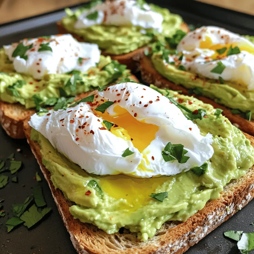 To create a delicious avocado toast with poached egg, you will need the following ingredients: - 2 ripe avocados - 4 slices of hearty whole-grain or crusty sourdough bread - 4 large eggs - 1 tablespoon white vinegar - 1 tablespoon fresh lemon juice - Salt and freshly ground black pepper to taste - A pinch of crushed red pepper flakes (optional for a kick) - Fresh herbs such as cilantro or parsley for a vibrant garnish - Extra virgin olive oil for drizzling Having the right tools makes cooking easier. Here’s what you need for this recipe: - A medium-sized saucepan for poaching eggs - A slotted spoon for removing poached eggs - A mixing bowl for the avocado spread - A fork for mashing the avocado - A toaster for your bread - A cutting board and knife for slicing avocados Choosing ripe avocados is key to great flavor. Here are some tips: - Look for avocados that feel slightly soft when you gently squeeze them. - The skin should be dark green or black, depending on the variety. - Avoid avocados with large dark spots or cracks. - If they are hard, leave them at room temperature for a few days to ripen. Using the right ingredients and tools helps you make the best avocado toast with poached egg. For the full recipe, check out the detailed steps provided in the recipe section. Start by toasting the bread. I like using whole-grain or sourdough. Toast the slices until they are golden brown and crisp. This step adds texture and flavor. Once toasted, set the slices aside on a plate. Make sure they stay warm for the next steps. Next, let's poach the eggs. Fill a medium saucepan with water and bring it to a gentle simmer. Add one tablespoon of white vinegar. This helps the eggs hold their shape while cooking. Crack each egg into a small dish first. Gently slide the eggs into the simmering water. Create a gentle whirlpool with a spoon to help them cook evenly. Poach for 3-4 minutes for a runny yolk. Adjust the time if you want a firmer egg. Use a slotted spoon to lift the eggs out of the water. Let the excess water drain off, then place them on a paper towel. Now it's time to make the avocado spread. Cut the ripe avocados in half and remove the pits. Scoop the flesh into a bowl. Add one tablespoon of fresh lemon juice. Season with salt and pepper to taste. Mash the mixture with a fork. I like it creamy but with some chunks for texture. Spread this mixture generously over each slice of toasted bread. Each bite should be packed with flavor. Now, place a poached egg on top of each avocado-covered slice. Drizzle a bit of extra virgin olive oil on top. If you want some heat, add crushed red pepper flakes. Finish with fresh herbs for a pop of color. You can find the full recipe [here](#). To make the perfect poached egg, keep the water at a gentle simmer. If the water boils too hard, the eggs can break apart. I add a tablespoon of white vinegar to help the eggs hold their shape. For a runny yolk, poach the eggs for 3 to 4 minutes. If you want a firmer yolk, extend the time by a minute. After cooking, use a slotted spoon to remove the eggs and place them on a paper towel. This helps drain any extra water. Choosing the right bread is key for great avocado toast. I prefer hearty whole-grain or crusty sourdough. These breads give a nice crunch and hold the toppings well. Toast the bread until it's golden brown. This adds a wonderful texture. For a fun twist, try adding a sprinkle of garlic powder on the bread before toasting for added flavor. Seasoning can elevate your toast. I always add salt and freshly ground black pepper to the mashed avocado. For a kick, try a pinch of crushed red pepper flakes. You can also mix in fresh herbs like cilantro or parsley for extra color and taste. A drizzle of extra virgin olive oil adds richness. These simple touches turn your avocado toast into a gourmet dish. For more ideas, check out the Full Recipe for other variations! {{image_4}} You can add many proteins to your avocado toast. Try crispy bacon for a savory crunch. Smoked salmon gives a nice, rich taste. Grilled chicken can also work well for a filling meal. For a twist, add some tofu for a plant-based option. Each protein brings a unique flavor that enhances your dish. Toppings can change your avocado toast game. Try sliced radishes for a crunchy bite. Cherry tomatoes add a juicy sweetness. A sprinkle of feta cheese gives a creamy touch. You can also use a drizzle of balsamic glaze for a tangy finish. Don’t forget fresh herbs like cilantro or basil for extra flavor! If you want a vegan version, skip the egg and cheese. Use a nut-based spread for creaminess. You can also add sliced cucumbers and sprouts for fresh crunch. Nutritional yeast gives a cheesy flavor without dairy. This way, you enjoy a tasty and plant-based meal. To keep your leftover avocado fresh, place it in an airtight container. Add a few drops of lemon juice to slow browning. Press plastic wrap directly onto the avocado surface. This helps limit air exposure. Store it in the fridge for up to two days. If it turns brown, just scoop off the top layer. The green part is still good! Storing toast can be tricky. If you have leftover toast, let it cool completely. Place it in a paper towel to absorb moisture. Then, keep it in a resealable bag. This helps prevent sogginess. Toast will last for one day at room temperature. For longer storage, freeze the slices. Just be sure to toast them again before eating. To reheat toasted bread, use your toaster or an oven. Toast the slices until they are warm and crispy. Avoid the microwave, as it makes bread chewy. For leftover avocado, mash a fresh avocado and mix it in. This adds creaminess and flavor back. Enjoy your avocado toast warm for the best taste! You can make avocado toast healthier by using whole-grain bread. Whole grains have more fiber, which is good for digestion. You can also reduce the amount of olive oil you drizzle on top. Instead of extra oil, try adding fresh veggies. Sliced tomatoes or radishes can add flavor and nutrients. Using less salt can also be a good idea. Experiment with herbs and spices for taste without extra sodium. Yes, you can prepare some parts ahead of time. You can mash the avocado and store it in the fridge. Just add lemon juice to keep it fresh and bright. You can also toast the bread in advance. Keep it in an airtight container to stay crispy. However, poached eggs are best when fresh. Make them right before serving for the best taste and texture. Avocado toast pairs well with many sides. A fresh salad adds color and crunch. You can choose greens like arugula or spinach. Smoothies are a great choice too. A fruit smoothie can add vitamins and energy. If you want protein, a side of yogurt works nicely. You can also serve it with sliced fruits like berries or bananas for a balanced meal. Avocado toast with a poached egg is simple yet satisfying. We covered ingredients, tools, and tips to select avocados. I shared easy, step-by-step instructions for perfecting your toast and eggs. Enhancing flavors with seasonings and trying varied toppings allows for creativity. Proper storage keeps your leftovers fresh. Make your avocado toast healthier and plan ahead for meals. With these tips, you’ll enjoy every bite. Now, get cooking and enjoy this tasty dish!
